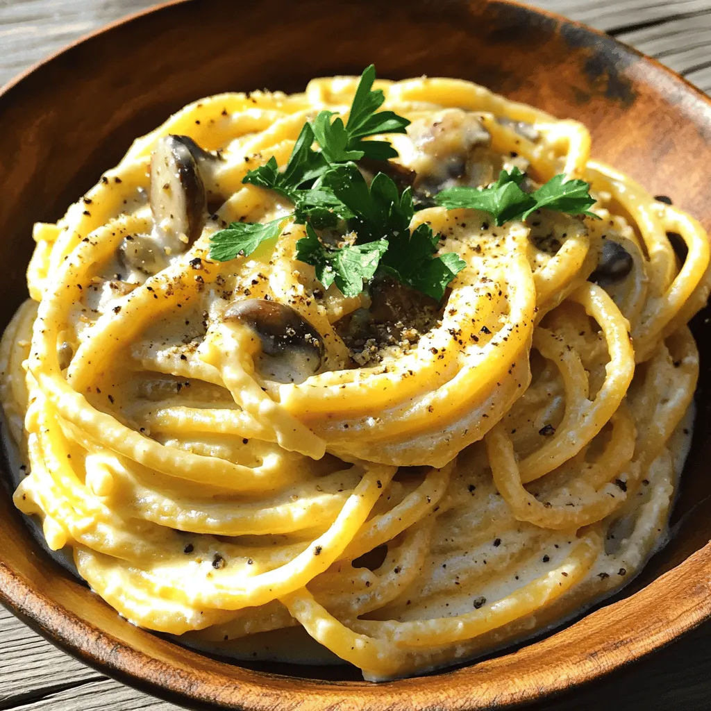 To make a delightful Spaghetti Carbonara, gather these simple ingredients: - 12 oz spaghetti - 1 cup raw cashews (soaked for at least 4 hours) - 2 cups vegetable broth - 1 tablespoon nutritional yeast - 2 tablespoons olive oil - 1 small onion, finely chopped - 2 cloves garlic, minced - 1 teaspoon smoked paprika - 1 teaspoon black salt (or regular salt) - 1 cup mushrooms, diced (preferably shiitake or cremini) - ¼ cup fresh parsley, chopped (for garnish) - Freshly cracked black pepper to taste These ingredients create a creamy, vegan twist on the classic dish. The raw cashews form the base of the sauce, giving it a rich texture. Nutritional yeast adds a cheesy flavor without dairy. The combination of onions, garlic, and mushrooms enhances the overall taste. The smoked paprika and black salt provide depth to the dish. Using fresh parsley and black pepper as garnishes brings brightness and flavor to your plate. Enjoy cooking with these ingredients! You can find the full recipe to guide you through the steps. - Bring a large pot of salted water to a rolling boil. - Add 12 oz of spaghetti and cook it until al dente, usually about 8-10 minutes. - Before draining, reserve 1 cup of pasta water. This helps later. - In a high-speed blender, add 1 cup of soaked cashews, 2 cups of vegetable broth, and 1 tablespoon of nutritional yeast. - Blend until smooth and creamy. If it's too thick, add a little reserved pasta water until you like the texture. - Heat 2 tablespoons of olive oil in a large skillet over medium heat. - Add 1 small chopped onion and 2 minced garlic cloves. Cook for 3-4 minutes until soft. - Then, add 1 cup of diced mushrooms. Cook for another 5-7 minutes until they are golden brown. - Pour the cashew cream into the skillet with the onions and mushrooms. - Stir well and let it simmer for a few minutes to heat through. - Toss the drained spaghetti into the skillet and mix it well with the creamy sauce. - Use the reserved pasta water to adjust the creaminess to your liking. - Garnish with ¼ cup of chopped parsley and freshly cracked black pepper before serving. Enjoy this creamy delight with your loved ones! For the complete recipe, check out the [Full Recipe]. - Soak cashews for at least four hours. This helps them soften and blend smoothly. - Use a high-speed blender for the best results. It makes the cream silky and rich. - Season with plenty of freshly cracked black pepper. It adds a nice kick to your dish. - Balance flavors by tasting as you go. Adjust with more salt or pepper if needed. - Try serving with a simple green salad. It adds freshness and crunch. - Pair with a light white wine. A crisp Sauvignon Blanc works well with the creamy flavor. For a full recipe and detailed steps, check out the [Full Recipe]. {{image_4}} You can add protein to your Spaghetti Carbonara in many ways. If you're vegan, try using chickpeas or tofu. Both add a nice texture and boost protein. For meat lovers, pancetta or guanciale are classic choices. They bring a rich, savory flavor. You can also use bacon as a more common option. Just remember to cook it until crispy for the best results. Adding vegetables gives your dish a fresh twist. Seasonal vegetables work great here. Think about using zucchini, spinach, or asparagus. These veggies add color and nutrition. You can also mix in your favorite vegetables. Don’t be afraid to experiment! Just chop them small, and add them when you sauté the onions and garlic. This way, they cook well and blend in with the sauce. If you're gluten-free, choose gluten-free spaghetti. Many brands make great options that taste just like regular pasta. For those with nut allergies, you can replace the cashew cream. Use silken tofu blended with vegetable broth instead. This keeps the creamy texture without the nuts. Remember, you can always adjust the flavors to suit your taste. Try these variations to make your Spaghetti Carbonara your own. Each twist offers a new flavor and experience. Check the Full Recipe for the basics, and let your creativity shine! For leftover spaghetti carbonara, first let it cool. Place it in an airtight container. This helps keep the dish fresh. Store it in the fridge for up to three days. If you want to freeze it, use a freezer-safe container. It can last for up to three months if frozen. To reheat spaghetti carbonara, use the stovetop for best texture. Heat a skillet over low heat. Add the pasta and a splash of water. Stir gently until warm. This helps keep the creamy sauce smooth. If the dish seems dry, add a bit more water or vegetable broth. This will bring back its original taste and texture. Enjoy your carbonara just like the first time! Traditional Spaghetti Carbonara uses simple and flavorful ingredients. You will find spaghetti, eggs, cheese, guanciale (pork), and black pepper. The heat from the spaghetti cooks the eggs, making a creamy sauce. This dish comes from Rome and is loved for its rich taste. Yes! You can use other ingredients for creaminess. Try using silken tofu or coconut cream as a base. These options give a rich and smooth texture, just like cashews. Another choice is to use dairy like heavy cream or cream cheese if you prefer. To thicken your carbonara sauce, use less liquid when blending. You can gradually add more if needed. Another tip is to cook the sauce longer over low heat. This helps evaporate some liquid, making it thicker. Always stir well to avoid burning. Absolutely! You can make it ahead of time and store it in the fridge. Just keep the sauce separate from the pasta until serving. This way, the pasta won't get soggy. Reheat gently on the stove, adding a splash of water for moisture. Adjusting spice is easy! If you want more heat, add crushed red pepper flakes. You can also use spicy cheese or sausage. To decrease spice, simply use less black pepper. Taste as you go to find the right balance for you. You can find the Full Recipe for a creamy vegan twist on this classic dish. Enjoy! In this blog post, we covered how to make a delicious cashew cream spaghetti dish. You learned about key ingredients, cooking steps, and tips for flavor. We explored ways to customize the recipe with proteins and vegetables. Remember to store leftovers properly for the best taste. This dish is not just tasty but flexible, fitting many diets. By trying these methods, you can create a meal that suits your needs perfectly. Enjoy your cooking adventure!