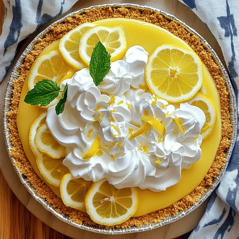 To make a tasty No Bake Lemon Icebox Pie, gather these key ingredients: - 1 ½ cups graham cracker crumbs - ½ cup unsalted butter, melted - 1 cup sweetened condensed milk - ½ cup freshly squeezed lemon juice - 2 tablespoons lemon zest (preferably from organic lemons) - 1 teaspoon pure vanilla extract - 1 cup heavy whipping cream - 2 tablespoons powdered sugar - Fresh mint leaves and lemon slices for garnish (optional) You can swap some ingredients for a different taste or dietary needs: - For graham cracker crumbs, use crushed cookies or digestive biscuits. - Instead of sweetened condensed milk, try coconut cream or a vegan option. - If you want less sweetness, use Greek yogurt mixed with honey. - Use dairy-free whipping cream for a vegan version of this pie. Selecting the best ingredients makes your pie shine. Here are some tips: - Choose fresh lemons for the best juice and zest. Organic lemons offer better flavor. - Look for high-quality sweetened condensed milk; it should be thick and creamy. - Use unsalted butter for better control of the pie’s overall taste. - For the whipping cream, select heavy cream with a high fat content for fluffiness. Using fresh, quality ingredients enhances the flavor and texture. Dive into the full recipe and enjoy this refreshing dessert! Start with the crust. In a medium bowl, mix 1 ½ cups of graham cracker crumbs with ½ cup of melted unsalted butter. Stir until the crumbs look like wet sand. This step is key for a good crust. Next, press the crumb mixture firmly into a 9-inch pie pan. Make sure it covers the bottom and sides evenly. This helps the filling stay in place. Once done, chill the crust in the fridge while you make the filling. Now, let’s make the lemon filling. In a large bowl, whisk together 1 cup of sweetened condensed milk, ½ cup of freshly squeezed lemon juice, 2 tablespoons of lemon zest, and 1 teaspoon of pure vanilla extract. Whisk until the mixture is smooth and all the ingredients blend well. This filling has a bright and tangy flavor that shines through. Next, we need to make the whipped cream. In a separate bowl, use an electric mixer to whip 1 cup of heavy cream with 2 tablespoons of powdered sugar. Beat until stiff peaks form. This means the cream is fluffy and light. Now, carefully fold the whipped cream into the lemon mixture in batches. Use gentle motions so you don’t lose the airiness. Once combined, pour the filling into your chilled crust. Smooth the top with a spatula. Cover with plastic wrap and refrigerate for at least 4 hours. The pie needs to set firm. For the full recipe, check out the details above. To get a fluffy filling, whip the heavy cream until you see stiff peaks. This means the cream holds its shape well. After that, gently fold it into the lemon mix. Use a spatula and make slow motions to keep the air in. This step is key for a light, airy texture. If you mix too hard, the filling could become dense. One common mistake is not chilling the crust enough. If the crust is warm, it will not hold up. Another mistake is overmixing the filling after adding the whipped cream. This will make it flat and heavy. Lastly, always use fresh lemon juice. Bottled juice lacks the zing that fresh juice brings to the pie. Serve your No Bake Lemon Icebox Pie cold for the best taste. Top each slice with fresh mint leaves and a lemon slice for a pop of color. You can also pair it with a dollop of extra whipped cream on the side. This adds a creamy touch that balances the tartness of the lemon. For more ideas, check out the Full Recipe for fun variations! {{image_4}} You can change the flavor of your icebox pie easily. Try using lime juice instead of lemon juice. This gives a nice twist. You can also use orange juice for a sweeter taste. Blend in some berries, like strawberries or blueberries, for a fruity kick. Just swap out some lemon juice for berry puree. Each option offers a fresh take on the classic pie. If you want a lighter version, use low-fat cream cheese instead of heavy cream. You can also replace sweetened condensed milk with coconut milk for a dairy-free option. For the crust, use almond flour instead of graham crackers. This adds a nutty taste and makes it gluten-free. Choose organic ingredients whenever possible for better flavor and nutrition. Mini icebox pies are fun and easy to make. Use a muffin tin or small ramekins for individual servings. Press the crust mixture into each cup, and fill with the lemon mixture. Adjust the chilling time to about 2 hours for these smaller pies. They are perfect for parties or picnics. Garnish each mini pie with a small slice of lemon or a sprig of mint. You can find the full recipe [here](#). To keep your No Bake Lemon Icebox Pie fresh, cover it tightly. Use plastic wrap or a lid to seal it well. Store it in the fridge. This keeps the pie cool and tasty. Make sure to place it on a flat shelf. This helps avoid any spills or mess. You can freeze this pie for later enjoyment. First, wrap it in plastic wrap. After that, place it in a freezer-safe container. This helps prevent freezer burn. When you want to eat it, thaw it in the fridge overnight. Never refreeze once it has thawed. The texture might change, and that’s not what we want! The pie can last up to five days in the fridge. Check for any signs of spoilage, like an off smell or color change. If it looks or smells strange, it’s best to toss it. For frozen pie, use it within three months for the best taste. Mark your container with the date. This way, you will know when to enjoy your refreshing treat! For the complete recipe, check out the Full Recipe section. Yes, you can use bottled lemon juice. However, fresh juice has a brighter taste. The flavor of fresh lemons makes the pie more lively. If you choose bottled juice, pick a good quality one. Refrigerate the pie for at least 4 hours. This time helps the filling set well. If you can, leave it in the fridge overnight. This extra time improves the flavor and texture. Yes, you can make this pie in advance. It holds well in the fridge for up to 2 days. Just cover it tightly with plastic wrap. This keeps it fresh and tasty for your guests. If you don’t have graham crackers, use digestive biscuits. They work great as a crust too. You can also try shortbread cookies for a richer flavor. Crush them the same way as graham crackers. The filling is set when it feels firm to the touch. Give it a gentle poke with your finger. If it springs back, it’s ready! The chilled pie should slice neatly without falling apart. For the full recipe, check out the entire guide. This blog post gives you all you need for a great icebox pie. You learned about key ingredients, simple steps, and tips for the best results. We covered fun variations and how to store your pie properly. Remember, quality matters when choosing ingredients. Follow these steps, and avoid common mistakes for a tasty treat. Enjoy your fun baking journey, and share your pie with friends. Whether you keep it classic or try something new, you can’t go wrong!