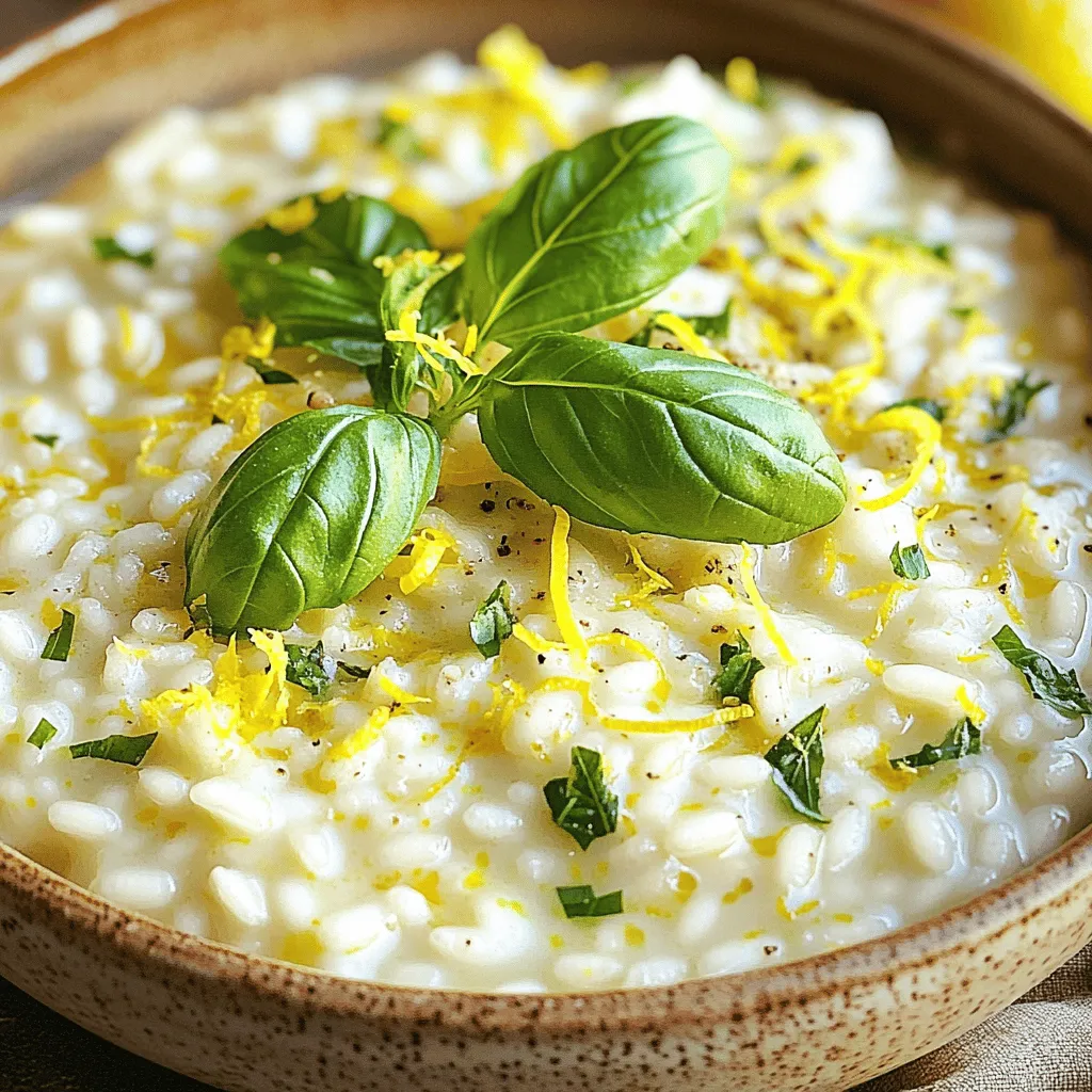 To make a delectable lemon basil risotto, you need fresh and vibrant ingredients. Here’s the complete list of what you’ll need: - 1 cup Arborio rice - 4 cups low-sodium vegetable broth - 1 medium onion, finely chopped - 2 cloves garlic, minced - 1 lemon (zested and juiced) - 1 cup fresh basil leaves, chopped - 1 tablespoon olive oil - 1/2 cup grated Parmesan cheese (or nutritional yeast for a vegan alternative) - Salt and pepper to taste Each ingredient plays a role in creating a rich and creamy dish. Arborio rice is key for its creamy texture. Low-sodium vegetable broth adds depth without overpowering the flavors. The onion and garlic bring a savory base, while lemon adds brightness. Fresh basil gives the dish a fragrant lift. I recommend using fresh ingredients whenever possible. They greatly enhance the flavor and overall experience of your risotto. For a vegan option, swap out Parmesan for nutritional yeast. This choice still adds a cheesy taste but keeps it plant-based. When prepping, make sure to zest the lemon before juicing it. This zest holds essential oils that provide a strong lemon flavor. Each ingredient contributes to a delicious risotto experience, ensuring every bite is a flavorful delight. For the complete cooking instructions, check out the Full Recipe. Start by warming the vegetable broth in a saucepan over medium heat. Keep it warm but not boiling. This step is crucial for the risotto. It helps the rice absorb the broth properly, which makes it creamy. You will add this broth gradually to the rice later. In a large skillet, heat the olive oil over medium heat. Once the oil shimmers, add the finely chopped onion. Cook until it turns translucent, about five minutes. Stir occasionally so it cooks evenly. Next, add the minced garlic and cook for 1-2 minutes. Stir frequently to keep the garlic from burning. Now, it’s time to introduce the Arborio rice. Add it to the skillet with the onion and garlic. Stir it well and let it cook for about 2-3 minutes. This step brings out the nutty flavor of the rice and prepares it for the broth. Begin adding the warm vegetable broth one ladle at a time. Stir the mixture often and let the rice absorb the broth before adding more. This method is key to achieving the creamy texture you want. Continue this process for about 18-20 minutes until the rice is cooked al dente. When the rice is just right, take the skillet off the heat. Fold in the lemon zest, lemon juice, chopped basil leaves, and grated Parmesan cheese. Stir gently to mix everything together. This will make your risotto rich and creamy. - Incorporating Lemon and Basil: The lemon adds freshness while basil brings a lovely aroma. Adjust the lemon juice to your taste for a brighter flavor. - Seasoning to Taste: Finally, season the dish with salt and pepper. Taste and adjust as needed. If you want more lemon zing, add extra zest or juice. For the full recipe, check out the details provided earlier. Enjoy crafting this flavorful and creamy lemon basil risotto! To make your lemon basil risotto creamy, stir often. This helps the rice release its starch. Use Arborio rice, as it’s ideal for risotto. It absorbs liquid well, creating that rich texture. Add warm broth slowly, one ladle at a time. Let the rice soak it in before adding more. This takes time but results in a perfect risotto. It should be creamy but still have a slight bite. Start with a hot skillet and a splash of olive oil. Add onions first and cook until they are soft and clear. This usually takes about five minutes. Next, add minced garlic and stir for one to two minutes. This step is crucial; burnt garlic can ruin the flavor. Always keep an eye on it. Stir frequently to ensure even cooking. Use fresh ingredients for the best taste. Look for bright green basil and firm lemons. Fresh herbs elevate any dish. Choose high-quality Parmesan cheese for a deeper flavor. If you prefer vegan options, nutritional yeast works great. Always use low-sodium broth to control the salt level. Quality ingredients make a big difference in flavor and texture. For more details, check the [Full Recipe]. {{image_4}} You can add protein to your lemon basil risotto for a heartier meal. Here are some ideas: - Grilled Chicken: Slice grilled chicken and mix it in for extra flavor. - Shrimp: Cook shrimp until pink and toss them in right before serving. - Tofu: Sauté firm tofu cubes for a plant-based protein boost. These options not only add nutrition but also enhance the dish's texture. Making this risotto vegan is easy and still delicious. Simply swap out a few ingredients: - Nutritional Yeast: Use this instead of Parmesan cheese for a cheesy flavor. - Plant-Based Butter: Substitute olive oil with vegan butter for creaminess. - Coconut Cream: Mix in a spoonful for added richness without dairy. These swaps make the dish creamy while keeping it plant-friendly. Adding seasonal veggies can elevate your risotto. Here are some great choices: - Asparagus: Chop and add during the last few minutes of cooking. - Peas: Stir in fresh or frozen peas for a pop of color and sweetness. - Zucchini: Sauté diced zucchini with onion for extra texture. These vegetables not only add flavor but also make the dish more colorful and nutritious. For the complete recipe, check out the Full Recipe of Lemon Basil Dream Risotto . To store leftover risotto, let it cool to room temperature first. Then, place it in an airtight container. You can keep it in the fridge for up to three days. Make sure to label the container with the date. This helps you keep track of freshness. When reheating risotto, add a splash of broth or water. This keeps it creamy and prevents it from drying out. Heat it gently in a pan over low heat. Stir often to ensure even heating. You can also use the microwave if you prefer. Just cover the dish and add a little liquid. You can freeze risotto, but it may change texture. Pack it in airtight containers or freezer bags. Remove as much air as possible to avoid freezer burn. Risotto can last up to three months in the freezer. When ready to eat, thaw it overnight in the fridge before reheating. Enjoy your flavorful and creamy delight any time! For the full recipe, check out the Lemon Basil Dream Risotto. The best type of rice for risotto is Arborio rice. It has a high starch content. This makes risotto creamy and rich. You can also use Carnaroli or Vialone Nano rice. Both options will give you a great texture. Yes, you can make risotto ahead of time. However, it is best when fresh. If you make it early, cool it quickly. Store it in an airtight container. When ready to serve, reheat it gently with a splash of broth. To prevent your risotto from drying out, add broth slowly. Stir often to help the rice absorb the liquid. If it gets dry, simply add more warm broth. You want a creamy, smooth texture. If you don't have fresh basil, try using dried basil. You can also use parsley or mint for a different flavor. Another option is to use a mix of fresh herbs like chives and cilantro. To make lemon basil risotto without cheese, skip the cheese entirely. Use nutritional yeast instead for a nutty flavor. You can also add a splash of lemon juice for extra zest. This will keep it creamy and delicious. For the complete recipe, check out the [Full Recipe]. This blog post covered the basics of making lemon basil risotto. You learned about the ingredients you'll need and how to prepare them step by step. I shared tips for a creamy texture and variations to suit your taste. Plus, I provided storage advice for leftovers. Now, you can create a delicious dish that fits your needs. Enjoy cooking and experimenting with flavors!