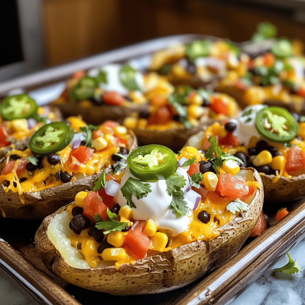 - 4 large russet potatoes - 1 cup shredded cheddar cheese - 1/2 cup sour cream - 1 cup canned black beans, drained and rinsed - 1/2 cup corn kernels (either fresh or frozen) - 1/2 cup diced tomatoes - 1/4 cup sliced jalapeños (choose between fresh or pickled) - 1/4 cup chopped green onions - Fresh cilantro for garnish (optional) - 2 tablespoons olive oil - 1 teaspoon garlic powder - 1 teaspoon chili powder - Salt and pepper to taste Using fresh ingredients makes this dish even better. I love how the creamy cheese complements the crispy potatoes. The black beans and corn add a nice texture too. This combo of flavors makes every bite special. You can mix and match toppings to suit your taste. The Full Recipe offers more details to help you make this snack delight! - Preheating the Oven: Start by preheating your oven to 400°F (200°C). This ensures even cooking. - Washing and Scrubbing: Wash and scrub the russet potatoes under running water. This removes dirt and makes them clean. - Prickling and Seasoning: Use a fork to prick each potato all over. This step is key to stop them from bursting. Rub olive oil on the potatoes and sprinkle salt and pepper evenly. - Initial Baking: Place the seasoned potatoes on the oven rack. Bake them for 45-60 minutes. They are done when a fork goes in easily. - Cooling Process: Carefully take the potatoes out of the oven. Let them cool for a few minutes before handling. - Cutting and Scooping: Cut each potato in half lengthwise. Scoop out some flesh from each half, leaving about 1/4 inch. You can save this for mashed potatoes. - Increasing Oven Temperature: Raise the oven temperature to 425°F (220°C). This helps achieve a crispier skin. - Layering the Ingredients: Place the potato halves cut side up on a baking sheet. Brush the insides with olive oil and sprinkle garlic powder and chili powder. - Melting the Cheese: After crisping the skins for 10-15 minutes, fill them with black beans, corn, tomatoes, and cheese. Bake for another 10-12 minutes until the cheese is melted. - Garnishing and Serving: Let the potato skins cool for a couple of minutes. Top them with sour cream, green onions, and cilantro for a fresh touch. Enjoy these tasty snacks right away! For more details, check out the Full Recipe. How to Choose the Right Potatoes I love using large russet potatoes for this recipe. They have thick skins and a fluffy inside. These features make them perfect for holding toppings. Look for potatoes that are firm and without any blemishes. This ensures they cook evenly and taste great. Cooking Times Adjustments Cooking times can vary. If your potatoes are smaller, check them at 40 minutes. For larger ones, they may need a bit longer. You want them fork-tender. Always keep an eye on them to avoid overcooking. Additional Seasoning Suggestions To boost flavor, try adding smoked paprika or cumin. These spices give a warm, smoky taste. You can also sprinkle some cayenne for heat. Mix and match according to your taste. Don’t forget to season the potato skins well before baking! Ideal Cheese Choices Cheddar is my go-to for these potato skins. It melts beautifully and has a sharp flavor. You can also mix in Monterey Jack or pepper jack for a little kick. Feel free to experiment with your favorite cheeses! Creative Serving Suggestions Serve your loaded nacho potato skins on a colorful platter. Arrange them in a circle and place toppings in small bowls. This way, guests can add their own toppings. It makes the dish interactive and fun. Garnishing Ideas Fresh herbs like cilantro or parsley add a pop of color. A sprinkle of lime juice can brighten the flavors. You could also add some diced avocado for creaminess. These garnishes elevate the look and taste of your dish. For the complete recipe, check out the [Full Recipe]. {{image_4}} Alternative Beans and Veggies You can change the beans or veggies in your loaded nacho potato skins. Try pinto beans or kidney beans for a twist. Fresh spinach or bell peppers can add color and flavor, too. Use what you like best! Different Cheeses Cheese is key in this recipe. If you want a different taste, try pepper jack or mozzarella. You could also use a vegan cheese for a plant-based option. Each cheese brings its unique flavor to the dish. Vegan Options To make this dish vegan, swap out the cheddar cheese and sour cream for plant-based versions. Use cashew cream or coconut yogurt instead of sour cream. This keeps the dish creamy and delicious without animal products. Gluten-Free Suggestions This recipe is already gluten-free with the right ingredients. Just check that your toppings, like canned beans, are certified gluten-free. This way, everyone can enjoy the snack without worry. Spicy Versus Mild Variations For spice lovers, add more jalapeños or try hot sauce before serving. If you prefer mild flavors, reduce or skip the spicy toppings. Adjusting spice levels makes the dish perfect for your taste. International Twists You can give these potato skins global flair! Add salsa for a Mexican twist or top with BBQ sauce for a Southern flavor. Think outside the box and explore different cuisines to make this snack your own. For the complete recipe, check out the [Full Recipe]. Enjoy making these tasty loaded nacho potato skins! To keep your loaded nacho potato skins fresh, follow these tips: - Best Practices for Refrigeration: Let the potato skins cool to room temperature. Place them in an airtight container. This helps keep the skins moist and prevents them from drying out. You can also wrap them tightly in plastic wrap for extra protection. - How Long They Last: The loaded potato skins can last in the fridge for up to three days. After that, they may lose their taste and texture. When it comes to reheating, you have two main options: - Oven Versus Microwave Reheating: The oven is the best choice for reheating. It keeps the skins crispy. Preheat your oven to 350°F (175°C) and bake for about 10-15 minutes. The microwave is faster but can make the skins soggy. - Tips for Maintaining Crispiness: If you use the microwave, place a paper towel beneath the potato skins. This will help absorb excess moisture. Always reheat in small batches to ensure even heating. For the best results, stick to the oven method when you can. Enjoy your tasty snack delight! For the full recipe, check the main section. How to make loaded nacho potato skins from scratch? To make these tasty snacks, start with large russet potatoes. Preheat your oven to 400°F. Wash and prick the potatoes with a fork. Rub them with olive oil and sprinkle salt and pepper. Bake for 45-60 minutes until soft. Cut them in half and scoop out some flesh. Brush the insides with olive oil, garlic powder, and chili powder. Bake again at 425°F for 10-15 minutes to crisp. Fill with black beans, corn, tomatoes, cheese, and jalapeños. Bake until the cheese melts. Top with sour cream and green onions. Check the Full Recipe for all steps. Can I prepare them in advance? Yes, you can prepare loaded nacho potato skins in advance! Bake the potatoes and scoop them out. Store the skins in the fridge. When you're ready to enjoy, fill and bake them. This saves time and makes serving easy. What can I serve with loaded nacho potato skins? These potato skins pair well with many dips. Some great options are salsa, guacamole, or a zesty ranch dressing. You can also serve them as a side to your favorite grilled meats or as part of a fun snack platter. Why are my potato skins not crispy? If your potato skins are not crispy, it may be due to moisture. Make sure to bake them long enough to remove moisture. Also, ensure you brush them with enough olive oil before the second bake. How can I prevent the cheese from drying out? To keep the cheese from drying out, avoid overbaking. Watch closely when melting the cheese, so it’s bubbly but not burned. Adding a little sour cream can also help to maintain moisture. Best dips to pair with the dish Pair these loaded nacho potato skins with creamy dips. Salsa, guacamole, and sour cream work well. You can also try a cheese dip for extra cheesiness. How to make a balanced meal with potato skins To balance your meal, serve the potato skins with a fresh salad. A side of steamed veggies can also add nutrition. Consider a protein source, like grilled chicken or beans, to round out your plate. Loaded nacho potato skins are a fun and tasty dish. We covered ingredients like potatoes, cheese, and toppings. The step-by-step instructions help you make them perfectly crispy. I shared tips on choosing potatoes and enhancing flavors. You can even mix it up with variations for different diets. Remember to store leftovers correctly and reheat for that crunch. I hope you feel ready to make your own loaded nacho potato skins. Enjoy the cooking process and have fun!