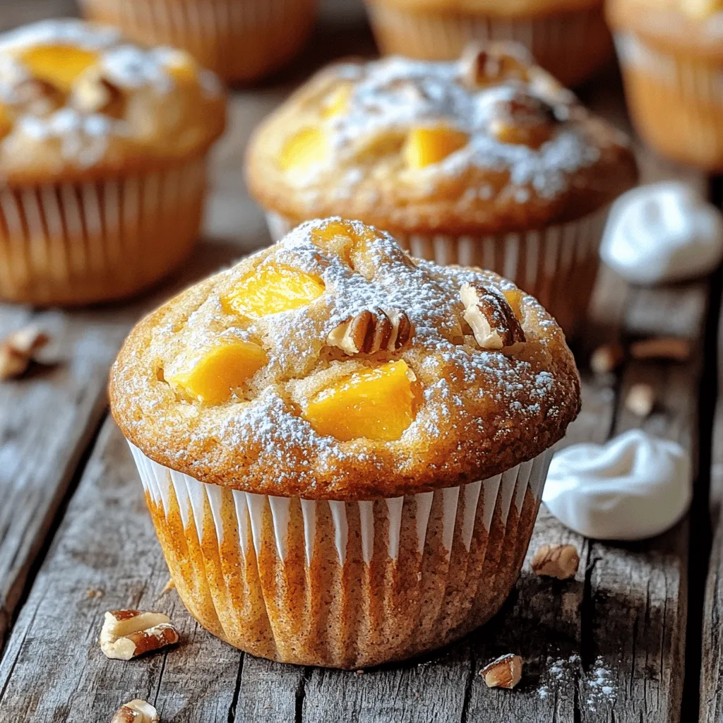 - 1 cup all-purpose flour - 1 teaspoon baking powder - 1/2 teaspoon baking soda - 1/4 teaspoon salt - 1/2 teaspoon ground cinnamon - 1/4 cup brown sugar, packed - 1/2 cup plain yogurt (Greek or regular) - 1/4 cup vegetable oil - 1 large egg, at room temperature - 1 teaspoon vanilla extract - 1 cup fresh peaches, peeled and diced - 1/4 cup chopped pecans (optional) You can use coconut yogurt instead of plain yogurt for a different flavor. If you need gluten-free muffins, try almond flour or a gluten-free blend. Both options work well in this recipe. Each muffin has about 150 calories. They are rich in vitamin C from the peaches and provide a good source of calcium from the yogurt. Enjoying these muffins gives you a tasty treat while adding some nutrients to your day. For the Full Recipe, follow the detailed steps to create these delightful muffins. Each bite will burst with flavor and make you smile! Start by preheating your oven to 350°F (175°C). This is key for even baking. Next, prepare your muffin tin. You can line it with paper liners or lightly grease it with cooking spray. This helps the muffins come out easily. In a medium bowl, combine the dry ingredients. This includes the all-purpose flour, baking powder, baking soda, salt, ground cinnamon, and brown sugar. Use a whisk to mix these well. There should be no lumps in your dry mix. In a separate large bowl, whisk together the wet ingredients. Use plain yogurt, vegetable oil, a large egg, and vanilla extract. Mix until smooth and creamy. This wet mix will give your muffins a nice texture. Now, it’s time to fill the muffin tin. Spoon the batter into each muffin cup. Fill them about two-thirds full. This allows the muffins to rise without overflowing. Gently fold in the diced peaches before you fill the cups. Make sure the pieces are spread evenly throughout the batter. This ensures every bite has that sweet peach flavor. Bake the muffins in your preheated oven for 18-20 minutes. To check if they are done, insert a toothpick into the center of a muffin. If it comes out clean, they are ready. If you see batter on the toothpick, give them a few more minutes. Once baked, let the muffins cool in the tin for about 5 minutes before transferring them to a wire rack. This cooling helps them set perfectly. For the full recipe, refer to the earlier section. Enjoy creating these peach yogurt muffins! To make your muffins light and fluffy, avoid overmixing. Mix the wet and dry ingredients until just combined. This helps keep the muffins airy. Overmixing can make them tough and chewy, not what you want. To achieve the ideal rise, fill your muffin cups about two-thirds full. This allows room for the muffins to expand as they bake. If you fill them too much, they may overflow. You can add spices or zest to boost flavor. A pinch of nutmeg or lemon zest can brighten the taste. Try adding these spices when you mix your dry ingredients. Incorporating nuts or seeds adds texture and taste. Chopped pecans or walnuts blend well with peaches. They give a nice crunch and pair well with the soft muffin base. Serve the muffins warm for the best experience. Lightly dusting them with powdered sugar makes them look fancy. You can also add a dollop of yogurt on the side. For a decorative touch, arrange extra peach slices on the plate. This not only adds color but also makes the dish look appetizing. Enjoy creating your beautiful and tasty Peach Yogurt Muffins! For the full recipe, refer to the earlier section. {{image_4}} You can change the flavor of these muffins easily. Try using different fruits like blueberries, strawberries, or raspberries. Each fruit adds its own unique taste. If you love chocolate, mix in some chocolate chips. You can also add shredded coconut for a tropical twist. These small changes can make your muffins exciting every time you bake. Want a vegan option? Replace the egg with a mashed banana or applesauce. Use a plant-based yogurt to keep things creamy. If you want to cut down on sugar, choose a sugar alternative like stevia or use less brown sugar. Both options keep your muffins tasty while fitting your diet. You can have fun with seasonal flavors. For fall, add pumpkin spice or chopped apples for a cozy vibe. In summer, mix in berries or even some citrus zest for a fresh taste. Each season brings new ingredients, making your muffins fit perfectly with the time of year. Try out the Full Recipe for a delightful treat! To keep your peach yogurt muffins fresh, store them at room temperature. Place them in an airtight container. This keeps them moist and tasty for up to three days. If your kitchen is warm, consider refrigerating them. Just wrap each muffin in plastic wrap to avoid drying out. This helps them stay soft for about a week. Want to save some muffins for later? Freezing is a great option! First, let the muffins cool completely. Place them in a single layer on a baking sheet. This prevents them from sticking together. After a few hours, put them in a freezer bag. Remove as much air as possible before sealing. These muffins can stay frozen for up to three months. When you’re ready to eat, simply take out how many you need. Thaw them in the fridge overnight. For a warm muffin, pop it in the microwave for about 15 seconds. Enjoy the soft and flavorful delight anytime you wish! For the full recipe, check out the recipe section above. To check if your muffins are ready, use a toothpick. Insert it into the center of a muffin. If it comes out clean, they are baked. If the toothpick has wet batter, bake for a few more minutes. Keep an eye on them after 18 minutes. Muffins should be lightly golden on top and spring back when touched. Yes, you can use canned peaches. They bring sweetness and moisture to your muffins. However, canned peaches can be softer and more watery. Drain them well before using. Fresh peaches will give a firmer texture and brighter flavor. Both options can work, so choose based on what you have. Serve these muffins warm for the best taste. They pair perfectly with a spread of butter or cream cheese. You can also add a dollop of yogurt on top. For a special touch, serve with sliced peaches and a sprinkle of cinnamon. This makes for a lovely breakfast or snack. If your muffins are dense, you may have overmixed the batter. Gently stir the wet and dry ingredients. Also, check the freshness of your baking powder and baking soda. Old leavening agents can lead to flat muffins. Lastly, ensure your oven is at the right temperature. An oven thermometer can help with this. In this post, we explored the key ingredients for delicious Peach Yogurt Muffins and provided simple steps to bake them. We talked about ingredient substitutions, nutritional facts, and how to enhance flavor while baking. Remember to store your muffins properly and feel free to try different variations. Baking should be fun and rewarding. Enjoy your peach muffins and share them with others. Happy baking!
