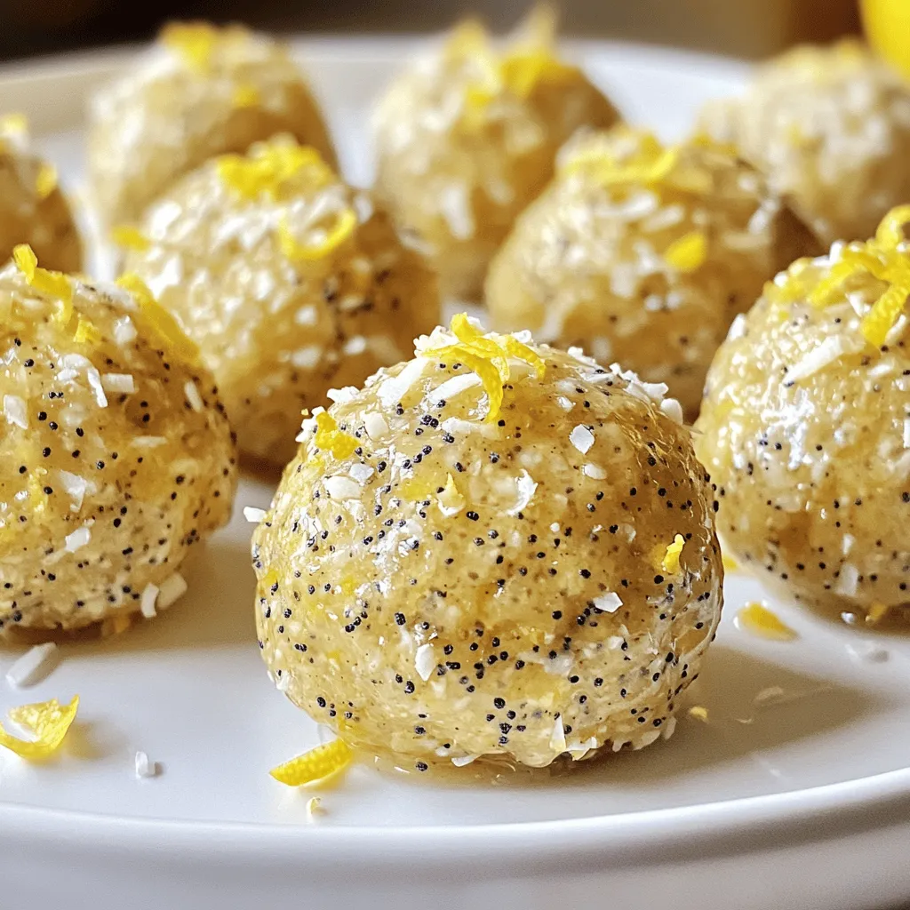 Let's dive into what you'll need for these tasty Lemon Poppy Seed Energy Bites. This list keeps it simple and fun, perfect for a quick snack or a boost of energy! - 1 cup rolled oats - 1/2 cup almond butter or alternative nut butter - 1/4 cup honey or maple syrup - Zest and juice of 1 medium lemon - 2 tablespoons poppy seeds - 1/4 teaspoon pure vanilla extract - 1/4 teaspoon sea salt - Optional: 1/4 cup unsweetened shredded coconut - Optional: Extra poppy seeds for garnish These ingredients come together to create a burst of lemony flavor. The rolled oats give a hearty base, while the almond butter adds richness. Honey or maple syrup sweetens the deal, and the lemon zest and juice bring in that fresh zing. Don't forget the poppy seeds for a delightful crunch! If you want to amp up the flavor, consider adding shredded coconut. It adds a nice texture and taste. Remember, the extra poppy seeds are great for rolling the bites, giving them a fun look. For the full recipe, check out the detailed steps to make these energy bites. Let's get cooking! In a large bowl, combine the following: - 1 cup rolled oats - 1/2 cup almond butter - 1/4 cup honey - Zest of 1 medium lemon - 2 tablespoons lemon juice - 2 tablespoons poppy seeds - 1/4 teaspoon pure vanilla extract - 1/4 teaspoon sea salt Use a spatula to mix all the ingredients well. You want to make a dough-like texture that sticks together. If your mix feels too sticky, add more oats, a little at a time. This keeps your bites from being too wet. If it feels dry, add more almond butter or honey. This helps keep them moist and tasty. Cover the bowl and chill the mix in the fridge for 30 minutes. This step makes it easier to shape. After chilling, take the mix out and roll it into small balls, about 1 inch wide. You can roll them in extra poppy seeds or shredded coconut for a fun touch. Store them in an airtight container in the fridge. These bites are great for a quick snack or a boost of energy. For the complete recipe, check out the Full Recipe. To shape your energy bites easily, chill the mixture well. I find that 30 minutes in the fridge makes a huge difference. If your mixture feels too sticky, add more oats. Just sprinkle in a bit at a time. If it’s too dry, mix in a little more nut butter or honey. This way, you’ll create the perfect dough. You can boost the flavor with spices. A pinch of cinnamon or nutmeg can add warmth. Chopped nuts like almonds or walnuts also work well. Rolling the bites in extra poppy seeds or shredded coconut gives them a fun look and taste. It’s an easy way to make them even more delightful! These energy bites are great for snacks or quick breakfasts. Enjoy them on busy mornings or during afternoon slumps. They pair well with smoothies or fresh fruit. A banana or a handful of berries makes a nice side. You’ll love how these bites fit into your day! {{image_4}} If you have nut allergies, you can swap almond butter for sunflower seed butter. This tasty option gives a similar texture. You can also use tahini, which adds a unique flavor. For sweeteners, honey is great, but you can use agave syrup or date syrup if you prefer. These choices keep your bites sweet and delicious. To add more taste, try mixing in dried fruits like cranberries or apricots. These fruits bring a nice chewiness and extra sweetness. You can also incorporate spices like cinnamon or ginger. A pinch of these spices can give your energy bites a warm, cozy flavor. For those who follow a vegan diet, you can easily make these bites vegan. Just swap honey for maple syrup. If you need gluten-free options, ensure your oats are certified gluten-free. For a low-sugar option, use a sugar-free sweetener. These small changes let everyone enjoy this treat. Explore the [Full Recipe] to see how these variations can enhance your energy bites. To keep your Lemon Poppy Seed Energy Bites fresh, store them in an airtight container. This helps keep moisture out. You can use a glass jar or a plastic container with a tight lid. Avoid leaving them uncovered. This will prevent them from drying out or absorbing smells from your fridge. When stored properly in the fridge, these energy bites can last up to one week. If you want to keep them longer, consider freezing them. In the freezer, they can stay fresh for up to three months. Just remember to separate them with parchment paper. This will stop them from sticking together. Batch preparing these energy bites is easy and fun. You can double or triple the recipe. This way, you have snacks ready for days. After shaping them, place them in a container and label it with the date. For on-the-go convenience, pack a few in a small bag or container. This makes it easy to grab a healthy snack anytime. Yes, you can use other nut butters. Peanut butter works well and adds a rich taste. Sunflower seed butter is another great option for nut allergies. Each nut butter gives a unique flavor. You can also try cashew or hazelnut butters for fun twists. These energy bites last up to one week in the fridge. Store them in an airtight container. To keep them fresh, avoid leaving them out at room temperature. If you want them to last longer, pop them in the freezer. Yes, you can freeze these energy bites. Place them in a single layer on a tray. Once frozen, transfer them to a freezer-safe bag. They can stay frozen for up to three months. To thaw, leave them in the fridge overnight. Lemon poppy seed energy bites pack many nutrients. They are high in fiber from the oats. Almond butter adds healthy fats and protein. The lemon provides vitamin C, while poppy seeds add minerals like calcium and magnesium. This makes them a nutritious snack. Yes, kids love these energy bites! They are sweet and tasty. To make them more fun, let kids help mix and roll them. You can also add chocolate chips or dried fruit for extra appeal. These bites make a great after-school snack. You now have a simple recipe for Lemon Poppy Seed Energy Bites. With just a few ingredients, you can make a tasty and healthy snack. Mixing the right ingredients creates a great texture. Remember to chill them well for easy shaping. You can switch up flavors with different nuts and spices, too. These energy bites are quick to make and perfect for on-the-go. Enjoy the blend of sweet lemon and crunchy poppy seeds in each bite!