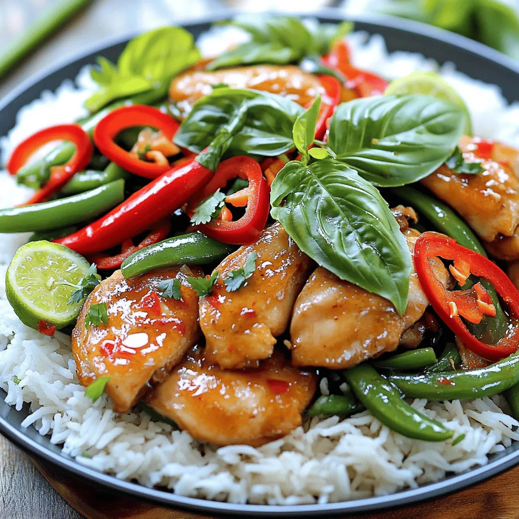 To make Thai Basil Chicken Stir-Fry, gather these key ingredients: - 1 pound boneless, skinless chicken thighs, thinly sliced - 2 tablespoons vegetable oil - 4 cloves garlic, minced - 2 Thai bird's eye chilies, sliced (adjust for heat preference) - 1 red bell pepper, sliced thinly - 1 cup green beans, trimmed and cut into 2-inch pieces - 1/4 cup soy sauce - 2 tablespoons oyster sauce - 1 tablespoon fish sauce - 1 tablespoon brown sugar - 1 cup fresh Thai basil leaves - Cooked jasmine rice, for serving Make sure to measure each ingredient properly. The chicken thighs should be sliced thin for quick cooking. Use fresh garlic for the best flavor. Adjust the amount of chilies based on your heat preference. The sauces add depth, so don’t skip them. When using fresh basil, look for vibrant green leaves. If you can’t find Thai bird's eye chilies, use jalapeños for a milder heat. Chicken breast can replace chicken thighs if you prefer less fat. For a vegetarian option, try firm tofu instead of chicken. You can also use low-sodium soy sauce to reduce sodium intake. If you lack fish sauce, a mix of soy sauce and a squeeze of lime can work well. To start, gather all your ingredients. This makes cooking easy and fun. Slice the chicken thighs into thin pieces. Mince the garlic and slice the chilies. Cut the red bell pepper into thin strips. Trim the green beans and cut them into two-inch pieces. Set everything aside so you can grab it fast while cooking. Heat the vegetable oil in a large skillet or wok over medium-high heat. When the oil shimmers, add the garlic and chilies. Stir quickly for about 30 seconds. This step brings out the yummy aroma. Then, raise the heat to high and add the chicken. Stir-fry for 5-7 minutes. You want it cooked through and slightly golden. Next, toss in the bell pepper and green beans. Stir-fry for another 2-3 minutes. The veggies should stay bright and crisp. In a small bowl, mix soy sauce, oyster sauce, fish sauce, and brown sugar. When the chicken and veggies cook, pour this sauce over them. Toss everything to coat well. Cook for another 1-2 minutes to let the flavors blend together. Take the skillet off the heat. Add the fresh Thai basil leaves and stir gently until they wilt. This step adds a fragrant touch to your dish. Serve the stir-fry hot over cooked jasmine rice. For an extra pop, you can garnish with more basil leaves and chili slices. A wedge of lime on the side adds a zesty kick and brightens the dish. Enjoy this flavorful weeknight meal from the full recipe! Use fresh Thai basil for the best flavor. This herb gives the dish its unique taste. If you can’t find Thai basil, use sweet basil, but know it will change the flavor. Make sure to slice your chicken thinly. This helps it cook quickly and evenly. A hot skillet is key. It seals in the juices and creates a lovely sear. Stir-fry your ingredients in batches if your skillet is small. This way, everything cooks evenly without steaming. Start with the garlic and chilies to build flavor. Always keep the heat high. This keeps the veggies crispy and colorful. Toss the sauce in at the end, letting it coat everything well. Finish with the basil at the last moment to keep it vibrant. Serve your Thai basil chicken over jasmine rice. This rice soaks up the sauce perfectly. Add lime wedges on the side for a fresh twist. Pair it with a light cucumber salad for crunch. You can also enjoy this dish with a cold Thai beer or iced tea. For the full recipe, check out the link above. {{image_4}} You can switch out chicken for other proteins. Tofu works well for a plant-based dish. Shrimp adds a nice touch of sweetness. Beef or pork are also great choices. Just make sure to adjust cooking times. Each protein brings its own flavor. To make this dish vegan, use tofu instead of chicken. Replace fish sauce with soy sauce or a vegan substitute. Add more veggies like mushrooms or bell peppers for extra texture. You can also toss in some peanuts for crunch. This keeps it hearty and satisfying. To boost the flavor, try adding more garlic or ginger. For spice, increase the number of bird's eye chilies. You can also add a splash of lime juice for brightness. If you like it sweet, add more brown sugar. Adjust these elements to fit your taste. Explore different flavors for a unique twist! To store leftovers, let the dish cool first. Transfer it to an airtight container. Make sure to seal it well to keep out air. It stays fresh in the fridge for up to three days. If you plan to eat it later, store it right away. When you want to enjoy your Thai Basil Chicken Stir-Fry again, take it out of the fridge. You can reheat it in a pan over medium heat. Stir it often until it's hot. If you prefer, use a microwave. Heat it in short bursts, stirring in between. This keeps the chicken tender and the veggies crisp. If you want to freeze it, use a freezer-safe container. Divide the stir-fry into portions. This makes it easy to thaw later. It can last up to three months in the freezer. To thaw, move it to the fridge overnight. You can also use the microwave for quick thawing. For best results, reheat it after thawing to enjoy the flavors fresh. You will find all the details in the Full Recipe. To make Thai Basil Chicken Stir-Fry less spicy, reduce the number of chilies. You can use one chili instead of two. Another way is to remove the seeds from the chilies. This will lower the heat. If you want a milder flavor, add more bell pepper or green beans. These veggies add sweetness, balancing the spice. I recommend using fresh Thai basil for this dish. Dried basil lacks the same bright flavor and aroma. If you only have dried basil, use it sparingly. About one teaspoon of dried basil can work in a pinch. However, the taste will differ. Fresh basil makes the dish more vibrant. If you need a substitute for fish sauce, try soy sauce or tamari. These options are great for a similar umami flavor. You can also mix soy sauce with a bit of lime juice for added depth. Another choice is to use coconut aminos, which is a soy-free option. Adjust the amount to fit your taste. Cooking Thai Basil Chicken Stir-Fry takes about 20 minutes. The prep time is around 10 minutes. You will quickly sauté garlic and chilies before adding the chicken. Stir-fry the chicken until golden, then add veggies and sauce. In no time, you’ll enjoy a tasty meal. For the full recipe, check the detailed steps provided above. You’ve learned the key ingredients, steps, and tips for making Thai Basil Chicken Stir-Fry. Remember the common substitutes if you can’t find certain items. Use the right cooking techniques to get the best flavors. Explore variations to make it your own, whether you’re a meat lover or vegetarian. Store your meal properly to enjoy the leftovers. I hope this guide inspires you to cook and enjoy this dish. Happy cooking!