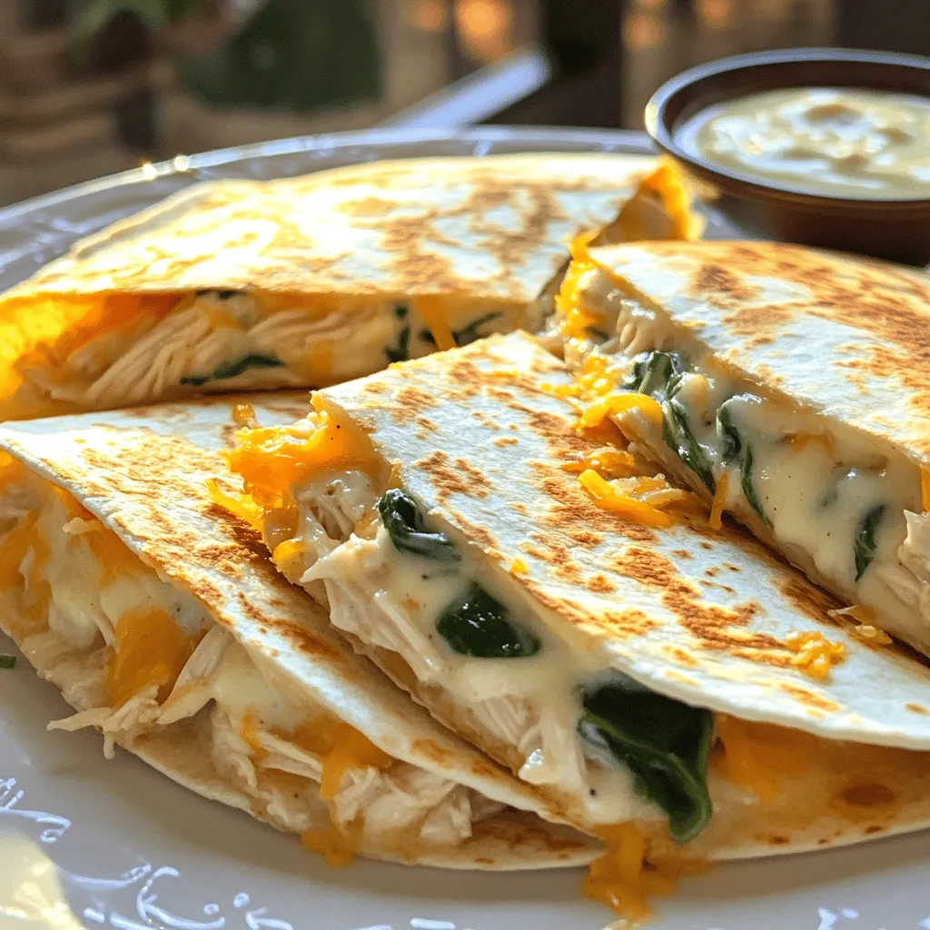 - 2 large flour tortillas - 1 cup cooked chicken breast, shredded - 1 cup shredded mozzarella cheese - 1/2 cup grated Parmesan cheese - 1/2 cup Alfredo sauce - 1/4 cup spinach, chopped (optional) - 1/4 teaspoon garlic powder - 1/4 teaspoon black pepper - Olive oil or cooking spray for frying The ingredients for Chicken and Cheese Quesadilla Alfredo are simple yet flavorful. You need two large flour tortillas to hold everything together. I love using cooked chicken breast since it adds protein and taste. Shredding it makes it mix well with the cheese and sauce. For cheese, I use both mozzarella and Parmesan. The mozzarella melts beautifully, while the Parmesan gives a nice, rich flavor. The Alfredo sauce binds all the ingredients, adding creaminess. If you want a touch of green, add some chopped spinach for extra nutrients. For seasoning, garlic powder and black pepper bring out the flavors without being overpowering. Finally, use olive oil or cooking spray to fry the quesadilla. This ensures it turns golden brown and crispy. You can find the full recipe with detailed instructions and tips to make this dish shine. Enjoy crafting this delightful meal! First, gather your ingredients. In a bowl, combine: - 1 cup cooked chicken breast, shredded - 1 cup shredded mozzarella cheese - 1/2 cup grated Parmesan cheese - 1/2 cup Alfredo sauce - 1/4 cup spinach, chopped (optional) - 1/4 teaspoon garlic powder - 1/4 teaspoon black pepper Mix these well. Ensure that the chicken and cheeses are fully coated with the sauce. This mix will be rich and creamy. Next, preheat a skillet over medium heat. Lightly drizzle with olive oil or use cooking spray. This step helps prevent sticking. Take one large tortilla and place it in the skillet. Spoon half of the chicken and cheese mixture onto the tortilla. Spread it evenly across the surface. Carefully place the second tortilla on top. Press down gently to secure the filling. Cook for about 3-4 minutes until the bottom is golden brown and crispy. Using a spatula, flip the quesadilla to the other side. Cook for another 3-4 minutes. You want both sides to be golden brown and the cheese to melt nicely. Once done, remove it from the skillet and let it cool for a minute. Slice it into wedges for easy serving. Serve the quesadilla warm. You can add extra Alfredo sauce on the side for dipping. This adds more flavor and creaminess. For a fun touch, present the quesadilla wedges on a colorful plate. Consider adding a sprinkle of chopped parsley or some fresh salsa for extra color and taste. Enjoy your meal! To get a great crisp, you need the right heat. I recommend cooking on medium heat. This way, the quesadilla cooks evenly. Cook each side for about 3-4 minutes. You want a golden brown color. If it’s too dark, lower the heat a bit. To avoid sticking, use a non-stick skillet. A light drizzle of olive oil or cooking spray helps too. Make sure to coat the pan before adding your tortilla. This small step makes a big difference. You can make your quesadilla even tastier with extra seasonings. Consider adding a dash of chili powder for some heat. A pinch of cumin adds a nice depth too. Try a sprinkle of smoked paprika for a smoky twist. Customizing the filling is fun! You can add bell peppers or mushrooms. If you love spice, throw in some jalapeños. For a fresh taste, add more chopped spinach or even some diced tomatoes. Make it your own! For the full recipe, check out the details above. {{image_4}} You can switch the chicken for shrimp or beef in this quesadilla. Shrimp adds a nice seafood twist. Simply cook the shrimp until pink and tender. For beef, ground beef or shredded beef works well. Season the meat with spices to enhance the flavor. These alternatives bring a new taste to the dish and keep it exciting. If you want a meatless quesadilla, use beans or mushrooms. Black beans or refried beans are great for protein. Mushrooms add a savory, earthy flavor. You can also include veggies like bell peppers and zucchini. Just sauté them first to soften. This makes a tasty and colorful quesadilla. Cheese is key to a great quesadilla. While mozzarella and Parmesan are classic, feel free to try other cheeses. Cheddar gives a sharp taste, while pepper jack adds spice. You can mix different cheeses for a flavor boost. Experimenting with cheese can change the whole experience of this dish. Check out the Full Recipe to explore these variations and more! To keep your quesadilla wedges fresh, place them in an airtight container. You can store them in the fridge for up to three days. Make sure they cool down before sealing. For reheating, use a skillet over medium heat. This method helps keep the quesadilla crispy. You can also use a microwave, but it may make the quesadilla soft. If you want to save quesadillas for later, freezing works well. Wrap each wedge tightly in plastic wrap. Then, place them in a freezer bag. This keeps them safe from freezer burn. They can stay good in the freezer for up to two months. When ready to eat, thaw in the fridge overnight. Then, heat them in a skillet until warm and crispy. This way, you can enjoy your Chicken and Cheese Quesadilla Alfredo anytime! For the full recipe, check above. Yes, you can use homemade Alfredo sauce. Making your own sauce is easy and fun. Here are some tips: - Use butter, heavy cream, and garlic for a rich flavor. - Add grated Parmesan cheese for creaminess. - Stir until the sauce is smooth and warm. - Adjust seasoning with salt and pepper to taste. These quesadillas pair well with many sides. Some recommended options include: - Fresh salsa for a zesty kick. - Guacamole for a creamy touch. - A simple green salad for crunch. - Sour cream to balance flavors. You can easily make this dish gluten-free. Here’s how: - Use gluten-free tortillas, available at most stores. - Check labels for any hidden gluten in sauces. - Make sure all other ingredients are gluten-free. This way, you can enjoy the quesadilla without worry! You learned how to make a tasty Chicken and Cheese Quesadilla with Alfredo sauce. We discussed the main ingredients, seasonings, and the steps to cook it perfectly. Tips for crispiness and flavor helped make it even better. You saw fun variations like using different proteins and cheeses. Lastly, we covered how to store and reheat leftovers. Now, you can enjoy this dish any time!
