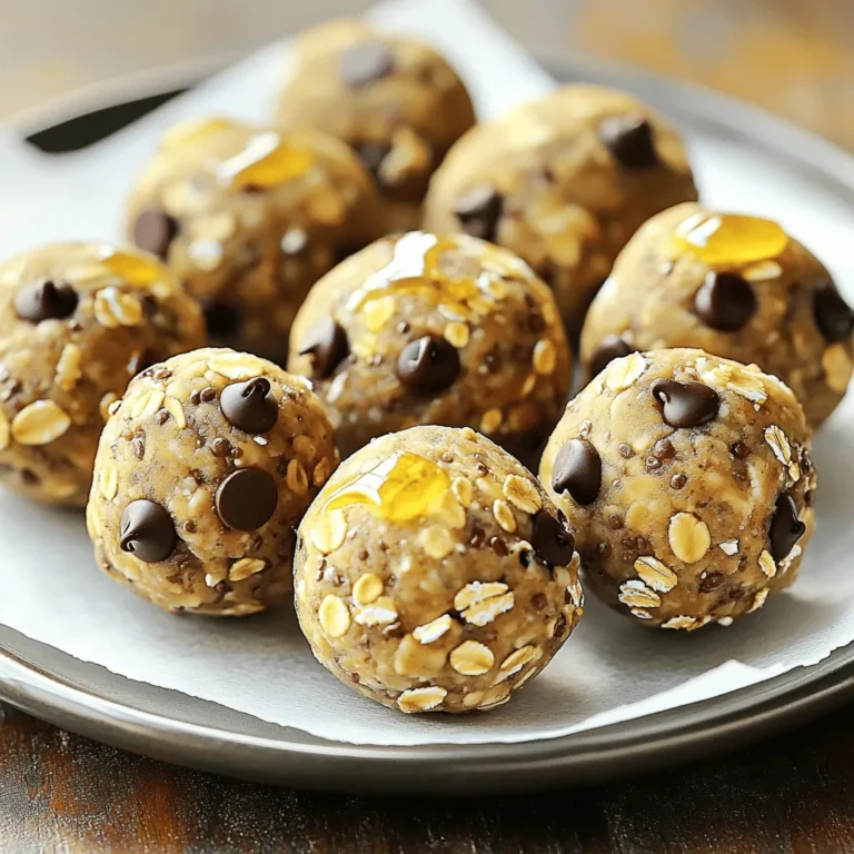 To make these tasty treats, you will need: - 1 cup rolled oats - 1/2 cup almond butter (or substitute with peanut butter) - 1/4 cup honey or maple syrup - 1/2 cup chocolate chips (use semi-sweet or dark according to preference) - 1/4 cup ground flaxseed - 1 teaspoon vanilla extract - A pinch of salt These ingredients come together to create a delicious energy ball that tastes like cookie dough. The oats give it a chewy texture, while the nut butter provides healthy fats. You can swap some ingredients or add extras for fun! Here are a few ideas: - Use sunflower seed butter instead of nut butter for nut-free balls. - Swap honey for agave syrup for a vegan option. - Add dried fruit like cranberries or raisins for sweetness. - Mix in seeds like chia or hemp for extra nutrition. Feel free to get creative! These treats fit many diets and tastes. You don’t need fancy tools to make these energy balls. Here’s what you should have: - A large mixing bowl - A smaller bowl for wet ingredients - A spatula or spoon for mixing - A baking sheet or plate - Parchment paper to line your baking sheet Having these items ready will make your cooking process smooth and easy. Start by gathering your dry ingredients. In a large bowl, mix 1 cup of rolled oats, 1/4 cup of ground flaxseed, and a pinch of salt. Stir well until everything is evenly blended. This step helps to ensure your energy balls taste great and have the best texture. Now, take another bowl for the wet ingredients. Combine 1/2 cup of almond butter (or peanut butter) with 1/4 cup of honey (or maple syrup). Use a spoon to mix until smooth and creamy. This is key for binding the energy balls together. You want it to be well combined. Next, pour your wet mixture into the dry ingredients. Add in 1 teaspoon of vanilla extract and 1/2 cup of chocolate chips. Stir everything together. You can use a spatula or your hands for this. The mixture should be sticky but easy to handle. Take small portions of the mixture and roll them into balls about 1 inch wide. You should get around 12 to 15 energy balls from this recipe. Place the balls on a parchment-lined sheet, leaving space between them. Chill for at least 30 minutes in the fridge. This step helps them firm up. After chilling, enjoy your tasty no-bake cookie dough energy balls! To get the best texture for your no-bake cookie dough energy balls, focus on the moisture level. If your mix feels too dry, add a splash of almond milk or more nut butter. If it feels too wet, add a bit more oats or flaxseed. The mixture should be sticky but hold together well when rolled into balls. One common mistake is not chilling the energy balls long enough. They need at least 30 minutes in the fridge to firm up. Another mistake is not measuring the ingredients correctly. Too much nut butter can make them too soft. Always use measuring cups for accuracy. Want to boost flavor? Add fun mix-ins! Try nuts, dried fruits, or seeds. You can also use different types of chocolate chips, like white or dark. For a spicy kick, add a dash of cinnamon or a few sprinkles of sea salt on top. These little changes can make your energy balls even more delicious. For the full recipe, check out the instructions above! {{image_4}} You can switch out almond butter for other nut butters. Peanut butter adds a classic taste. Cashew butter gives a creamy texture. Sunflower seed butter is great for nut allergies. Each option changes the flavor and texture. Adding flavors can make these energy balls more fun. A teaspoon of cinnamon gives warmth. You can use almond extract for a nutty twist. A splash of maple extract adds sweetness. Experiment with flavors that you love! You can boost nutrition by adding superfoods. Chia seeds add fiber and protein. Hemp seeds give healthy fats. You can also add a scoop of protein powder. These extras make your energy balls even more powerful! For the Full Recipe, check the main article. To keep your no-bake cookie dough energy balls fresh, store them in an airtight container. This helps keep moisture out and flavors in. I like to layer them with parchment paper for extra protection. You can keep them in the fridge for a week. If you want them to last longer, freezing is the way to go. Freezing is great for long-term storage. To freeze, arrange the energy balls on a baking sheet, making sure they do not touch. Freeze them for about 1 hour. Once they are firm, transfer them to a freezer bag or a container. They will keep well for up to 3 months. Just let them thaw in the fridge before enjoying them. These energy balls have a good shelf life. If stored properly, they last about a week in the fridge. Look out for changes in texture or smell. If the energy balls feel sticky or have an off odor, it’s best to toss them. Always trust your senses. Enjoy your no-bake cookie dough energy balls fresh and tasty! For the full recipe, check out the recipe link. Yes, you can make these energy balls vegan. Use maple syrup instead of honey. For the nut butter, almond or peanut butter works great. Both are vegan-friendly and add nice flavor. To reduce stickiness, add more rolled oats or ground flaxseed. You can also chill the mixture longer before rolling it into balls. This helps firm up the dough and makes it easier to handle. If you don’t want chocolate chips, try dried fruit, nuts, or seeds. You can use raisins, cranberries, or even coconut flakes. These swaps add different flavors and textures. Each energy ball contains about 100 calories. The exact number may vary based on your ingredients. For more precise counts, check your specific brand of nut butter and sweetener. Absolutely! Feel free to add spices like cinnamon or nutmeg. You can also mix in superfoods like chia seeds or protein powder for added benefits. The recipe is flexible and fun to experiment with! You can find the full recipe for No Bake Cookie Dough Energy Balls above in this article. It includes all the ingredients and steps to make these tasty treats! You now know the key parts of making no bake cookie dough energy balls. We covered the main and optional ingredients, essential tools, and easy steps to prepare them. Remember to avoid common mistakes and enhance your energy balls with your favorite mix-ins. You can store them well or freeze for later use. Feel free to customize your recipe with different flavors and nut butters. This snack is simple, fun, and tasty. Enjoy making your own energy balls that fit your taste!
