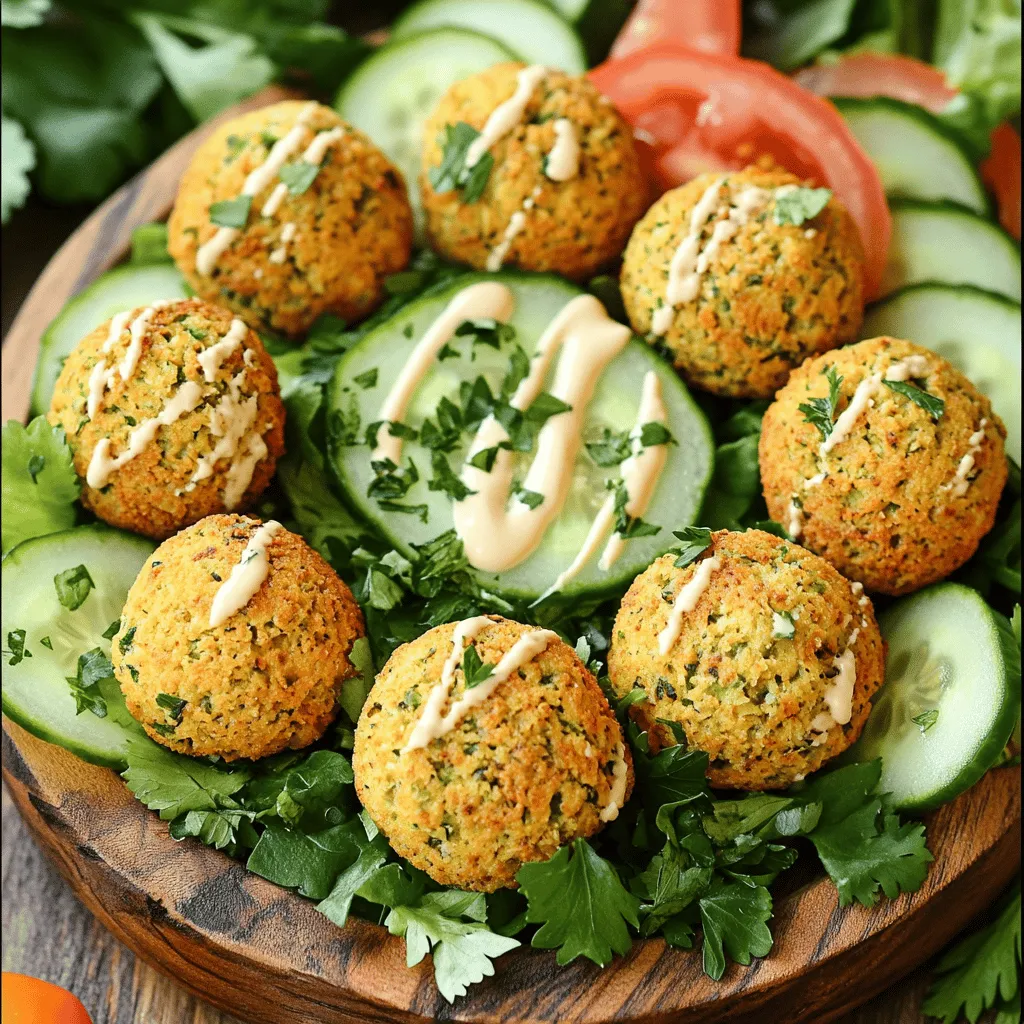 - Dried Chickpeas: Use 1 cup of dried chickpeas. Soak them overnight in water. This step helps soften the chickpeas and makes them easy to blend. - Fresh Herbs and Aromatics: You need 1 small onion, finely chopped, and 2 cloves of minced garlic. Add 1/4 cup of finely minced parsley and 1/4 cup of finely minced cilantro. These add bright flavors to the falafel. - Spices and Seasonings: Use 1 teaspoon of ground cumin and 1 teaspoon of ground coriander. For a little heat, add 1/4 teaspoon of cayenne pepper (optional). Add salt and pepper to taste. These spices give the falafel its signature taste. - Cooking and Binding Agents: You’ll need 3 tablespoons of olive oil and 1 tablespoon of freshly squeezed lemon juice. Use 1/4 cup of whole wheat flour to help bind the mixture. If it feels too wet, add more flour until you can shape it easily. For the full recipe, you can check the section above. Start by preheating your oven to 400°F (200°C). This temperature helps make the falafel crispy. Line a baking sheet with parchment paper. This step prevents sticking and makes cleanup easy. Next, grab your food processor. Add soaked and drained chickpeas, chopped onion, minced garlic, parsley, and cilantro. Also, add ground cumin, ground coriander, baking soda, and a pinch of salt and pepper. Pulse until the mix is coarse, but don’t overdo it. You want small pieces, not a paste. Now, transfer the falafel mix to a large bowl. Add olive oil, lemon juice, and whole wheat flour. Stir until everything is combined well. If the mix feels too wet to shape, add more flour slowly until it holds together nicely. To shape the falafel, coat your hands lightly with oil. Form small balls, about 1.5 inches wide, or flatten them into patties. Place each piece on the baking sheet, leaving space between them for even cooking. For crisp falafel, brush or spray the tops lightly with olive oil. This helps achieve that golden color and crunch. Bake the falafel in the preheated oven for 25-30 minutes. Flip them halfway through to ensure they brown evenly. They should be golden brown and crispy on all sides when done. After baking, let the falafel cool for a few minutes before serving. Enjoy your tasty and healthy snack! For the full recipe, check the previous section. To get crispy baked falafel, olive oil is key. It helps create a golden-brown crust. Use about three tablespoons for the mix, plus a bit more to brush on top. This adds flavor and helps the falafel crisp up nicely. Control moisture for the best results. If your mixture feels wet, add more whole wheat flour. This will help bind the ingredients and keep them from falling apart. A good balance of dry and wet ingredients is vital for that perfect crunch. One common mistake is over-processing the chickpeas. If you blend them too much, your falafel will turn into a paste. Aim for a coarse texture to keep them light and fluffy. Another pitfall is not baking at the right temperatures. Make sure your oven is preheated to 400°F (200°C). Baking for 25-30 minutes allows the falafel to cook evenly. Flip them halfway for the best browning. Falafel pairs well with many sauces. Tahini sauce is a classic choice. You can also use yogurt sauce for a refreshing taste. Get creative with your serving ideas! Stuff falafel into warm pita bread with fresh veggies. You could also serve them over a salad for a healthy option. For a fun twist, make falafel wraps with your favorite toppings. For the full recipe, check out the details above. {{image_4}} You can easily change the taste of your falafel. Adding herbs like mint or dill gives a fresh twist. These herbs add bright flavors that pair well with chickpeas. You can also try mixing in vegetables. Zucchini or spinach can add moisture and nutrition. Just chop them finely and mix them in. This helps create a unique taste each time you make falafel. Crispy baked falafel can fit many diets. If you need gluten-free, use chickpea flour instead of whole wheat. This keeps the texture while being safe for gluten-free eaters. For those who avoid nuts, this recipe is already nut-free. You can easily adapt it by checking the ingredients. Each change can still lead to a tasty, healthy snack. With these simple swaps, everyone can enjoy falafel. For more detailed instructions, check the full recipe. To keep your leftover falafel fresh, store them in the fridge. Use an airtight container to avoid drying them out. Make sure they cool down to room temperature before sealing. This way, they will stay tasty for up to four days. If you want to keep falafel for longer, freezing is a great option. Start by placing cooked falafel on a baking sheet. Freeze them for about an hour until firm. Once frozen, transfer them to a freezer bag. This method helps prevent them from sticking together. You can store them in the freezer for up to three months. Reheating falafel is easy and helps keep them crispy. The best method is to use the oven. Preheat your oven to 375°F (190°C). Place the falafel on a baking sheet. Heat for about 10-15 minutes until warm. This method helps them regain their crunch. Avoid using the microwave, as it can make them soggy. If you're in a hurry, a skillet works too. Heat a little oil in the pan and warm the falafel for a few minutes on each side. This brings back some crispness while warming them. To get crispy baked falafel, you need a few key methods. First, use soaked dried chickpeas instead of canned ones. This helps with texture. Second, add olive oil to the mixture and brush it on top before baking. This helps them brown. Finally, bake them at a high temperature, about 400°F (200°C). This creates a nice crust that adds crunch. Yes, you can use canned chickpeas, but there are pros and cons. Canned chickpeas save time and are easy to find. However, they may make the falafel too wet. If you use canned ones, drain and rinse them well. You might need to adjust the flour to keep the mix from being too soggy. Look for visual and texture cues to know if falafel is done. They should be golden brown all over. The outside should feel firm and slightly crispy. If you cut one open, the inside should be soft but not mushy. Trust your eyes and touch for the best results. Many dipping sauces pair great with falafel. Here are a few ideas: - Tahini sauce: Creamy and nutty, it’s a classic choice. - Yogurt sauce: Cool and refreshing, this adds a nice contrast. - Spicy harissa: If you like heat, this adds a kick. - Hummus: Smooth and flavorful, it’s always a hit. Feel free to mix and match your favorites! For the full recipe, check out the Crispy Baked Falafel recipe above. This guide covers how to make delicious baked falafel from scratch. We discussed key ingredients, step-by-step instructions, and helpful tips for success. Remember to soak your chickpeas and carefully mix your herbs and spices. Avoid common mistakes for the best results. You can customize your falafel with different flavors or dietary needs. Store leftovers properly to enjoy later. With practice, you’ll perfect this tasty dish and impress your friends and family. Enjoy your cooking journey and the tasty rewards that follow!