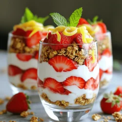 - 2 cups Greek yogurt - 1 cup fresh strawberries, hulled and sliced - 1/4 cup honey (adjust sweetness to taste) - 2 tablespoons fresh lemon juice - 1 teaspoon lemon zest - 1 cup granola (store-bought or homemade) - Fresh mint leaves for garnish When making strawberry lemon yogurt parfaits, I always start with high-quality ingredients. Greek yogurt gives a rich taste and thick texture. Fresh strawberries add natural sweetness and bright color. Honey can be adjusted for your desired sweetness. Fresh lemon juice and zest bring a zesty kick, brightening every bite. Granola provides a nice crunchy layer, which I love for texture. Finally, mint leaves add a fresh finish that looks great too. If you don’t have Greek yogurt, you can use regular yogurt or even dairy-free yogurt. For sweeteners, maple syrup or agave nectar work well in place of honey. If you want a different crunch, try using nuts or seeds instead of granola. You can also use toasted coconut flakes for a unique twist. Using these substitutions can still give you a delicious parfait. The goal is to have fun and enjoy your cooking. For the full recipe, check the full recipe section. To start, grab a medium bowl. Add 2 cups of Greek yogurt. Next, pour in 1/4 cup of honey, 2 tablespoons of fresh lemon juice, and 1 teaspoon of lemon zest. Use a spatula or whisk to mix everything together. Keep stirring until the mixture is smooth and creamy. Taste it! If you want it sweeter, add more honey. Now, find some clear glasses or dessert cups. Begin by spooning a generous layer of the yogurt mixture into each glass. Fill about 1/4 of the glass height for this first layer. Next, add your sliced strawberries. Place them evenly on top of the yogurt. This makes it look pretty and ensures each bite has fruit. For the third layer, sprinkle granola over the strawberries. This adds a great crunch and pairs well with the yogurt and berries. Continue building your parfait by repeating the layers of yogurt, strawberries, and granola. Stop before reaching the rim of the glass. Leave some space for the last layer, which should be yogurt. To finish, add a few more sliced strawberries on top of the yogurt. Top it off with a fresh mint leaf for a nice touch. This looks great and adds extra flavor. You can find the full recipe to make this delicious treat! To make your parfait shine, layer wisely. Start with yogurt at the bottom. This keeps granola from getting soggy. Use a spoon to add yogurt, then smooth it out. Next, layer strawberries evenly. This ensures every bite has fruit. Add granola next, but don’t pack it down. Lightly sprinkle it on top. Repeat layers until you reach the top. Leave a little space to add a final yogurt layer. Choose clear glasses or cups. Tall glassware shows off your layers. This makes your parfait look stunning. Use a small spoon to add honey on top for shine. For a fun touch, add a mint leaf. It adds a pop of color and fresh aroma. You can also use a few extra strawberry slices on top. This gives a beautiful finish that invites tasting. Want to mix things up? Try adding cinnamon to the yogurt. It gives a warm twist. You can also swap strawberries for other fruits, like blueberries or peaches. Fresh herbs like basil can brighten flavors. Just chop a few leaves and sprinkle on top. These small changes can make your parfait unique and tasty. {{image_4}} You can change up the flavors in your Strawberry Lemon Yogurt Parfaits easily. Try using seasonal fruits like blueberries or peaches. They add new tastes and colors to your dish. You could also mix in flavors into the yogurt. Adding vanilla or almond extract gives a nice twist. Experiment to find your perfect mix! If you want a vegan option, swap Greek yogurt for cashew or coconut yogurt. These alternatives still offer creaminess. For nut-free options, make sure to choose granola that is free from nuts. This way, everyone can enjoy the parfaits without worry! These parfaits are great for breakfast or as a light dessert. Pair them with a refreshing drink, like iced tea or lemonade, for a delightful meal. You can serve them in pretty glasses to show off the layers. Your guests will be impressed by the colors and textures! For more ideas, check out the Full Recipe for inspiration. To keep your parfaits fresh, use airtight containers. Glass jars work great for this. They help keep the yogurt creamy and the strawberries juicy. Make sure to layer the ingredients carefully. Store them in the fridge for best results. Avoid mixing layers before storing to keep the granola crunchy. You can freeze yogurt parfaits, but the texture may change. If you plan to freeze them, layer them in freezer-safe containers. Leave some space at the top for expansion. When you're ready to eat, let them thaw in the fridge overnight. This makes for easy meal prep. You can also prep a big batch and enjoy them later. Eat your leftovers within three days for the best taste. After that, the strawberries may lose their flavor and texture. If you see any water at the bottom of your container, it’s a sign to eat them soon. Always trust your senses; if it smells or looks off, it’s best to toss it. If you want to switch up the toppings, there are many options. You can use: - Crushed nuts for a crunchy texture. - Oats mixed with a little honey. - Cereal for a different crunch. - Coconut flakes for tropical flavor. These alternatives add great taste and texture to your parfait. Yes, this recipe is great for kids! It has nutrients and flavors they love. Greek yogurt gives protein, while strawberries add vitamins. The sweet honey makes it a fun treat. Plus, kids can help layer the parfaits, making it a fun activity. You can make these parfaits a few hours ahead! Just store them in the fridge. Here are some tips: - Prepare the yogurt mix and fruit in advance. - Layer them just before serving for the best crunch. - If you want to keep granola fresh, add it right before eating. To make this recipe dairy-free, swap Greek yogurt for dairy-free yogurt. Here are some good options: - Almond milk yogurt for a mild flavor. - Coconut yogurt for a creamy texture. - Soy yogurt for a protein boost. These choices keep the flavor while meeting dietary needs. You now have a clear guide to making delicious yogurt parfaits. We covered essential ingredients, step-by-step instructions, and tips for great presentation. Remember, you can customize flavors and make this recipe fit your needs. Whether you want a quick breakfast or a fancy dessert, these parfaits are versatile. Use the storage tips to keep your leftovers fresh. Enjoy experimenting with different flavors and ingredients. Your parfaits will impress anyone, and they are fun to make!