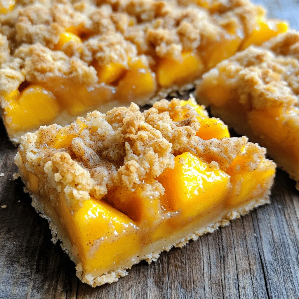 To make delicious peach crumble bars, you need some key ingredients. Here’s what you will need: - 2 cups fresh peaches, peeled and diced into bite-sized pieces - 1 tablespoon freshly squeezed lemon juice - 1 teaspoon pure vanilla extract - 1 cup all-purpose flour - 1 cup rolled oats - ½ cup packed brown sugar - ½ cup granulated sugar - ½ teaspoon baking powder - ½ teaspoon salt - ½ cup unsalted butter, melted and slightly cooled - 1 teaspoon ground cinnamon - ¼ teaspoon freshly grated nutmeg These ingredients work together to create a tasty treat. The peaches add sweetness, while the oats and flour provide a crumbly texture. You can add twists to your peach crumble bars. Here are some fun ideas: - Nuts: Chopped walnuts or pecans add crunch. - Berries: Try adding blueberries or raspberries for a fruity mix. - Spices: Cardamom or ginger can change the flavor profile. - Sweeteners: Substitute coconut sugar for a deeper flavor. Feel free to mix and match as you like! You can also swap butter for coconut oil for a dairy-free option. Fresh peaches give the best flavor and texture. They are juicy and sweet. However, canned peaches are a good choice if you can’t find fresh ones. Just make sure to drain them well. This helps avoid extra juice in your bars. Using fresh peaches may need a bit more prep time. But they will make your bars shine! Whether you choose fresh or canned, both options can create a delightful dessert. First, preheat your oven to 350°F (175°C). Grab an 8x8 inch baking dish. Line it with parchment paper. Make sure the paper has some overhang. This helps you lift out the bars easily later. In a medium bowl, add 2 cups of diced peaches. These should be peeled and chopped into small pieces. Pour in 1 tablespoon of lemon juice and 1 teaspoon of vanilla extract. Gently toss everything together. Set this mixture aside. Let the flavors blend while you prepare the crumble. Take a large bowl and add the dry ingredients. Combine 1 cup of flour, 1 cup of rolled oats, ½ cup of packed brown sugar, ½ cup of granulated sugar, ½ teaspoon of baking powder, and ½ teaspoon of salt. Don’t forget 1 teaspoon of ground cinnamon and ¼ teaspoon of freshly grated nutmeg. Whisk these ingredients together well. Next, pour in ½ cup of melted butter. Stir until it all mixes together. You want it to be crumbly. Keep 1 cup of this crumble mixture aside. This will be your topping. Now, press the remaining crumble mixture firmly into the bottom of your prepared dish. Spread it evenly to form a base. Take your peach mixture and carefully spoon it over this base. Make sure to cover it fully. Finally, sprinkle the reserved crumble mixture on top of the peaches. Make it nice and even. Bake this in the oven for 30-35 minutes. Look for a golden brown topping and bubbly peaches. Once done, remove the dish. Let it cool in the pan for about 10 minutes. Lift the bars out using the parchment paper. Place them on a wire rack to cool completely. Once cool, slice them into bars. Enjoy! For the full recipe, check the section above. To cut your peach crumble bars neatly, wait for them to cool. This step is key. If you cut them too soon, they may crumble. Once they cool, use a sharp knife. Wipe the knife with a damp cloth between cuts. This helps keep the edges clean. For even baking, always preheat your oven. An oven thermometer can help check the right temperature. Place your dish in the center of the oven. This ensures even heat. If you use a glass dish, reduce the temp by 25°F. This prevents over-baking. If you have leftover peaches, think of fun ways to use them. You can make a peach smoothie or a fresh peach salsa. You can also add diced peaches to oatmeal or yogurt. They add a sweet touch! For a quick dessert, grill the peaches and serve them with ice cream. Peach crumble bars are just the start of delicious peach dishes! Check out the Full Recipe for more ways to enjoy peaches. {{image_4}} You can switch up the peaches for other fruits. Berries, apples, or plums work great. Each fruit adds its own flavor. For example, blueberries give a sweet burst. Apples add a nice crunch. Mix and match to find your favorite combo. I love using a mix of fruits for a colorful treat. If you need a gluten-free version, use almond flour or oat flour. These options give a nice texture. You can also use gluten-free rolled oats. Just check the label to ensure they are certified gluten-free. Substitute the flour in equal parts. Your bars will still taste delicious! To make these bars vegan, swap the butter for coconut oil or vegan butter. Use a flax egg instead of regular eggs. Mix 1 tablespoon of ground flaxseed with 2.5 tablespoons of water. Let it sit for a few minutes until it thickens. This will help bind the crust! Your vegan bars will be just as yummy. To keep your peach crumble bars fresh, store them in an airtight container. Make sure they are completely cooled before sealing. This helps prevent sogginess. You can keep them at room temperature for up to three days. If you want to store them longer, refrigeration is a better choice. In the fridge, they will last up to one week. Freezing is a great option if you want to save some bars for later. First, cut the bars into squares. Then, wrap each piece in plastic wrap. Place the wrapped bars in a freezer-safe bag or container. This method keeps them fresh for about three months. When you’re ready to enjoy them, just thaw them in the fridge overnight. To reheat peach crumble bars without losing their texture, use an oven. Preheat your oven to 350°F (175°C). Place the bars on a baking sheet and warm them for about 10-15 minutes. This will make them soft and gooey again. If you prefer, you can also use a microwave. Heat them for about 20-30 seconds, but be careful not to overdo it. Enjoy your peach crumble bars warm or at room temperature! Yes, you can make Peach Crumble Bars ahead of time. They store well in the fridge for up to three days. To do this, bake the bars, let them cool, and then cover them tightly. This keeps them fresh and ready for a quick dessert. Peach Crumble Bars taste great with a scoop of vanilla ice cream or whipped cream. You can also serve them with a drizzle of caramel sauce for a sweet touch. Fresh mint leaves add a nice color and flavor contrast. You can tell the bars are done when the topping is golden brown. The peaches should be bubbly, releasing their sweet aroma. A toothpick inserted into the center should come out clean, showing the bars are set. Yes, you can substitute butter in this recipe. Use coconut oil or a plant-based butter for a dairy-free option. These alternatives will still give you a nice crumble, making your bars tasty and suitable for different diets. For a healthier choice, you can use unsweetened applesauce. You’ve learned how to make tasty Peach Crumble Bars with essential tips and tricks. From choosing fresh or canned peaches to exploring gluten-free and vegan options, there is a version for everyone. Remember to store your bars properly and reheat them for the best taste. Feel free to try different fruits or add your twist. Now, enjoy your delicious creation and share it with friends and family!