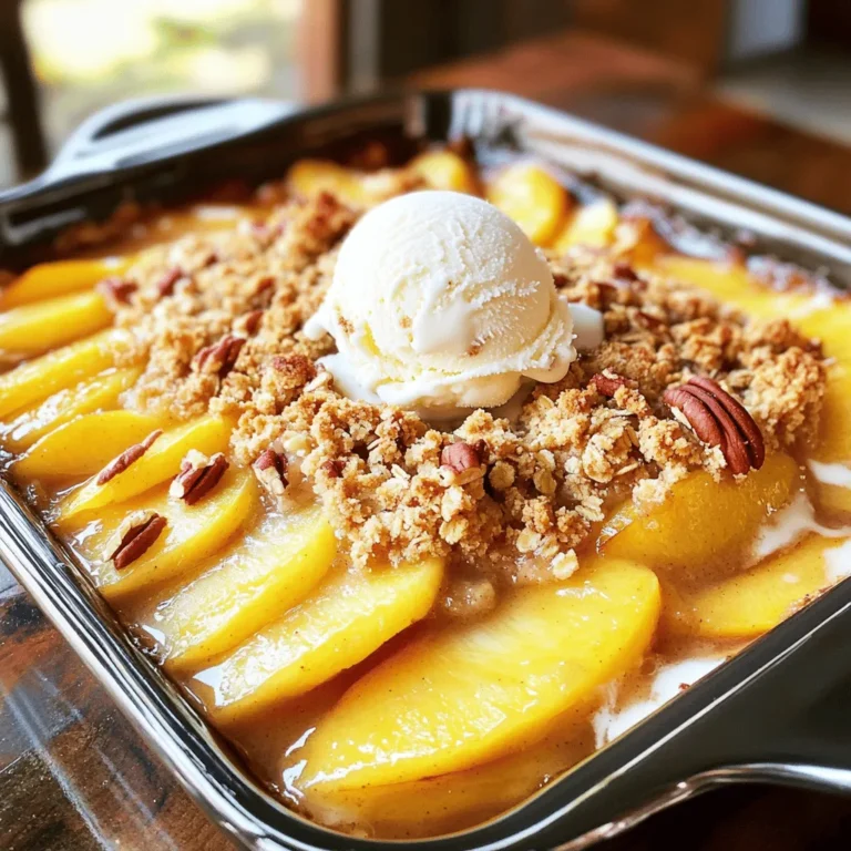 To create a delightful peach crisp, you need a few key ingredients: - 4 large fresh peaches, pitted and sliced - 1 tablespoon freshly squeezed lemon juice - ½ cup brown sugar, divided - 1 teaspoon ground cinnamon - 1 tablespoon cornstarch - 1 cup rolled oats - ½ cup all-purpose flour - ½ cup packed brown sugar (for topping) - ½ teaspoon salt - ½ teaspoon pure vanilla extract - ½ cup unsalted butter, melted These main ingredients blend to create a sweet and tangy filling, topped with a crunchy oat topping. The fresh peaches give a juicy base, while the brown sugar and cinnamon add warmth. You can add a couple of optional ingredients to enhance your crisp: - ¼ cup chopped pecans (optional, for added texture) - ½ teaspoon pure vanilla extract (for enhanced flavor) Adding nuts gives a nice crunch. Vanilla extract boosts the flavor, making your dessert even more delightful. To make the peach crisp, you'll need some basic kitchen tools: - 9x13-inch baking dish - Mixing bowls These tools help you mix your ingredients and bake your delicious crisp. The baking dish holds all the goodness, while the mixing bowls allow you to combine flavors easily. For the full recipe, follow the steps outlined earlier to create this summer delight! - Preheat the oven to 350°F (175°C). This helps cook the crisp evenly. - In a large bowl, combine the sliced peaches with 1 tablespoon of lemon juice, ½ cup of brown sugar, 1 teaspoon of cinnamon, and 1 tablespoon of cornstarch. Toss gently until the peaches are well coated. - Pour the peach mixture into a greased 9x13-inch baking dish. Spread it out evenly for the best bake. - In another bowl, mix 1 cup of rolled oats, ½ cup of all-purpose flour, ½ cup of brown sugar, ½ teaspoon of salt, and ½ teaspoon of pure vanilla extract. - Add ½ cup of melted unsalted butter to the dry mix. Stir until it forms a crumbly texture that looks like wet sand. - Spread the oat mixture evenly over the peach layer in the baking dish. Cover the fruit completely for a tasty topping. - Place the baking dish in the preheated oven. Bake for 30-35 minutes until the topping turns golden brown and the peaches bubble up. - For more details, check the Full Recipe for extra tips. To make the best peach crisp, choose ripe but firm peaches. This ensures a great texture. Overripe peaches can turn mushy in the oven. You can also adjust sugar levels based on your sweetness preference. If you like it sweeter, add more brown sugar. If you prefer it less sweet, cut back a bit. Serving your peach crisp warm is key. Pair it with vanilla ice cream for a creamy contrast. The ice cream melts into the warm crisp, creating a lovely mix. You can also top it with whipped cream for extra richness. A sprinkle of cinnamon adds a nice touch, enhancing the warm flavors. For added depth, try spices like nutmeg or ginger. These spices bring a warm kick to the dish. You can also mix in other fruits for a fun twist. Berries, apples, or even plums can create a delightful mixed fruit crisp. This way, you can enjoy different flavors in one dish. For more ideas, check the Full Recipe. {{image_4}} You can swap peaches with many fruits. Berries, apples, or plums work well. Each fruit gives a new flavor. You can also mix fruits for a fun twist. A mixed fruit crisp brings joy to any table. Just remember to adjust sugar based on the fruit's sweetness. This keeps your dessert balanced. If you need a gluten-free option, it's easy! Use gluten-free oats and flour. They work just as well in this recipe. Almond flour is another great choice. It gives a nice nutty taste. Your crisp will still be tasty and satisfying. To make this dessert vegan, replace butter with coconut oil or vegan butter. Both give richness to the topping. You can also use a plant-based sweetener. Maple syrup or agave nectar are great options. These swaps keep the flavor while fitting your diet. Enjoy your peach crisp without worry! Store any leftover peach crisp in an airtight container in the refrigerator. This keeps it fresh. It will last for about three to four days. Make sure it’s completely cool before sealing it to avoid moisture buildup. To enjoy your peach crisp again, warm it in the oven or microwave. If using the oven, preheat it to 350°F (175°C). Place the crisp in an oven-safe dish and cover it with foil. Heat for about 10-15 minutes. In the microwave, warm a single serving for about 30 seconds to 1 minute. This helps keep the topping crisp and the peaches warm. If you want to save some for later, freeze the crisp in individual portions. Use freezer-safe containers or bags. Make sure to label them with the date. It can last up to three months in the freezer. When you're ready to eat, thaw it in the fridge overnight and reheat as mentioned above. This method makes for quick and easy servings! Yes, you can use frozen peaches! Frozen peaches work well when fresh ones are not in season. They keep their flavor and texture. Just remember to thaw them first and drain excess juice. This helps prevent a soggy crisp. Fresh peaches add a great taste, but frozen ones can still shine. To boost the crunch, try these tips: - Use more rolled oats for the topping. - Add chopped nuts like almonds or walnuts for extra texture. - Bake the crisp a bit longer until the topping is golden brown. - Make sure to mix the butter well into the topping for a crispier bite. These steps help create a delightful crunch that everyone will love. If you need a substitute for brown sugar, here are some options: - Use white sugar mixed with a bit of molasses. - Try coconut sugar for a similar taste. - Honey or maple syrup can also work, but adjust the liquid in your recipe. These choices keep the sweet flavor without changing your dish too much. Peach crisp can last in the fridge for about 3-5 days. To keep it fresh, store it in an airtight container. When you're ready to enjoy it, just reheat it in the oven or microwave. This way, you can savor the taste of summer peach crisp even days later. For the best flavor, eat it sooner rather than later. Check the look and smell to ensure freshness. For the full recipe, check out the Peachy Paradise Crisp section! Peach crisp is simple and fun to make. Fresh peaches and a sweet topping create a great treat. Remember to prepare your ingredients and follow each step closely. Add nuts or spices for extra flavor. Try using other fruits, too, for variety. Store leftovers in the fridge or freeze for later. Your peach crisp can be enjoyed warm or cold. I hope you have fun making this delicious dessert!