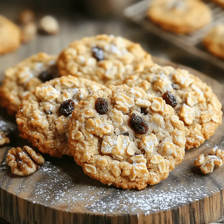 To make the best classic oatmeal raisin cookies, gather the following ingredients: - 1 cup unsalted butter, softened - 1 cup brown sugar, tightly packed - 1/2 cup granulated sugar - 2 large eggs, at room temperature - 1 teaspoon pure vanilla extract - 1 1/2 cups all-purpose flour - 1 teaspoon baking soda - 1 teaspoon ground cinnamon - 1/2 teaspoon fine salt - 3 cups old-fashioned rolled oats - 1 cup raisins (preferably plump) - 1/2 cup chopped walnuts (optional) Using the right amounts is key. If you need a substitute, here are some tips: - For butter, use coconut oil for a dairy-free option. - Brown sugar can be replaced with coconut sugar for a more natural sweetener. - Use flax eggs instead of regular eggs for vegan cookies. Just mix 1 tablespoon of ground flaxseed with 2.5 tablespoons of water for each egg. - Oats are necessary, but you can swap some for ground nuts if desired. Quality matters in baking. Fresh ingredients make a big difference in taste. Here are some points to consider: - Use real vanilla extract, not imitation. It adds depth to the flavor. - Choose plump raisins for a juicy bite. They blend well with oats. - Old-fashioned rolled oats create the best texture. Instant oats can make your cookies mushy. - The butter should be at room temperature. This helps it blend smoothly with the sugars. For the full recipe, you can visit the link provided. Enjoy your baking! To start, preheat your oven to 350°F (175°C). Grab two baking sheets and line them with parchment paper. This keeps the cookies from sticking. In a large bowl, mix together softened butter, brown sugar, and granulated sugar. Use an electric mixer to beat until the mix is light and fluffy. This should take around 2 to 3 minutes. Next, add the eggs one by one. Make sure to blend well after each addition. Then, pour in the pure vanilla extract and mix until smooth. In a separate bowl, whisk together all-purpose flour, baking soda, ground cinnamon, and fine salt. Once mixed, slowly add this dry blend into the wet ingredients. Mix on low speed until just combined; avoid overmixing! Now, gently fold in old-fashioned rolled oats, plump raisins, and optional chopped walnuts using a spatula. Make sure everything is evenly mixed. Using a tablespoon, drop big mounds of dough onto the lined baking sheets. Leave enough space between each mound for spreading. Now, pop the sheets into your preheated oven. Bake for 10 to 12 minutes. Look for lightly golden edges and set centers. They should still be chewy in the middle. After baking, take the cookies out of the oven. Let them cool on the sheets for 5 minutes. This helps them firm up. Then, transfer the cookies to a wire rack to cool completely. Once cooled, store them in an airtight container. They stay fresh for several days. For more cookie magic, check the Full Recipe! To make soft and chewy oatmeal raisin cookies, focus on mixing. Cream the butter and sugars until fluffy. This step adds air and helps with texture. Mix in the eggs one by one, letting each blend fully. When adding flour, mix just until combined. Overmixing can lead to tough cookies. Many people make the same errors when baking cookies. One common mistake is using cold butter. Always use softened butter for the best results. Another error is not measuring flour correctly. Too much flour can dry out your cookies. Use a spoon to scoop flour into the measuring cup, then level it off. You can easily change the flavors in these cookies. Add chocolate chips or chopped nuts for extra crunch. You can also replace half of the oats with whole wheat flour for a healthier twist. Try adding spices like nutmeg or ginger for a unique taste. If you like coconut, mix in some shredded coconut for a tropical vibe. Check out the Full Recipe for more ideas! {{image_4}} You can make oatmeal raisin cookies healthier. Try using whole wheat flour instead of all-purpose flour. Whole wheat adds fiber and nutrients. You can also swap brown sugar for coconut sugar. This change lowers the glycemic index. For a lower-calorie option, use a sugar substitute like stevia or erythritol. These swaps keep the cookies sweet but trim the calories. Get creative with your cookies! Add chocolate chips for a sweet twist. Use dark chocolate for a richer flavor. If you like texture, toss in some shredded coconut. It adds chewiness and a tropical flair. Nuts like pecans or almonds also work well. They bring extra crunch and taste. Mix and match to find your favorite combo. You can switch up flavors based on the season. In fall, try pumpkin spice oatmeal cookies. Just add pumpkin puree and your favorite spices like nutmeg and ginger. For winter, consider peppermint extract. It gives a fresh taste, perfect for the holidays. Each variation brings new joy and warmth to this classic cookie. For the full recipe, check the link provided. To keep your cookies fresh, place them in an airtight container. This helps avoid moisture loss. You can also add a slice of bread to keep them soft. The bread will absorb excess air, keeping your cookies nice and chewy. You can freeze both the cookie dough and the baked cookies. For cookie dough, scoop mounds onto a baking sheet and freeze until firm. After that, transfer them to a freezer bag. This way, you can bake fresh cookies whenever you want. For baked cookies, let them cool first. Then, place them in a freezer-safe container. They can last up to three months in the freezer. When stored properly, oatmeal raisin cookies can last up to a week at room temperature. If you keep them in the fridge, they may last a bit longer, about two weeks. However, they are best enjoyed fresh. If you want the full flavor, eat them within the first few days. For the full recipe, check out the earlier section to make your delicious cookies! To make your oatmeal raisin cookies chewy, use more brown sugar than white sugar. Brown sugar adds moisture. You should also slightly underbake the cookies. This keeps the centers soft. Let them cool on the sheets for a few minutes before moving them. This helps them firm up without getting too hard. Yes, you can use other fruits instead of raisins. Dried cranberries, cherries, or apricots work well. Chop them into small pieces for even mixing. You can also try fresh fruits, but note that they add moisture. This may change the cookie texture. If your cookies are too dry, check your measurements. Too much flour can cause dryness. You can also add a tablespoon of milk or an extra egg. This adds moisture and helps soften the cookies. You can also store them in an airtight container with a slice of bread. The bread will help keep them soft. For the full recipe, check out Classic Oatmeal Raisin Cookies. This blog post covers the key steps to making oatmeal raisin cookies. We discussed vital ingredients, precise measurements, and the need for quality. You learned the process from preparing the dough to cooling the cookies. Remember the tips for perfect texture while avoiding common mistakes. You can customize flavors or try healthier options. Knowing how to store your cookies is important for keeping them fresh. Now, you’re ready to bake delicious cookies that everyone will enjoy.