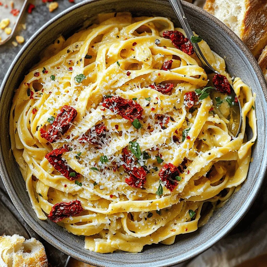 To make creamy sun-dried tomato pasta, gather these simple ingredients: - 8 oz (225g) pasta of your choice (fettuccine or penne are excellent options) - 1 cup sun-dried tomatoes, packed in oil, drained and finely chopped - 1/2 cup heavy cream or coconut cream (for a dairy-free twist) - 1/4 cup grated parmesan cheese (optional; or use nutritional yeast for a vegan alternative) - 3 cloves garlic, minced - 1/4 cup fresh basil, finely chopped - 1 tablespoon olive oil - Salt and freshly cracked pepper to taste - Crushed red pepper flakes (optional, for a spicy kick) - 1/4 cup baby spinach (optional, for an extra boost of greens) When measuring your ingredients, use dry measuring cups for solids. For liquids, use a liquid measuring cup. This way, you get the right amounts every time. If you don’t have a scale, remember that 1 cup of dry pasta typically weighs about 4 oz. This can help you adjust your recipe if you want to make a bigger batch. You can easily adapt this recipe for different diets. For a vegan option, replace heavy cream with coconut cream and parmesan with nutritional yeast. If you want it gluten-free, swap regular pasta for gluten-free pasta. You can also leave out the cheese for a lighter dish. These changes keep the flavor while meeting your needs. Enjoy this creamy sun-dried tomato pasta with these tasty alternatives! Start by boiling a large pot of salted water. Once the water bubbles, add your pasta. Cook it according to the package directions until it’s al dente. This usually takes about 8 to 10 minutes. After that, drain the pasta but save half a cup of water. Set the pasta aside while you make your sauce. In a big skillet, heat olive oil over medium heat. Add minced garlic and cook for about a minute until it smells great. Then, stir in the chopped sun-dried tomatoes. Let them cook for 2 to 3 minutes to bring out their flavors. Now, lower the heat and slowly pour in the heavy cream. Stir until it’s mixed well. If you’re using parmesan cheese, add it now and mix until it melts. Season with salt and pepper. If you like it spicy, toss in some crushed red pepper flakes. Add the drained pasta to the skillet and toss it in the creamy sauce. If the sauce is too thick, add a bit of the reserved pasta water until it’s just right. Now, fold in the fresh basil and baby spinach, if you chose to use it. Stir until the spinach wilts. Taste the sauce and adjust the seasoning if needed. Your pasta dish is now ready to serve! For the full recipe, check out the complete instructions above. To make the best pasta, start with lots of water. Use about 4 to 6 quarts for each pound of pasta. This helps the pasta cook evenly. Add a good amount of salt to the water. It should taste like the sea. For perfect texture, cook until al dente, which means firm to the bite. You can boost the flavor in many ways. Add more garlic for a stronger taste. Toss in some crushed red pepper flakes if you like spice. Fresh herbs like parsley or oregano can brighten the dish. For a tangy twist, squeeze fresh lemon juice over the pasta before serving. You can also mix in cooked chicken, shrimp, or even roasted veggies for extra nutrition. A beautiful plate makes your food more appealing. Serve the creamy sun-dried tomato pasta in a large, inviting bowl. Garnish with fresh basil leaves on top. A sprinkle of parmesan cheese adds a nice touch. Drizzle a little olive oil to enhance the look and flavor. Pair it with crusty bread for a delightful meal. For the full recipe, check out the Creamy Sun-Dried Tomato Pasta Delight. {{image_4}} You can easily make this dish vegetarian or vegan. To keep it vegetarian, use heavy cream and parmesan cheese. For a vegan twist, replace heavy cream with coconut cream. Nutritional yeast works great as a parmesan substitute. This way, you still get rich flavor without dairy. You can also add more veggies like zucchini or bell peppers for extra taste and nutrition. Want to add protein? Chicken and shrimp are great choices. For chicken, use cooked, diced pieces. Sauté them with garlic before adding sun-dried tomatoes. For shrimp, cook them in the skillet until pink, then mix them in. Both options add richness and make the dish more filling. If you need gluten-free pasta, there are many options. Look for pasta made with rice, quinoa, or lentils. These types cook well and hold the sauce nicely. Many brands offer great tastes and textures that mimic traditional pasta. Just follow the package directions for cooking time. To store leftovers, let the pasta cool first. Place it in an airtight container. Make sure you seal it well to keep it fresh. Store the container in the fridge. The pasta will stay good for up to three days. When you want to reheat, take the pasta out of the fridge. You can use a microwave or a skillet. If using a microwave, add a splash of water or cream to keep it moist. Heat for 1-2 minutes, stirring halfway through. For a skillet, warm it over low heat, adding a little water if needed. Stir until heated through. You can freeze this dish for later. First, cool the pasta completely. Then, place it in a freezer-safe container. Seal it tightly to avoid freezer burn. It can last up to three months in the freezer. To thaw, move it to the fridge overnight before reheating. This way, you can enjoy creamy sun-dried tomato pasta anytime! For the full recipe, check the section above. You can use coconut cream for a dairy-free option. This gives a rich taste. Whole milk or half-and-half also works if you want a lighter version. For a nutty flavor, try cashew cream. Each option changes the dish's vibe a bit, so choose what you like best. Yes, you can use fresh tomatoes. However, the flavor will differ. Sun-dried tomatoes add a deep, sweet taste that fresh tomatoes lack. If you use fresh, chop them finely and sauté them longer to develop the flavor. You might want to add a bit of tomato paste for extra richness. To add heat, sprinkle in crushed red pepper flakes. Start with a small amount and taste as you go. You can also add diced jalapeños or a dash of hot sauce. For a smoky twist, try a pinch of smoked paprika. Adjust to your spice level! Absolutely! This dish stores well in the fridge for a few days. Just keep the pasta and sauce separate to avoid sogginess. When ready to eat, reheat gently on the stove or in the microwave. It’ll taste almost as good as fresh! For the full recipe, check out the recipe section above. We covered the key ingredients and step-by-step instructions for a creamy pasta dish. You learned tips for perfect cooking and ways to adapt the recipe for dietary needs. I shared storage methods to keep leftovers fresh. Remember, cooking should be fun and creative. Use the tips provided to make this dish your own. Enjoy experimenting with flavors and ingredients. Happy cooking!