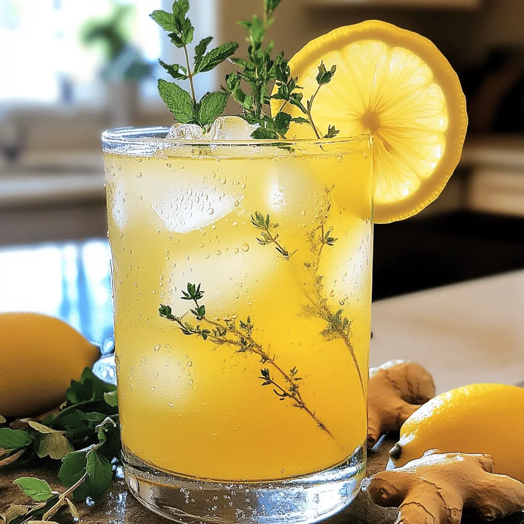 For the best ginger lemonade refresher, use fresh ingredients. Fresh lemon juice is key. You will need about 4 to 6 medium lemons to get 1 cup of juice. Fresh ginger gives a nice spice. Peel and slice half a cup of ginger thinly. The combination of these two will create a bright and zesty drink. Here are the exact measurements for the recipe: - 1 cup fresh lemon juice - 1/2 cup fresh ginger, sliced - 1 cup honey or agave syrup - 4 cups cold water - 1/2 teaspoon turmeric powder (optional) Feel free to adjust the honey or agave syrup to your liking. If you prefer a sweeter drink, add more sweetener. If you like it tangy, add more lemon juice. You can boost the health benefits of your drink. Adding turmeric powder gives an extra kick of flavor and health. Fresh mint leaves add a refreshing touch. Lemon slices make it look beautiful and add flavor. Use these add-ins to make your drink even more special. For the full recipe, check the details above. Start by gathering your ingredients. You need fresh ginger, cold water, and a saucepan. Slice the ginger thinly. This helps release its strong flavor. Place the sliced ginger and 2 cups of cold water in the saucepan. Heat it on medium until it boils. Once boiling, lower the heat and let it simmer for 10 minutes. This step creates a strong ginger infusion. After simmering, take the saucepan off the heat. Strain the ginger water into a large pitcher. Discard the solid ginger pieces. Now, you can mix the rest of your ingredients. Add 1 cup of fresh lemon juice to the pitcher. This gives your lemonade a bright and tangy taste. Next, pour in the honey or agave syrup. Stir well until it fully dissolves. If you want a health boost, add turmeric powder. Then, add the remaining 2 cups of cold water. Mix everything thoroughly. Taste your mixture. If it needs more sweetness, add a bit more honey or agave syrup. Your ginger lemonade is almost ready! Chill the pitcher in the fridge for at least 30 minutes. This ensures a cold drink on hot days. If you're in a hurry, you can serve it over ice right away. When serving, pour the lemonade into glasses. Garnish each glass with a slice of lemon and a sprig of fresh mint. This not only looks nice but also enhances the drink's aroma. Enjoy your refreshing summer drink! For the complete recipe, refer to the Full Recipe section. To make great ginger lemonade, focus on fresh ingredients. Start with ripe lemons for the best juice. The ginger should be firm and fragrant. Use a fine strainer to remove any solid bits from the infusion. This keeps your drink smooth and refreshing. Chill the lemonade well before serving. It should be cold and crisp, perfect for hot days. One common mistake is using bottled lemon juice. Fresh juice has a bright flavor. Another mistake is not letting the ginger steep long enough. Ten minutes gives the best taste. Also, avoid adding too much sweetener at once. Taste as you go to find your perfect balance. Lastly, don't skip the ice! It keeps your drink nice and cool. You can enhance your ginger lemonade in fun ways. Add fresh mint leaves for a cool twist. Basil can also bring a unique flavor. For a spicy kick, add a pinch of cayenne pepper. If you like fruit, try adding berries or slices of cucumber. These add color and taste. For the full recipe, check out the section above. {{image_4}} You can make your Ginger Lemonade Refresher even better by adding herbs and fruits. Fresh mint adds a cool taste that complements the ginger and lemon well. Simply muddle a few mint leaves at the bottom of your glass or pitcher. You can also try adding berries like strawberries or blueberries. They add a nice color and sweetness. Just mash them lightly before mixing them in. If you enjoy fizz, making your Ginger Lemonade sparkling is easy. Instead of regular water, swap in sparkling water or club soda. This adds a fun texture and makes the drink more festive. Pour it over ice for a refreshing summer treat. You’ll love the bubbly twist! Sweeteners are key to your Ginger Lemonade. While honey or agave syrup works well, you can try other options too. Maple syrup gives a unique flavor, while stevia is a low-calorie choice. You can also use simple syrup if you prefer a liquid sweetener. Just adjust the amount based on your taste. The goal is to find what you love best! For more variations and ideas, check out the Full Recipe. Store your ginger lemonade in a large pitcher or a sealed container. Keep it in the fridge to keep it cold and fresh. Always use a clean spoon when serving to avoid contamination. Your ginger lemonade will stay fresh for about 5 days in the fridge. After this time, it may lose flavor or become cloudy. If it starts to smell off or looks strange, it’s best to toss it out. Always check for these signs before drinking. If you have leftover ginger lemonade, you can use it in fun ways. Try using it as a base for cocktails or mocktails. You can also blend it into smoothies for a zesty kick. Adding a splash to salad dressings can also enhance flavors. Don’t let any deliciousness go to waste! For the complete recipe, check out the Full Recipe section. Ginger and lemon are great for your health. Ginger helps with digestion and reduces nausea. It can also ease sore throats and reduce inflammation. Lemon is high in vitamin C. It boosts your immune system and helps keep your skin healthy. Together, they make a refreshing drink that hydrates and energizes you. Yes, you can make this drink in advance. Just prepare it and store it in the fridge. It tastes even better after a few hours. The flavors blend together nicely. Make sure to serve it cold. This way, you can enjoy it whenever you want. To adjust the sweetness, add more honey or agave syrup. Start with a little, then taste it. You can always add more if needed. If it’s too sweet, add a splash of lemon juice. This balances the flavor. You can make it just right for your taste buds. Absolutely! The Ginger Lemonade Refresher is naturally non-alcoholic. It’s a perfect choice for all ages. You can also turn it into a mocktail by adding sparkling water. This gives it a fizzy touch. Everyone can enjoy this refreshing drink at summer parties. For the full recipe, check out the [Full Recipe]. This ginger lemonade refresher is a great summer drink. It is cool and tasty. Here are the ingredients you will need: - 1 cup fresh lemon juice (about 4-6 medium-sized lemons) - 1/2 cup fresh ginger, peeled and thinly sliced - 1 cup honey or agave syrup (adjust based on your sweetness preference) - 4 cups cold water - 1/2 teaspoon turmeric powder (optional, for added health benefits) - Lemon slices and fresh mint leaves for garnish Now, let’s dive into the instructions for making this drink. 1. Start by boiling the ginger slices in 2 cups of cold water. This helps to bring out the ginger flavor. 2. Once it boils, lower the heat. Let it simmer for about 10 minutes. 3. After simmering, take the saucepan off the heat. Strain the ginger water into a large pitcher. Discard the ginger slices. 4. Add the fresh lemon juice, honey or agave syrup, turmeric (if using), and the rest of the cold water to the pitcher. Stir well until the sweetener dissolves. 5. Taste the lemonade. If you want it sweeter, add more honey or agave syrup. 6. Chill it in the fridge for at least 30 minutes. If you're in a hurry, serve it over ice. 7. To serve, pour the ginger lemonade into glasses. Garnish with a lemon slice and fresh mint leaves. This recipe makes 4-6 servings and takes about 15 minutes to prep. Enjoy this refreshing drink on a hot day! In this article, we explored how to make the perfect ginger lemonade refresher. We discussed the best fresh ingredients for robust flavor, shared precise measurements, and included helpful add-ins for extra benefits. I provided step-by-step instructions, along with tips to avoid common mistakes. We also talked about fun variations and how to properly store your drink. Enjoy making this refreshing drink. With practice, you’ll craft the best ginger lemonade that everyone loves.