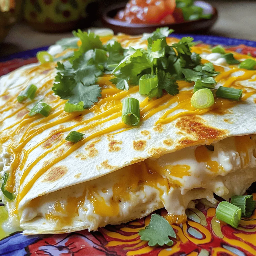 - 2 cups cooked chicken, shredded - 1 cup cream cheese, softened - 1 cup mozzarella cheese, shredded - 1 cup sharp cheddar cheese, shredded - 8 large flour tortillas - 1 cup Alfredo sauce - 1 teaspoon taco seasoning - Salt and pepper to taste - 1/2 cup green onions, finely chopped - 1/4 cup fresh cilantro, roughly chopped The ingredients for Chicken and Cheese Enchiladas Alfredo Quesadilla create a creamy and cheesy delight. The base is shredded chicken, which gives great flavor and protein. Cream cheese adds richness, while mozzarella and sharp cheddar give wonderful texture and taste. I love using large flour tortillas, as they hold all the filling well. For the sauce, Alfredo adds a creamy touch that ties everything together. The taco seasoning boosts the flavor and makes it pop. For toppings, green onions and cilantro add freshness and color. You can even customize your toppings to fit your taste. Check out the Full Recipe to see how to put this all together! Mixing the Filling To start, grab a large bowl. Combine 2 cups of shredded chicken, 1 cup of softened cream cheese, and 1 cup of Alfredo sauce. Add 1 teaspoon of taco seasoning for a kick. Season with salt and pepper to taste. Mix it all with a fork until smooth. Then, fold in half of the mozzarella and cheddar cheese. This mix will burst with flavor! Assembling the Quesadillas Now, lay one tortilla flat on your counter. Spread about 1/3 cup of the chicken filling over one half. Top it with 1 tablespoon of the remaining mozzarella and cheddar cheese. Carefully fold the tortilla over to make a half-moon. Press the edges to seal. Repeat this with the rest of the tortillas and filling. Cooking the Quesadillas in Skillet Heat 1 tablespoon of olive oil in a skillet over medium heat. Once hot, add your first quesadilla. Cook it for about 3-4 minutes on each side. You want it golden brown and crispy. The cheese inside should melt nicely. Achieving Crispy Texture After cooking, take out the quesadilla and let it rest for a minute on a cutting board. This helps it hold its shape. Then, slice it into wedges. Each wedge should be crispy and filled with cheesy goodness. Garnishing the Quesadillas Before you serve, sprinkle freshly chopped green onions and cilantro on top. This adds color and freshness. It also makes the dish look appealing. Pairing with Sides Serve the quesadilla wedges on a bright platter. Drizzle with extra Alfredo sauce for richness. Pair with salsa or guacamole for dipping. This enhances your meal and makes it fun! For the full recipe, check out the recipe section above. Ensuring Cheese Melts To get that perfect melt, use both mozzarella and sharp cheddar. These cheeses blend well together. When cooking, keep the heat medium. This allows the cheese to melt without burning the tortilla. Best Practices for Tortilla Usage Choose large flour tortillas for this recipe. They hold the filling well and cook evenly. Warm the tortillas slightly before filling. This makes them easier to fold and less likely to crack. Additional Seasoning Ideas Add a pinch of cayenne pepper for some heat. You can also sprinkle in garlic powder or onion powder. These small changes boost the flavor of the chicken and cheese mix. Using Different Cheese Combinations Feel free to experiment with cheese. Pepper jack adds a spicy kick. Gouda brings a smoky flavor. Mixing different cheeses keeps things interesting and fun. Pre-Cooking Chicken Use leftover chicken or rotisserie chicken. This cuts down prep time. Shred the chicken and mix it with the cheese and sauce. It’s quick and easy. Using Store-Bought Alfredo Sauce For a faster meal, grab a jar of Alfredo sauce from the store. It saves time without sacrificing flavor. Just remember to taste it before mixing in other seasonings. For the full recipe, check out the complete instructions above! {{image_4}} Alternative Proteins If you want to switch things up, try using different proteins. Ground turkey or beef work well. You can also use shredded pork for a tasty twist. For a vegetarian option, black beans or mushrooms can add great flavor. Dairy-Free Options For those avoiding dairy, swap cream cheese with a dairy-free version. Look for vegan mozzarella and cheddar cheeses, which melt nicely. You can also use a creamy cashew sauce instead of Alfredo sauce for a rich taste. Enchilada-Style Considerations If you love enchiladas, roll the filling inside the tortillas instead of folding. Place them in a baking dish, cover with Alfredo sauce, and sprinkle more cheese on top. Bake until bubbly and golden for a fun enchilada-style dish. Quesadilla Fusion Ideas Feel free to get creative! Add ingredients like spinach, sun-dried tomatoes, or jalapeños for extra flavor. You can also try different tortillas, like corn or whole wheat, for a unique taste and texture. Scaling for Larger Groups When cooking for a crowd, simply double or triple the recipe. Make sure to have enough tortillas and filling. You can prepare multiple quesadillas at once in a large skillet or a griddle. Mini Quesadilla Versions For a fun appetizer or snack, try making mini quesadillas. Use small tortillas or cut regular ones in half. Fill them with the same mixture, and they’ll be perfect for dipping and sharing. Try the Full Recipe for a delicious meal that your family will love. - Refrigeration Guidelines: After enjoying your Chicken and Cheese Enchiladas Alfredo Quesadilla, let them cool to room temperature. Place leftovers in an airtight container. They will stay fresh in the fridge for up to three days. - Freezing Instructions: For longer storage, wrap each quesadilla tightly in plastic wrap and then in foil. Place them in a freezer-safe bag. They can last up to three months in the freezer. - Best Methods for Reheating: To reheat, use a skillet over medium heat. This method keeps the quesadilla crispy. Cook each side for about 2-3 minutes until heated through. You can also use an oven at 350°F for about 10-15 minutes. - Avoiding Soggy Quesadillas: To prevent sogginess, avoid microwaving directly. If using a microwave, place a paper towel under the quesadilla. This absorbs extra moisture. - How Long They Last in Fridge: When stored properly, these quesadillas last about three days in the fridge. - Signs of Spoilage: Check for any off smells or a change in texture. If the quesadilla feels slimy or has mold, it is best to discard it. Yes, you can prepare the quesadillas in advance. To do this, follow these steps: - Make the filling and assemble the quesadillas as described in the recipe. - Place them in an airtight container, separating layers with parchment paper. - Store them in the fridge for up to 24 hours. - When ready to cook, heat them in a skillet as normal. Preparing them ahead helps save time. This way, you can enjoy a quick meal after a busy day. If you need an alternative to Alfredo sauce, there are many options: - Use a homemade white sauce. Just mix butter, flour, and milk. - Try a creamy ranch dressing for a tangy flavor. - A salsa verde can give a fresh kick. - For a healthier option, use Greek yogurt mixed with herbs. These substitutes can change the taste, so pick one that matches your mood. Absolutely! These quesadillas are great for kids. Here’s how to make them even more appealing: - Use plain cheese if your child loves it. - Cut the quesadillas into fun shapes with cookie cutters. - Serve with a side of salsa or guacamole for dipping. - Let kids help assemble their own quesadilla. Involving kids in making their food can make them excited to eat! This article covered making delicious quesadillas. We explored the main ingredients, like chicken and cheese, and shared tips for perfecting texture. You learned about variations, storage, and reheating methods. Quesadillas are versatile and fun. You can mix and match ingredients for endless flavors. Enjoy your cooking adventure and make it your own!