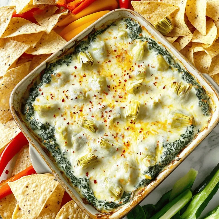 To make classic spinach artichoke dip, you need fresh spinach, artichokes, and creamy cheeses. This dip is rich, warm, and perfect for sharing. You can serve it with chips or bread. The full recipe is easy and quick, taking about 40 minutes from start to finish. - 1 cup fresh spinach, chopped - 1 cup artichoke hearts, canned or frozen, drained and chopped - 1 cup cream cheese, softened at room temperature - ½ cup sour cream - ½ cup mayonnaise - 1 cup shredded mozzarella cheese - ½ cup grated Parmesan cheese - 2 cloves garlic, minced - 1 teaspoon onion powder - Salt and black pepper to taste - Optional: Red pepper flakes for a spicy kick You can change some ingredients if you want. For cream cheese, use Greek yogurt for a lighter dip. Instead of mayonnaise, use plain yogurt for less fat. You can add herbs like parsley or basil for fresh flavor. If you like it spicy, add more red pepper flakes. These changes will keep your dip fun and fresh! Start by preheating your oven to 375°F (190°C). This helps the dip bake evenly. In a large bowl, mix together the softened cream cheese, sour cream, and mayonnaise. Use a hand mixer or spatula to blend until smooth. It’s important to get rid of any lumps for a creamy texture. Next, add the minced garlic, onion powder, and a pinch of salt and black pepper. Stir well to combine the flavors. This makes the base tasty. Now, gently fold in the chopped spinach, artichoke hearts, shredded mozzarella, and grated Parmesan cheese. If you want some heat, add red pepper flakes to your taste. Transfer the mixture into a medium-sized baking dish. Spread it out evenly using a spatula. This helps it cook uniformly. Place the dish into your preheated oven. Bake for about 25-30 minutes. Look for a golden brown top and bubbly edges. This shows the dip is ready. Allow the dip to cool for 5-10 minutes after baking. This makes it easier to serve. You can serve it warm with tortilla chips, pita bread, or fresh vegetables. To make it look fancy, sprinkle some extra Parmesan cheese or chopped parsley on top. Enjoy this creamy delight! For the full recipe, check out the detailed steps above. To make your dip even creamier, start with softened cream cheese. This helps it mix well. You can also add a bit more sour cream or mayonnaise. If you want a richer taste, consider using full-fat versions. For a twist, mix in a splash of cream or Greek yogurt. This will add a nice texture and flavor. Seasonings can take your dip to the next level. Add garlic powder or a dash of Worcestershire sauce for depth. You may also try using smoked paprika for a unique smoky taste. Fresh herbs like basil or parsley can brighten up the dish too. Don't forget to taste and adjust the salt and pepper as needed. One common mistake is overcooking the dip. Keep an eye on it while baking. You want a golden top, not burnt edges. Another mistake is not mixing well. Make sure all ingredients blend together for even flavor. Lastly, don’t skip the cooling time. Letting it rest for a bit makes it easier to scoop and enjoy. For the full recipe, refer to the above section. {{image_4}} If you like heat, you can spice things up. Add red pepper flakes to the mix. Start with a teaspoon and adjust to your taste. You can also use spicy cheese, like pepper jack, for more kick. The heat pairs well with the creamy dip and makes it exciting. For a rich and creamy twist, try using fontina cheese. This cheese melts beautifully and adds a nutty flavor. Simply replace half of the mozzarella with fontina. The dip will become even more indulgent and delicious. Your guests will love the extra cheesy goodness. You can make a vegan version too! Use cashew cream or tofu instead of cream cheese. Swap sour cream with dairy-free yogurt. For cheese, try nutritional yeast for a cheesy taste. This way, everyone can enjoy a tasty dip without any animal products. Plus, it still tastes amazing! For the full recipe, check the details above. Enjoy making these variations for your next gathering! To keep your spinach artichoke dip fresh, store it in an airtight container. Make sure to seal it well. Place the container in the fridge. It will stay good for 3 to 5 days. When you’re ready to eat, give it a quick stir. You might need to add a little cream or sour cream to refresh the texture. You can freeze this dip for later use. Just put it in a freezer-safe container. Be sure to leave some space at the top for expansion. The dip can last for about 2 months in the freezer. To thaw, move it to the fridge a day before you plan to use it. This helps keep the flavor and texture nice. When it's time to reheat, there are a few easy methods. You can use the oven, microwave, or stovetop. If using the oven, preheat it to 350°F (175°C). Bake for about 15-20 minutes until it's warm. If using a microwave, heat it in short bursts, stirring in between. This helps it heat evenly. On the stovetop, use low heat and stir often. Enjoy your creamy dip warm! Yes, you can. Make the dip a day before. Store it in the fridge. When ready to serve, just bake it. This saves time when you have guests. It also allows the flavors to blend well. You have many great options to serve. Here’s a list: - Tortilla chips - Pita bread - Sliced veggies like carrots and celery - Crackers - Breadsticks These choices add fun textures. They also let everyone enjoy dipping. You can use fresh artichokes. However, they need more prep time. Cook them first, then chop them up. Canned artichokes are easier and faster. But fresh ones can add a nice taste. Choose what works best for you. For the full recipe, check out the Full Recipe section! This blog post covered the essentials for making Spinach Artichoke Dip. We reviewed the ingredients, step-by-step instructions, and tips to enhance your dip. Don’t forget the variations to suit your taste or diet. Proper storage helps keep leftovers fresh. You can easily prepare this dish for any occasion. Enjoy your cooking, and have fun testing your own twists on this classic recipe!