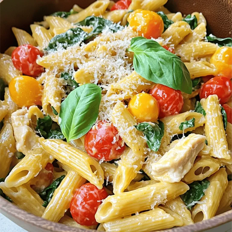 - 2 boneless, skinless chicken breasts, cut into bite-sized pieces - 8 oz (225g) penne pasta - 1 cup cherry tomatoes, halved - 2 cups fresh spinach leaves - 3 cloves garlic, finely minced - 1 cup chicken broth - 1/2 cup heavy cream - 1/2 cup grated Parmesan cheese - 2 tablespoons extra virgin olive oil - 1 teaspoon Italian seasoning blend - Salt and freshly ground black pepper, to taste - Fresh basil leaves for garnishing - Additional vegetables (bell peppers, zucchini) - Different pasta types (fettuccine, farfalle) - Extra seasonings (red pepper flakes, lemon zest) When I make this One Pan Tuscan Chicken Pasta, I love to focus on fresh ingredients. The chicken adds protein and flavor. The penne pasta holds onto the sauce well. Cherry tomatoes give a burst of sweetness. Fresh spinach adds color and nutrition. You can customize this dish easily. Try adding bell peppers or zucchini for more veggies. If you want a twist, swap the penne for fettuccine or farfalle. For extra heat, sprinkle in red pepper flakes or a bit of lemon zest. These choices let you make the dish your own. Each ingredient plays a big role in the final taste. This recipe is all about balance. You get creamy, savory, and fresh flavors all in one pan. It's a great way to enjoy dinner without a lot of fuss. Check out the Full Recipe for all the steps to create this delightful meal! - Heat olive oil in a skillet over medium heat. - Season the chicken pieces with salt, pepper, and Italian seasoning. - Sauté chicken until golden brown, about 5-7 minutes. Cooking chicken this way gives it a nice crust. The seasoning adds flavor that seeps into the dish. Once done, remove the chicken from the skillet and place it on a plate. - Add minced garlic to the skillet and sauté until fragrant, about 1 minute. - Toss in cherry tomatoes and cook for another 3-4 minutes until softened. Garlic releases its lovely aroma and pairs perfectly with the sweet tomatoes. This step builds a flavorful base for your pasta. - Pour in chicken broth and add penne pasta to the skillet. - Cover the skillet and cook according to package directions, around 10-12 minutes. The broth adds depth to the pasta. Stir occasionally to prevent sticking, ensuring even cooking. - Stir in heavy cream and grated Parmesan cheese until creamy. - Fold in the cooked chicken and spinach until well mixed. This last step creates a rich, comforting dish. The spinach wilts nicely and adds a pop of color. Enjoy your flavorful One Pan Tuscan Chicken Pasta! For the full recipe, check the earlier section. To make the best One Pan Tuscan Chicken Pasta, cook the chicken all the way through. This step is key for safety and flavor. Once the chicken is golden, set it aside. Next, when you add cream, do it slowly. This helps keep the cream smooth and prevents curdling. Remember, a little patience goes a long way! For a beautiful dish, serve your pasta in large bowls. Top it with fresh basil and a sprinkle of extra Parmesan. This not only looks good but also adds great taste. The vibrant colors from the basil and tomatoes will make your meal pop. Plus, it smells amazing! If you want to mix things up, try using shrimp or tofu instead of chicken. Both options bring unique flavors. You can also swap the heavy cream for Greek yogurt. This change keeps it light but still creamy. These small tweaks make the dish your own! {{image_4}} You can easily make this dish vegetarian. Simply swap the chicken for mushrooms or chickpeas. Both options add great texture and taste. Use vegetable broth instead of chicken broth to keep the flavors bright and fresh. Want to switch things up? Try whole wheat or gluten-free pasta. Both options give a different texture while keeping the dish healthy. You can also experiment with different pasta shapes like rotini or farfalle for a fun twist. To boost the taste, add fresh herbs like oregano or thyme. These herbs bring a lovely aroma and depth to the meal. You can also introduce citrus elements, like a splash of lemon juice, for a hint of brightness. This simple addition makes the dish pop with flavor. For more ideas, check out the Full Recipe for One Pan Tuscan Chicken Pasta. After enjoying your One Pan Tuscan Chicken Pasta, let it cool down. This helps keep the food safe. Once cooled, transfer the pasta to an airtight container. You can store it in the fridge for up to 3-4 days. This way, you can savor the deliciousness again! When it’s time to eat your pasta again, gently reheat it. You can use the stove or the microwave. To keep it moist, add a splash of broth or cream while reheating. This helps bring back the creamy texture and flavor. Want to save some for later? Freeze your pasta in individual portions. This makes it easy to grab a meal when you need one. When you’re ready to eat, thaw the pasta overnight in the fridge. This way, it warms up nicely when you reheat it. You can make this dish gluten-free by using gluten-free pasta. Many brands offer great options that taste just as good. Also, check the labels on your chicken broth. Some broths may contain gluten, so it’s best to choose one that is clearly labeled gluten-free. This way, you can enjoy the same rich flavors without any worries. Yes, you can prepare One Pan Tuscan Chicken Pasta ahead of time. Cook the dish and let it cool completely. Store it in an airtight container in the fridge. When you’re ready to eat, simply reheat just before serving. This keeps the flavors fresh and makes meal time easy. If you run out of heavy cream, don’t worry! You can substitute it with half-and-half. This gives a similar creamy texture. If you prefer a plant-based option, try a plant-based cream alternative. Both options work well and will still make your pasta rich and satisfying. For the best results, add them gradually to keep the sauce smooth. This blog covered key ingredients and simple steps for a tasty Tuscan chicken pasta. I shared tips to make it perfect and variations to fit your needs. Remember, you can adjust ingredients to suit your taste. This dish is quick, flexible, and enjoyable for everyone. Try it out and make it your own. Happy cooking!