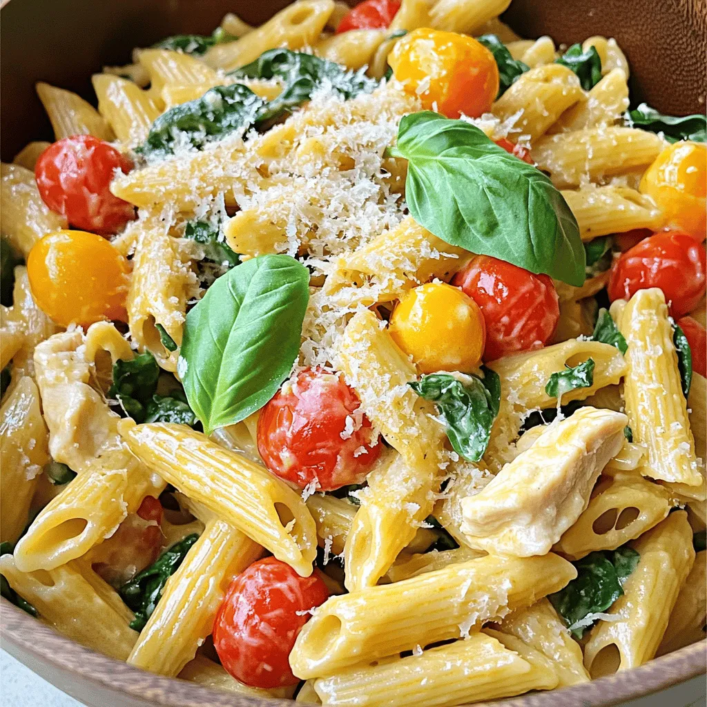 - 2 boneless, skinless chicken breasts, cut into bite-sized pieces - 8 oz (225g) penne pasta - 1 cup cherry tomatoes, halved - 2 cups fresh spinach leaves - 3 cloves garlic, finely minced - 1 cup chicken broth - 1/2 cup heavy cream - 1/2 cup grated Parmesan cheese - 2 tablespoons extra virgin olive oil - 1 teaspoon Italian seasoning blend - Salt and freshly ground black pepper, to taste - Fresh basil leaves for garnishing - Additional vegetables (bell peppers, zucchini) - Different pasta types (fettuccine, farfalle) - Extra seasonings (red pepper flakes, lemon zest) When I make this One Pan Tuscan Chicken Pasta, I love to focus on fresh ingredients. The chicken adds protein and flavor. The penne pasta holds onto the sauce well. Cherry tomatoes give a burst of sweetness. Fresh spinach adds color and nutrition. You can customize this dish easily. Try adding bell peppers or zucchini for more veggies. If you want a twist, swap the penne for fettuccine or farfalle. For extra heat, sprinkle in red pepper flakes or a bit of lemon zest. These choices let you make the dish your own. Each ingredient plays a big role in the final taste. This recipe is all about balance. You get creamy, savory, and fresh flavors all in one pan. It's a great way to enjoy dinner without a lot of fuss. Check out the Full Recipe for all the steps to create this delightful meal! - Heat olive oil in a skillet over medium heat. - Season the chicken pieces with salt, pepper, and Italian seasoning. - Sauté chicken until golden brown, about 5-7 minutes. Cooking chicken this way gives it a nice crust. The seasoning adds flavor that seeps into the dish. Once done, remove the chicken from the skillet and place it on a plate. - Add minced garlic to the skillet and sauté until fragrant, about 1 minute. - Toss in cherry tomatoes and cook for another 3-4 minutes until softened. Garlic releases its lovely aroma and pairs perfectly with the sweet tomatoes. This step builds a flavorful base for your pasta. - Pour in chicken broth and add penne pasta to the skillet. - Cover the skillet and cook according to package directions, around 10-12 minutes. The broth adds depth to the pasta. Stir occasionally to prevent sticking, ensuring even cooking. - Stir in heavy cream and grated Parmesan cheese until creamy. - Fold in the cooked chicken and spinach until well mixed. This last step creates a rich, comforting dish. The spinach wilts nicely and adds a pop of color. Enjoy your flavorful One Pan Tuscan Chicken Pasta! For the full recipe, check the earlier section. To make the best One Pan Tuscan Chicken Pasta, cook the chicken all the way through. This step is key for safety and flavor. Once the chicken is golden, set it aside. Next, when you add cream, do it slowly. This helps keep the cream smooth and prevents curdling. Remember, a little patience goes a long way! For a beautiful dish, serve your pasta in large bowls. Top it with fresh basil and a sprinkle of extra Parmesan. This not only looks good but also adds great taste. The vibrant colors from the basil and tomatoes will make your meal pop. Plus, it smells amazing! If you want to mix things up, try using shrimp or tofu instead of chicken. Both options bring unique flavors. You can also swap the heavy cream for Greek yogurt. This change keeps it light but still creamy. These small tweaks make the dish your own! {{image_4}} You can easily make this dish vegetarian. Simply swap the chicken for mushrooms or chickpeas. Both options add great texture and taste. Use vegetable broth instead of chicken broth to keep the flavors bright and fresh. Want to switch things up? Try whole wheat or gluten-free pasta. Both options give a different texture while keeping the dish healthy. You can also experiment with different pasta shapes like rotini or farfalle for a fun twist. To boost the taste, add fresh herbs like oregano or thyme. These herbs bring a lovely aroma and depth to the meal. You can also introduce citrus elements, like a splash of lemon juice, for a hint of brightness. This simple addition makes the dish pop with flavor. For more ideas, check out the Full Recipe for One Pan Tuscan Chicken Pasta. After enjoying your One Pan Tuscan Chicken Pasta, let it cool down. This helps keep the food safe. Once cooled, transfer the pasta to an airtight container. You can store it in the fridge for up to 3-4 days. This way, you can savor the deliciousness again! When it’s time to eat your pasta again, gently reheat it. You can use the stove or the microwave. To keep it moist, add a splash of broth or cream while reheating. This helps bring back the creamy texture and flavor. Want to save some for later? Freeze your pasta in individual portions. This makes it easy to grab a meal when you need one. When you’re ready to eat, thaw the pasta overnight in the fridge. This way, it warms up nicely when you reheat it. You can make this dish gluten-free by using gluten-free pasta. Many brands offer great options that taste just as good. Also, check the labels on your chicken broth. Some broths may contain gluten, so it’s best to choose one that is clearly labeled gluten-free. This way, you can enjoy the same rich flavors without any worries. Yes, you can prepare One Pan Tuscan Chicken Pasta ahead of time. Cook the dish and let it cool completely. Store it in an airtight container in the fridge. When you’re ready to eat, simply reheat just before serving. This keeps the flavors fresh and makes meal time easy. If you run out of heavy cream, don’t worry! You can substitute it with half-and-half. This gives a similar creamy texture. If you prefer a plant-based option, try a plant-based cream alternative. Both options work well and will still make your pasta rich and satisfying. For the best results, add them gradually to keep the sauce smooth. This blog covered key ingredients and simple steps for a tasty Tuscan chicken pasta. I shared tips to make it perfect and variations to fit your needs. Remember, you can adjust ingredients to suit your taste. This dish is quick, flexible, and enjoyable for everyone. Try it out and make it your own. Happy cooking!