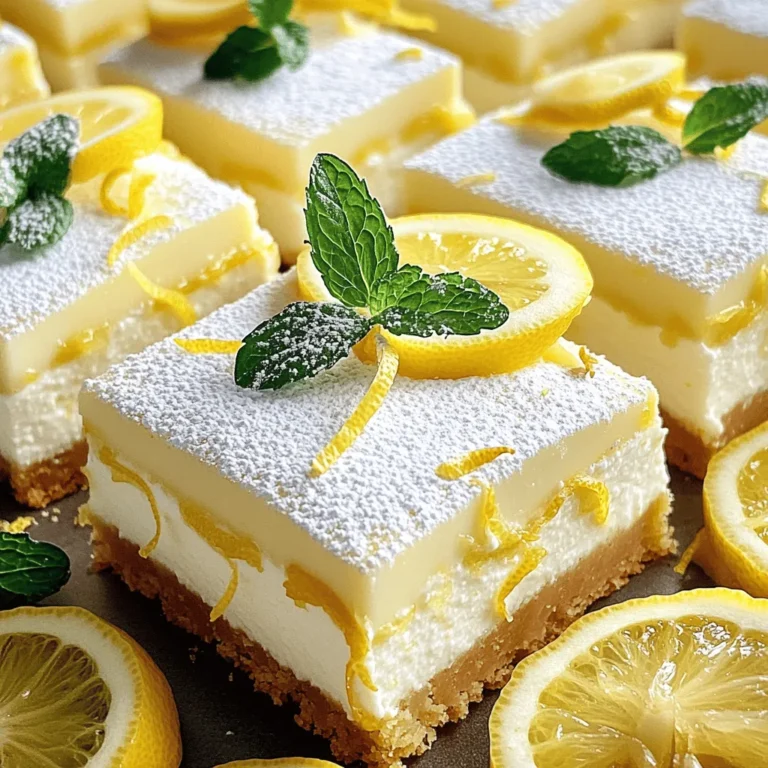 To make these bars, you need some key ingredients. Here’s what you’ll need: - 1 ½ cups ricotta cheese - 1 cup cream cheese, softened to room temperature - 1 cup granulated sugar - 3 large eggs - Zest of 2 large lemons (about 2 tablespoons) - ⅓ cup freshly squeezed lemon juice - 1 teaspoon pure vanilla extract - ½ cup all-purpose flour - ½ teaspoon baking powder - A pinch of salt - 1 tablespoon butter (for greasing the pan) These ingredients create the creamy, tangy filling. The ricotta adds a smooth texture, while the lemon gives a fresh taste. You can enhance your cheesecake bars with a few extra touches. Here are some optional ingredients to consider: - Fresh berries (like blueberries or raspberries) for topping - A sprinkle of lemon zest on top for added brightness - A dollop of whipped cream for serving - A drizzle of honey for sweetness Adding these ingredients can elevate your dessert, making it even more special. To make your baking easier, you’ll need some basic tools: - A 9x9 inch baking pan - Mixing bowls - Electric mixer or whisk - Rubber spatula - Parchment paper - Wire rack for cooling These tools help you mix, bake, and cool your cheesecake bars with ease. Having everything ready makes the process smooth and fun. For the full recipe, check the details above. First, preheat your oven to 325°F (163°C). Grab a 9x9 inch baking pan. Coat the pan with butter. Line it with parchment paper. Leave some paper hanging over the edges. This helps you lift the cheesecake bars out later. In a large bowl, add 1 ½ cups of ricotta cheese and 1 cup of softened cream cheese. Beat them together with an electric mixer. Mix until it becomes smooth. Then, add in 1 cup of granulated sugar. Keep beating until everything blends well. Next, add 3 large eggs, one at a time. Mix slowly after each egg. Stop mixing when all the eggs are in. Now, add the zest of 2 lemons and ⅓ cup of lemon juice. Include 1 teaspoon of vanilla extract too. Mix until everything is smooth. In a different bowl, whisk together ½ cup of flour, ½ teaspoon of baking powder, and a pinch of salt. Gradually fold this dry mix into the wet mix. Use a spatula and mix just until combined. Don’t overmix; we want the bars to be light! Pour the batter into the prepared pan. Spread it evenly with a spatula. Bake for 35-40 minutes. The edges should be set, but the center will jiggle a bit. The top should look golden. Once done, take it out and let it cool on a wire rack for 1 hour. After that, put it in the fridge for at least 4 hours, or overnight if you can wait. This step makes the flavor even better! When you’re ready, lift the bars out using the parchment paper. Cut them into squares or rectangles. Enjoy your lemon ricotta cheesecake bars! For the full recipe, refer to the previous section. When making lemon ricotta cheesecake bars, it’s easy to make some mistakes. Here are the key points to keep in mind: - Overmixing: Mixing too much can make the bars dense. Mix just until combined. - Not using room temperature cheese: Cold cheese can lead to lumps. Always soften your cream cheese first. - Skipping the chilling step: Don’t rush. Chilling enhances the flavor and sets the texture. To get that creamy, light texture, follow these tips: - Use fresh ricotta: Fresh ricotta will give you a better taste and texture. - Incorporate eggs slowly: Add eggs one at a time. This helps maintain air in the batter. - Bake gently: Keep an eye on the time. The bars should jiggle a bit in the center when done. Serving is just as important as baking. Here’s how to do it right: - Chill before cutting: Always chill the bars for at least 4 hours. This helps with clean cuts. - Use a warm knife: Dip your knife in hot water before cutting. This helps get neat slices. - Garnish for flair: Dust with powdered sugar and add a slice of lemon. This makes the bars look even more inviting. For the full recipe, check out my detailed instructions above. Enjoy your baking adventure! {{image_4}} You can make these lemon ricotta cheesecake bars even more fun! Try adding a berry swirl. Just take some fresh or frozen berries, like strawberries or blueberries. Blend them lightly and swirl them into the batter before baking. You can also add chocolate. Fold in mini chocolate chips for a sweet twist. If you need a gluten-free option, swap the all-purpose flour with almond flour. It keeps the texture light and tasty. You can also use gluten-free baking blends. This way, everyone can enjoy these delicious bars without worry. For a dairy-free version, replace the ricotta and cream cheese with cashew cream. Soak cashews in water for a few hours, then blend them until smooth. Use dairy-free yogurt as a substitute too. This keeps the creaminess while being kind to those avoiding dairy. With these variations, your lemon ricotta cheesecake bars can fit anyone's taste! For the full recipe, make sure to check the detailed steps. Store your leftover cheesecake bars in the fridge. Use an airtight container to keep them fresh. They will stay good for about 5 days. If you plan to keep them longer, consider freezing. To freeze, first let the cheesecake bars cool completely. Then, cut them into squares. Wrap each square in plastic wrap. Place the wrapped bars in a freezer-safe bag or container. They can last up to 3 months in the freezer. To reheat, take a bar out of the fridge or freezer. If frozen, let it thaw in the fridge overnight. For a quick warm-up, use a microwave on low power. Heat for about 10-15 seconds. You want it warm, not hot. Enjoy the fresh taste just like the first bite! Yes, you can use low-fat cheese. It will change the texture a bit. The bars might be less creamy but still taste good. Low-fat cheese can help cut calories. However, I recommend using full-fat cheese for a richer flavor. The bars last about five days in the fridge. Store them in an airtight container. This keeps them fresh and moist. If you notice any changes in smell or texture, it's best to toss them out. You can serve these bars with fresh fruit. Berries like strawberries or blueberries pair well. A dollop of whipped cream adds a nice touch too. Mint leaves can brighten the plate. For something extra, drizzle honey or chocolate sauce on top for a sweet kick. For the full recipe, check out the details above. Lemon ricotta cheesecake bars combine fresh flavors and creamy goodness. We explored all key ingredients, from the main components to tasty extras. Through step-by-step instructions, baking tips, and delicious variations, you can craft the perfect dessert. Remember to store any extras properly to enjoy later. With practice, you'll avoid common mistakes and serve these bars like a pro. Embrace your creativity with flavors and enjoy making this delightful treat!