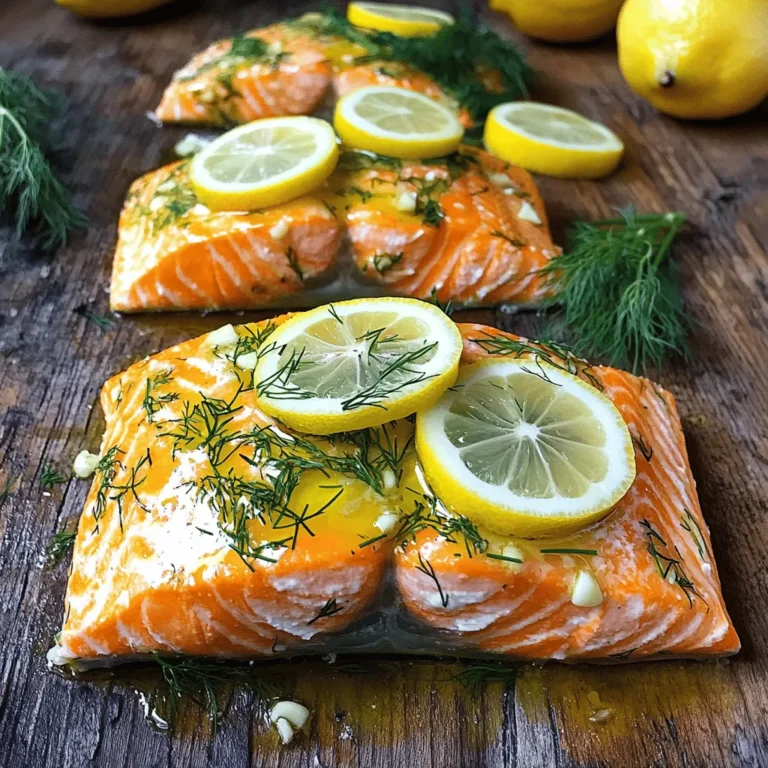 - 4 boneless salmon fillets (about 6 oz each) - 2 tablespoons extra virgin olive oil - 2 tablespoons fresh dill, finely chopped - 1 large lemon (zested and juiced) - 3 cloves garlic, minced - 1 teaspoon natural honey - Sea salt and freshly ground black pepper, to taste - Lemon slices and extra dill sprigs for garnish Lemon Dill Salmon shines with fresh flavors. The main ingredients give it a bright taste. Salmon is rich in nutrients and cook it right for the best flavor. Olive oil adds healthy fats while keeping the fish moist. Fresh dill brings a unique herb taste, and lemon brightens every bite. Don't forget the garlic! It adds depth and aroma. Honey balances the tartness of the lemon. Use sea salt and black pepper to enhance all the flavors. Garnishing with lemon slices and dill sprigs makes your dish look great. This recipe is not just easy; it's fun to make. You can find the full recipe for complete instructions and tips to make this dish perfect. - Preheat oven to 400°F (200°C) - Prepare a baking sheet lined with parchment paper To start, you need to set your oven. Preheating helps ensure even cooking. While the oven warms up, grab a baking sheet and line it with parchment paper. This makes cleanup easier and keeps the salmon from sticking. - Combine olive oil, dill, lemon zest and juice, garlic, honey, salt, and pepper in a bowl Next, take a small bowl. In it, mix together the olive oil, fresh dill, lemon zest, and juice. Add minced garlic, honey, a pinch of salt, and black pepper. Whisk it all together until smooth. This mixture is full of flavor and will coat your salmon perfectly. - Position salmon fillets on baking sheet, apply lemon-dill mixture, marinate (optional), and bake for 12-15 minutes Now, place your salmon fillets skin-side down on the baking sheet. Use a spoon to spread the lemon-dill mixture evenly over each fillet. If you have time, cover the salmon with plastic wrap and let it marinate in the fridge for 15-20 minutes. This step boosts the flavor. When ready, slide the baking sheet into the oven. Bake for 12-15 minutes. The salmon is done when it easily flakes with a fork and looks opaque in the center. Remember, cooking times can change based on how thick your fillets are. Once baked, take the salmon out and let it rest for a few minutes. This keeps the juices inside. Serve the salmon with lemon slices and extra dill on top for a fresh look. Enjoy your Lemon Dill Salmon! - Use fillets that are similar in thickness. This ensures they cook evenly. - Trust the flake test to check if your salmon is done. When it flakes easily with a fork, it is ready. - Pair your lemon dill salmon with steamed vegetables or fluffy rice. This makes a full meal. - Garnish with fresh lemon slices and dill. This adds a pop of color and flavor. For complete instructions, check out the [Full Recipe]. Enjoy your cooking! {{image_4}} To make your Lemon Dill Salmon even better, you can add a pinch of red pepper flakes for heat. This small addition gives your dish a nice kick. If you want to switch things up, try using lime instead of lemon. Lime adds a bright, zesty twist that pairs well with salmon. You can also explore different cooking methods to enhance flavor. Grilling or pan-searing your salmon adds a smoky taste that many enjoy. If you’re short on time, an air fryer is a great option. It cooks the salmon quickly while keeping it juicy. Each method offers a unique flavor experience, so feel free to experiment! For the complete recipe, check out the Full Recipe section. To keep your Lemon Dill Salmon fresh, store it in an airtight container. It will last for up to 3 days in the fridge. Make sure to let it cool to room temperature before sealing it. This helps keep the salmon moist and tasty when you reheat it. If you want to save some for later, freeze your cooked salmon. Wrap it tightly in plastic wrap or foil, then place it in a freezer bag. This method will keep it fresh for up to 3 months. When you're ready to eat it, thaw it in the fridge overnight. This ensures the best results when you reheat it. Enjoy your flavorful Lemon Dill Salmon even after a few months! For the full recipe, check out the recipe section above. To check if your salmon is ready, look for the fish to flake easily with a fork. The center should appear opaque rather than translucent. This means the salmon is cooked through and safe to eat. If you’re unsure, use a thermometer. The ideal internal temperature for salmon is 145°F (63°C). Yes, you can definitely use frozen salmon for this recipe. Just ensure it’s fully thawed before cooking for best results. Thaw the salmon in the fridge overnight or under cold running water. This helps achieve even cooking and a better texture. Salmon is a powerhouse of nutrition. It is rich in omega-3 fatty acids, which support heart health. It also provides high-quality protein, essential vitamins, and minerals. These nutrients help with brain function, reduce inflammation, and promote overall well-being. Eating salmon regularly can be a smart choice for a healthy diet. This recipe shows how to create a tasty salmon dish using simple ingredients. From the main ingredients to cooking tips, each step is easy to follow. You can make adjustments for more flavor or try different cooking methods. Remember, salmon is healthy, packed with nutrients. Whether you bake, grill, or pan-sear, you can enjoy this meal quickly. Store any leftovers safely for later. Try it out for a quick weeknight dinner or meal prep!