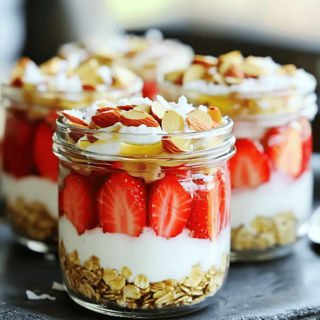To make my Strawberries and Cream Overnight Oats, you will need: - 1 cup rolled oats - 1 ½ cups almond milk (or any milk of your choice) - 1 cup fresh strawberries, hulled and sliced - 1 tablespoon honey or maple syrup (adjust based on your desired sweetness) - ½ teaspoon vanilla extract - ½ cup Greek yogurt (or a dairy-free yogurt alternative) - 2 tablespoons chia seeds - A pinch of salt These ingredients create a creamy and delightful mix. They blend well and make a great base for your oats. You can add some fun toppings to enhance your overnight oats. Here are some options: - Sliced almonds - Coconut flakes - Additional fresh strawberries These toppings not only add flavor but also give your dish a nice crunch. If you need a dairy-free or gluten-free option, it's easy to swap out a few ingredients. Try these: - Use coconut milk or oat milk instead of almond milk. - Replace Greek yogurt with a dairy-free yogurt, such as coconut or almond yogurt. - Ensure your oats are labeled gluten-free, as some brands may process oats with gluten products. These simple swaps keep your overnight oats delicious and suitable for different diets. For the complete recipe, check the Full Recipe section. To start, gather your base ingredients. You will need rolled oats, almond milk, chia seeds, honey or maple syrup, vanilla extract, Greek yogurt, and a pinch of salt. In a medium bowl, pour in the rolled oats and almond milk. Add the chia seeds, honey, vanilla, and salt. Stir until everything mixes well. You want a smooth blend, so take your time. This mixture forms the heart of your overnight oats. Next, it’s time for the strawberries. Take your fresh strawberries and slice them. Make sure they are hulled and ready to go. Add the sliced strawberries to your oat mixture. Gently fold them in with a spatula. You want to keep them whole, so avoid mashing. This way, each bite will have juicy strawberry pieces. Now, you need to put your oats in jars. Spoon the oat mixture into two jars or airtight containers. Make sure you fill each jar evenly. After that, add a few dollops of Greek yogurt on top of each jar. Smooth it out to create a nice layer. Once done, secure the lids and place the jars in the fridge. Let them chill overnight or for at least four hours. This step is key, as it lets the oats soak up the liquid. In the morning, they’ll be soft and creamy. To make your oats creamy, use rolled oats. They soak up the liquid well. I like to use almond milk, but you can choose any milk you prefer. Add chia seeds for a boost in creaminess and nutrition. They help thicken the mix and give it a nice texture. Make sure to stir well when mixing. This helps each oat absorb the milk evenly. Sweetness is key to delicious overnight oats. Start with one tablespoon of honey or maple syrup. This amount is a good baseline. After mixing, taste the oats. If you want more sweetness, add a little more syrup. Keep in mind that fresh strawberries also add natural sweetness. You can adjust based on your taste. Store your oats in jars with tight lids. They stay fresh this way in the fridge. These oats can last up to three days. If you want to heat them, use a microwave. Heat in short bursts to avoid overcooking. You can also enjoy them cold for a refreshing breakfast. Try adding toppings right before serving for the best crunch. For more details, check out the Full Recipe. {{image_4}} You can change the fruit in your oats to match the season. In spring, use fresh blueberries or raspberries for a bright taste. Summer calls for peaches or cherries to add sweetness. In fall, try diced apples or pears with a sprinkle of cinnamon. Winter is perfect for frozen fruits like mixed berries. Each fruit brings its own flavor and texture, making your oats fun and exciting. You can boost the flavor of your oats using extracts and spices. A splash of almond or coconut extract adds a nice twist. Try adding a pinch of cinnamon or nutmeg for warmth. Cardamom can give your oats a unique flavor. You can even mix in cocoa powder for a chocolatey treat. These small changes can make a big difference in taste. If you want to switch up the nut and seed toppings, there are many choices. Use walnuts for a rich flavor or pecans for a sweet crunch. Sunflower seeds add a nice texture, while pumpkin seeds bring a touch of nuttiness. You can also mix in flaxseeds for extra nutrition. These options keep your oats interesting and full of flavor. For the full recipe, check out the detailed instructions. Overnight oats stay fresh for about 3 to 5 days in the fridge. This means you can make a batch and enjoy it throughout the week. The oats soak up the liquid, and flavors deepen over time. Just be sure to check for any off smells or changes in texture before eating. Use airtight containers to keep your oats fresh. Glass jars with tight lids work great. They help prevent moisture and odors from getting in. You can also use plastic containers, but glass is better for taste and health. Label each jar with the date so you know when to eat them. You can freeze overnight oats for up to 3 months. Just scoop the mixture into freezer-safe containers. When you’re ready to eat, move the oats to the fridge the night before. This way, they thaw slowly and stay creamy. If needed, add a splash of milk after thawing to refresh the texture. Yes, you can use quick oats. Quick oats cook faster and absorb liquid quickly. This may change the texture a bit, making it softer. I recommend checking the consistency after mixing. If it's too thick, add a little more milk to reach your desired texture. To make this recipe vegan, swap Greek yogurt for a plant-based yogurt. Use maple syrup for sweetening instead of honey. Choose almond milk or another plant-based milk. This keeps the recipe creamy and tasty without any animal products. You can use many fruits! Bananas add creaminess and sweetness. Blueberries give a nice pop of color and taste. Peaches add a juicy bite. Apples bring crunch and flavor. Mix and match to find your favorite fruit combo. This blog post shared all about making delicious strawberries and cream overnight oats. We covered key ingredients, step-by-step instructions, and helpful tips to get creamy oats. You learned about variations and storage options to keep your oats fresh. Remember, you can switch out ingredients to suit your tastes or diet needs. Enjoy experimenting with flavors and toppings! With these basics, you can create a tasty and healthy breakfast any day. Happy cooking!
