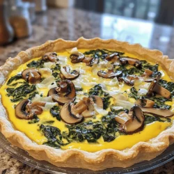 - 1 pre-made pie crust - 2 cups fresh spinach, chopped - 1 cup mushrooms, sliced - 1 small onion, finely chopped - 3 large eggs - 1 cup heavy cream - 1 cup shredded cheese - 1 teaspoon garlic powder - 1/2 teaspoon grated nutmeg - Salt and pepper to taste - 1 tablespoon olive oil You can swap cheese for a dairy-free option. Try nutritional yeast for flavor. For vegetables, use kale or broccoli if you don't have spinach. Zucchini also works well in this dish. Use a 9-inch pie dish for baking. A non-stick pan is best for sautéing. You will need a whisk for mixing and a cutting board for chopping. A sharp knife will make prep easier. - Preheat the oven to 375°F (190°C). - Sauté onions until translucent. First, you need to get your oven hot. This helps cook the quiche evenly. While the oven heats, grab a skillet. Add a tablespoon of olive oil over medium heat. Chop your onion finely and add it to the skillet. Cook it until it turns clear, about 3-5 minutes. - Sauté mushrooms and spinach. - Combine the egg mixture with sautéed vegetables. Now, let's add the mushrooms. Slice them up and toss them in with the onions. Cook them until golden brown, which should take about 5-7 minutes. Next, chop the spinach and add it to the skillet. Stir it until it wilts, around 2-3 minutes. After that, let the mixture cool a bit. In a large bowl, crack three eggs and pour in a cup of heavy cream. Whisk them together until smooth. Add one teaspoon of garlic powder, half a teaspoon of grated nutmeg, and some salt and pepper. Mix until combined. Now fold in your sautéed vegetables and one cup of shredded cheese. This mix will bring all the flavors together. - Pour filling into the pie crust. - Bake until set and golden. Grab your pre-made pie crust and pour the filling right into it. Make sure it spreads out evenly. Place the quiche in your preheated oven. Bake it for 35-40 minutes. You'll know it's done when the center is set and the top is golden. Once it's ready, let it cool for about 10 minutes before slicing. Enjoy this simple yet delightful quiche recipe! For the full recipe, check out the details above. To make your quiche great, focus on cooking times and temperatures. Bake your quiche at 375°F (190°C) for 35-40 minutes. You want it firm in the center. A golden crust adds a nice touch. To achieve this, brush the crust with a bit of beaten egg before baking. This will give it a lovely color and shine. Pair your quiche with a fresh salad. A mixed green salad works well. The crunch of the greens balances the soft quiche. For presentation, slice the quiche into wedges. Serve each wedge on a colorful plate. You can garnish with a sprinkle of herbs or extra cheese for flair. Adding a few sautéed mushrooms on top makes it even better. If you have leftovers, store them in airtight containers. Your quiche will stay fresh in the fridge for up to 3 days. To reheat, place slices in the oven at 350°F (175°C) for about 10-15 minutes. This method keeps the crust crispy. You can also microwave them, but watch for sogginess. Always check that it's heated through before serving. For the full recipe, check the recipe card above. {{image_4}} You can easily change the flavor of your quiche. Adding herbs like dill or thyme can elevate the taste. Fresh herbs enhance the aroma and add a bright note. Try mixing in different cheeses, too. Feta or goat cheese bring a tangy flavor. Cheddar offers a rich, creamy taste. Experiment with your favorites to find what you love. If you need a gluten-free option, use a gluten-free pie crust. There are many good choices at the store. You can also make this quiche vegetarian by leaving out any meat. For a vegan alternative, replace eggs with silken tofu or chickpea flour. Use plant-based cream for a creamy texture without dairy. Seasonal vegetables can make this quiche even better. In spring, add asparagus or peas for a fresh crunch. In the fall, consider roasted squash or sweet potatoes. Adjust the flavors based on what’s in season. This keeps your quiche exciting and full of flavor year-round. For the full recipe, check out the detailed instructions above. How long does the quiche last in the fridge? Your spinach and mushroom quiche lasts about 3 to 4 days in the fridge. Make sure to store it in an airtight container to keep it fresh. Best storage containers to use Use a glass or plastic container with a tight lid. This helps prevent moisture loss and keeps flavors intact. Can you freeze cooked quiche? Yes, you can freeze cooked quiche! Freezing is a great way to save leftovers. Just wrap it tightly in plastic wrap. Tips for thawing and reheating Thaw your quiche in the fridge overnight. To reheat, place it in a 350°F (175°C) oven for about 20 minutes. This keeps the crust crisp. How to identify if your quiche has gone bad Look for any changes in smell or color. If it smells sour or has mold, it’s time to toss it. Best practices to ensure freshness Always cool the quiche completely before storing. This helps prevent condensation and keeps it fresh longer. How long does it take to cook a spinach and mushroom quiche? It takes about 55 minutes to cook. This includes 15 minutes of prep time and 40 minutes of baking. You want to bake it until the center is set and slightly golden. Can I use frozen spinach instead of fresh? Yes, you can use frozen spinach. Just remember to thaw and drain it well. This will prevent excess water in your quiche. What can I serve with spinach and mushroom quiche? This quiche pairs well with a mixed green salad. You can also serve it with fresh fruit or a light soup. How to reduce calories in the quiche? To cut calories, use a lighter cream or milk. You can also reduce the cheese or use a low-fat version. Can I make the quiche ahead of time? Yes, you can prepare it a day ahead. Just bake it and refrigerate. Warm it up before serving. What is the secret to a fluffy quiche? The secret is to whisk the eggs and cream well. This adds air and helps it rise. Can I use a different crust for the quiche? Absolutely! You can use a whole wheat crust, a puff pastry, or even a crustless version. Each will give a unique taste. For the full recipe, check out the detailed steps above. This blog post covered how to make a tasty spinach and mushroom quiche. We discussed the key ingredients, preparation steps, and cooking tips. You learned about ingredient substitutions, variations, and storage options. In conclusion, making quiche is simple and fun. You can easily customize it to fit your taste. Enjoy your cooking and share this delicious dish with friends and family. Your quiche journey is just beginning!