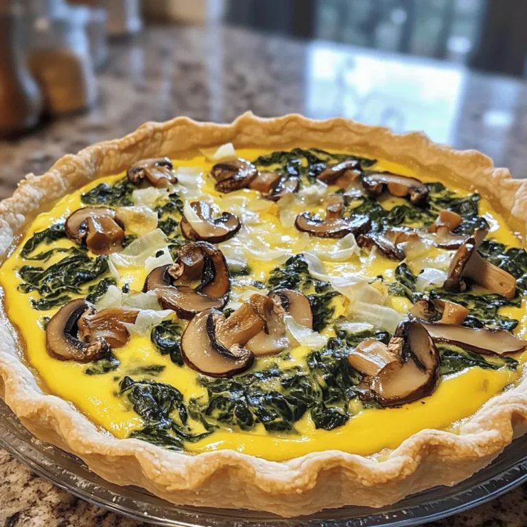 - 1 pre-made pie crust - 2 cups fresh spinach, chopped - 1 cup mushrooms, sliced - 1 small onion, finely chopped - 3 large eggs - 1 cup heavy cream - 1 cup shredded cheese - 1 teaspoon garlic powder - 1/2 teaspoon grated nutmeg - Salt and pepper to taste - 1 tablespoon olive oil You can swap cheese for a dairy-free option. Try nutritional yeast for flavor. For vegetables, use kale or broccoli if you don't have spinach. Zucchini also works well in this dish. Use a 9-inch pie dish for baking. A non-stick pan is best for sautéing. You will need a whisk for mixing and a cutting board for chopping. A sharp knife will make prep easier. - Preheat the oven to 375°F (190°C). - Sauté onions until translucent. First, you need to get your oven hot. This helps cook the quiche evenly. While the oven heats, grab a skillet. Add a tablespoon of olive oil over medium heat. Chop your onion finely and add it to the skillet. Cook it until it turns clear, about 3-5 minutes. - Sauté mushrooms and spinach. - Combine the egg mixture with sautéed vegetables. Now, let's add the mushrooms. Slice them up and toss them in with the onions. Cook them until golden brown, which should take about 5-7 minutes. Next, chop the spinach and add it to the skillet. Stir it until it wilts, around 2-3 minutes. After that, let the mixture cool a bit. In a large bowl, crack three eggs and pour in a cup of heavy cream. Whisk them together until smooth. Add one teaspoon of garlic powder, half a teaspoon of grated nutmeg, and some salt and pepper. Mix until combined. Now fold in your sautéed vegetables and one cup of shredded cheese. This mix will bring all the flavors together. - Pour filling into the pie crust. - Bake until set and golden. Grab your pre-made pie crust and pour the filling right into it. Make sure it spreads out evenly. Place the quiche in your preheated oven. Bake it for 35-40 minutes. You'll know it's done when the center is set and the top is golden. Once it's ready, let it cool for about 10 minutes before slicing. Enjoy this simple yet delightful quiche recipe! For the full recipe, check out the details above. To make your quiche great, focus on cooking times and temperatures. Bake your quiche at 375°F (190°C) for 35-40 minutes. You want it firm in the center. A golden crust adds a nice touch. To achieve this, brush the crust with a bit of beaten egg before baking. This will give it a lovely color and shine. Pair your quiche with a fresh salad. A mixed green salad works well. The crunch of the greens balances the soft quiche. For presentation, slice the quiche into wedges. Serve each wedge on a colorful plate. You can garnish with a sprinkle of herbs or extra cheese for flair. Adding a few sautéed mushrooms on top makes it even better. If you have leftovers, store them in airtight containers. Your quiche will stay fresh in the fridge for up to 3 days. To reheat, place slices in the oven at 350°F (175°C) for about 10-15 minutes. This method keeps the crust crispy. You can also microwave them, but watch for sogginess. Always check that it's heated through before serving. For the full recipe, check the recipe card above. {{image_4}} You can easily change the flavor of your quiche. Adding herbs like dill or thyme can elevate the taste. Fresh herbs enhance the aroma and add a bright note. Try mixing in different cheeses, too. Feta or goat cheese bring a tangy flavor. Cheddar offers a rich, creamy taste. Experiment with your favorites to find what you love. If you need a gluten-free option, use a gluten-free pie crust. There are many good choices at the store. You can also make this quiche vegetarian by leaving out any meat. For a vegan alternative, replace eggs with silken tofu or chickpea flour. Use plant-based cream for a creamy texture without dairy. Seasonal vegetables can make this quiche even better. In spring, add asparagus or peas for a fresh crunch. In the fall, consider roasted squash or sweet potatoes. Adjust the flavors based on what’s in season. This keeps your quiche exciting and full of flavor year-round. For the full recipe, check out the detailed instructions above. How long does the quiche last in the fridge? Your spinach and mushroom quiche lasts about 3 to 4 days in the fridge. Make sure to store it in an airtight container to keep it fresh. Best storage containers to use Use a glass or plastic container with a tight lid. This helps prevent moisture loss and keeps flavors intact. Can you freeze cooked quiche? Yes, you can freeze cooked quiche! Freezing is a great way to save leftovers. Just wrap it tightly in plastic wrap. Tips for thawing and reheating Thaw your quiche in the fridge overnight. To reheat, place it in a 350°F (175°C) oven for about 20 minutes. This keeps the crust crisp. How to identify if your quiche has gone bad Look for any changes in smell or color. If it smells sour or has mold, it’s time to toss it. Best practices to ensure freshness Always cool the quiche completely before storing. This helps prevent condensation and keeps it fresh longer. How long does it take to cook a spinach and mushroom quiche? It takes about 55 minutes to cook. This includes 15 minutes of prep time and 40 minutes of baking. You want to bake it until the center is set and slightly golden. Can I use frozen spinach instead of fresh? Yes, you can use frozen spinach. Just remember to thaw and drain it well. This will prevent excess water in your quiche. What can I serve with spinach and mushroom quiche? This quiche pairs well with a mixed green salad. You can also serve it with fresh fruit or a light soup. How to reduce calories in the quiche? To cut calories, use a lighter cream or milk. You can also reduce the cheese or use a low-fat version. Can I make the quiche ahead of time? Yes, you can prepare it a day ahead. Just bake it and refrigerate. Warm it up before serving. What is the secret to a fluffy quiche? The secret is to whisk the eggs and cream well. This adds air and helps it rise. Can I use a different crust for the quiche? Absolutely! You can use a whole wheat crust, a puff pastry, or even a crustless version. Each will give a unique taste. For the full recipe, check out the detailed steps above. This blog post covered how to make a tasty spinach and mushroom quiche. We discussed the key ingredients, preparation steps, and cooking tips. You learned about ingredient substitutions, variations, and storage options. In conclusion, making quiche is simple and fun. You can easily customize it to fit your taste. Enjoy your cooking and share this delicious dish with friends and family. Your quiche journey is just beginning!