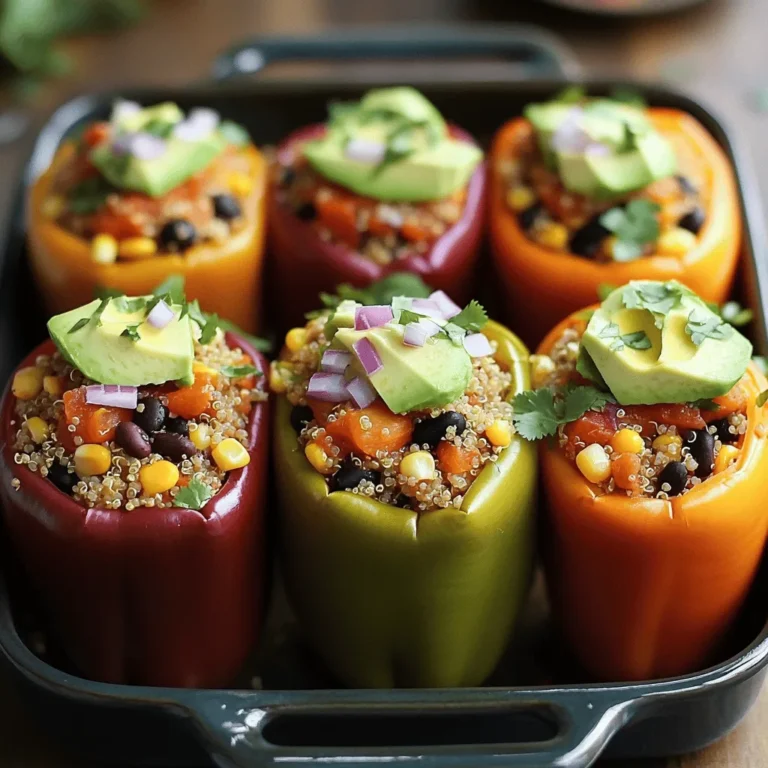 To make these vegan stuffed bell peppers, you will need: - 4 large bell peppers (choose a variety of colors for visual appeal) - 1 cup quinoa, thoroughly rinsed - 2 cups vegetable broth - 1 can (15 oz) black beans, well rinsed and drained - 1 cup corn (use fresh or frozen, depending on availability) - 1 cup diced tomatoes (either canned or fresh) - 1 small red onion, finely chopped - 2 cloves garlic, minced - 1 teaspoon ground cumin - 1 teaspoon smoked paprika - 1/2 teaspoon chili powder - 1/2 teaspoon sea salt - 1/4 teaspoon freshly ground black pepper - 1/4 cup fresh cilantro, chopped - Juice of 1 lime - 1 avocado, sliced (for serving) You can add vegan cheese to the recipe. This cheese gives the peppers a creamy texture. It melts nicely on top, adding flavor and richness. If you love cheese, don't skip this step! You can swap out some ingredients if needed. For quinoa, use brown rice or couscous. Black beans can be replaced with chickpeas or lentils. If you don’t have corn, consider using diced zucchini or mushrooms. These swaps keep the dish tasty and enjoyable. Always feel free to experiment! Start by preheating your oven to 375°F (190°C). Take four large bell peppers and cut off their tops. Remove the seeds and membranes gently. This way, they stay whole and look great. Place the peppers upright in a baking dish. This helps catch any flavors that drip down during cooking. In a medium saucepan, combine one cup of rinsed quinoa with two cups of vegetable broth. Bring the mixture to a boil over high heat. Once it boils, reduce the heat to low. Cover the pan and let it simmer for about 15 minutes. The quinoa will absorb all the broth. When it's done, fluff it with a fork and let it cool a bit. While the quinoa is cooking, heat a large skillet over medium heat. Add one small, finely chopped red onion and two minced garlic cloves. Sauté for about three to four minutes. The onion should turn soft and fragrant. Next, add one can of rinsed black beans, one cup of corn, and one cup of diced tomatoes to the skillet. Then stir in one teaspoon of ground cumin, one teaspoon of smoked paprika, half a teaspoon of chili powder, sea salt, and black pepper. Cook for another five minutes. This allows all the flavors to mix. Now, fold the cooked quinoa into the filling mixture. Add a quarter cup of chopped fresh cilantro and the juice of one lime. Mix this well. Then, take the filling and spoon it into each bell pepper. Pack it in firmly for a nice, hearty bite. If you like, sprinkle some vegan cheese on top. To bake, pour a little water into the bottom of the dish. Cover it tightly with foil and bake for 30 minutes. After that, remove the foil and bake for another 10 to 15 minutes. The peppers should be tender and a bit blistered. Let them cool for a few minutes before serving. Top each stuffed pepper with slices of avocado for a creamy finish. For more details, check out the Full Recipe. When making vegan stuffed bell peppers, the cooking method is key. I suggest using the oven for even cooking. Preheat your oven to 375°F. Baking allows the peppers to become tender while keeping the filling warm and flavorful. Cover the dish with foil to trap steam. This helps cook the peppers evenly. After half the bake time, remove the foil to brown the tops. To boost flavor, use fresh herbs like cilantro or parsley. Add lime juice for a bright finish. You can also mix in spices like cumin and smoked paprika. These spices give a warm, smoky taste that makes the dish pop. For a little kick, add chili powder. If you like more depth, try sautéing the garlic and onion until golden. A great-looking dish makes a meal even better. Arrange the stuffed peppers on a colorful plate. Surround them with fresh cilantro for a pop of green. Serve lime wedges on the side for extra zest. For a gourmet touch, add slices of avocado on top. This adds creaminess and looks appealing too. Each detail can turn your meal into a feast for the eyes! {{image_4}} You can add many ingredients to your stuffed peppers. Try brown rice or lentils as a base. Both add fiber and protein. You can also use couscous or farro for a different texture. Adding nuts, like walnuts or pine nuts, gives a nice crunch. For a creamy touch, consider vegan cream cheese or cashew cheese. Switching up your veggies can make this dish even better. You can use zucchini, mushrooms, or spinach. These add great flavor and nutrition. Chopped carrots or celery can bring extra crunch. If you want a savory twist, add olives or sun-dried tomatoes. Feel free to mix and match to find your favorite combo. For those who love heat, spice things up! Add chopped jalapeños or a pinch of cayenne. You can use spicy salsa instead of diced tomatoes for added flavor. A dash of hot sauce in the filling can also kick it up a notch. Just remember, balance the heat with creamy avocado or a dollop of vegan sour cream. This way, every bite is full of flavor and excitement. For more details on these ideas, check out the Full Recipe. To store leftover vegan stuffed bell peppers, let them cool down first. Place the cooled peppers in an airtight container. They will stay fresh in the fridge for about 3 to 4 days. If you want to enjoy them later, this is a good way to keep them tasty. When you are ready to eat the leftovers, there are simple ways to reheat them. You can use the microwave for quick heating. Place one stuffed pepper on a microwave-safe plate, cover it with a damp paper towel, and heat for about 2 to 3 minutes. If you prefer the oven, preheat it to 350°F (175°C). Bake the peppers for about 15 to 20 minutes until they are warm throughout. This helps keep the flavors intact. If you want to store the stuffed peppers for longer, freezing is a great option. Wrap each pepper tightly in plastic wrap or foil. Place them in a freezer-safe bag or container. They can last up to 3 months in the freezer. When ready to eat, thaw them overnight in the fridge. Then, reheat as described above. This method makes it easy to enjoy a delicious meal anytime. Yes, you can prepare Vegan Stuffed Bell Peppers in advance. Stuff the peppers and keep them in the fridge for up to two days before baking. This makes meal prep easy. You can also freeze them. Wrap each pepper tightly in plastic wrap and place them in a freezer bag. When ready, bake them straight from the freezer. Just add a bit of time to the cooking process. If you want to swap quinoa, you have options. Rice, couscous, or lentils work well. Brown rice adds a nutty flavor. Couscous cooks fast and is light. Lentils are packed with protein and fiber. Choose what you like best. Each will give your dish a unique twist. You can tell the peppers are done when they are tender. The skin should look slightly blistered and soft. You can pierce them with a fork easily. The filling should be hot and steaming. If you see the peppers change color, it’s a good sign they are ready. Yes, you can cook these peppers on the stovetop. Use a large skillet with a lid. After stuffing, place the peppers upright in the skillet. Add a bit of water to create steam. Cover the skillet and cook on low heat for about 30 minutes. This method works great, and you still get a tasty meal! You learned how to make delicious vegan stuffed bell peppers. We covered the key ingredients, tips, and different variations. This dish is easy to store and reheat, making it perfect for meal prep. Remember, you can swap ingredients based on your taste. Don’t be afraid to experiment with flavors and textures. Making vegan stuffed bell peppers can be fun and rewarding. Enjoy your creation and share it with others!