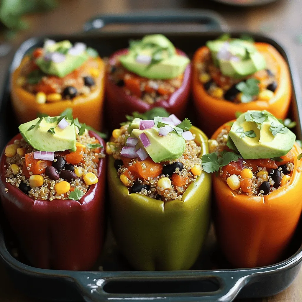 To make these vegan stuffed bell peppers, you will need: - 4 large bell peppers (choose a variety of colors for visual appeal) - 1 cup quinoa, thoroughly rinsed - 2 cups vegetable broth - 1 can (15 oz) black beans, well rinsed and drained - 1 cup corn (use fresh or frozen, depending on availability) - 1 cup diced tomatoes (either canned or fresh) - 1 small red onion, finely chopped - 2 cloves garlic, minced - 1 teaspoon ground cumin - 1 teaspoon smoked paprika - 1/2 teaspoon chili powder - 1/2 teaspoon sea salt - 1/4 teaspoon freshly ground black pepper - 1/4 cup fresh cilantro, chopped - Juice of 1 lime - 1 avocado, sliced (for serving) You can add vegan cheese to the recipe. This cheese gives the peppers a creamy texture. It melts nicely on top, adding flavor and richness. If you love cheese, don't skip this step! You can swap out some ingredients if needed. For quinoa, use brown rice or couscous. Black beans can be replaced with chickpeas or lentils. If you don’t have corn, consider using diced zucchini or mushrooms. These swaps keep the dish tasty and enjoyable. Always feel free to experiment! Start by preheating your oven to 375°F (190°C). Take four large bell peppers and cut off their tops. Remove the seeds and membranes gently. This way, they stay whole and look great. Place the peppers upright in a baking dish. This helps catch any flavors that drip down during cooking. In a medium saucepan, combine one cup of rinsed quinoa with two cups of vegetable broth. Bring the mixture to a boil over high heat. Once it boils, reduce the heat to low. Cover the pan and let it simmer for about 15 minutes. The quinoa will absorb all the broth. When it's done, fluff it with a fork and let it cool a bit. While the quinoa is cooking, heat a large skillet over medium heat. Add one small, finely chopped red onion and two minced garlic cloves. Sauté for about three to four minutes. The onion should turn soft and fragrant. Next, add one can of rinsed black beans, one cup of corn, and one cup of diced tomatoes to the skillet. Then stir in one teaspoon of ground cumin, one teaspoon of smoked paprika, half a teaspoon of chili powder, sea salt, and black pepper. Cook for another five minutes. This allows all the flavors to mix. Now, fold the cooked quinoa into the filling mixture. Add a quarter cup of chopped fresh cilantro and the juice of one lime. Mix this well. Then, take the filling and spoon it into each bell pepper. Pack it in firmly for a nice, hearty bite. If you like, sprinkle some vegan cheese on top. To bake, pour a little water into the bottom of the dish. Cover it tightly with foil and bake for 30 minutes. After that, remove the foil and bake for another 10 to 15 minutes. The peppers should be tender and a bit blistered. Let them cool for a few minutes before serving. Top each stuffed pepper with slices of avocado for a creamy finish. For more details, check out the Full Recipe. When making vegan stuffed bell peppers, the cooking method is key. I suggest using the oven for even cooking. Preheat your oven to 375°F. Baking allows the peppers to become tender while keeping the filling warm and flavorful. Cover the dish with foil to trap steam. This helps cook the peppers evenly. After half the bake time, remove the foil to brown the tops. To boost flavor, use fresh herbs like cilantro or parsley. Add lime juice for a bright finish. You can also mix in spices like cumin and smoked paprika. These spices give a warm, smoky taste that makes the dish pop. For a little kick, add chili powder. If you like more depth, try sautéing the garlic and onion until golden. A great-looking dish makes a meal even better. Arrange the stuffed peppers on a colorful plate. Surround them with fresh cilantro for a pop of green. Serve lime wedges on the side for extra zest. For a gourmet touch, add slices of avocado on top. This adds creaminess and looks appealing too. Each detail can turn your meal into a feast for the eyes! {{image_4}} You can add many ingredients to your stuffed peppers. Try brown rice or lentils as a base. Both add fiber and protein. You can also use couscous or farro for a different texture. Adding nuts, like walnuts or pine nuts, gives a nice crunch. For a creamy touch, consider vegan cream cheese or cashew cheese. Switching up your veggies can make this dish even better. You can use zucchini, mushrooms, or spinach. These add great flavor and nutrition. Chopped carrots or celery can bring extra crunch. If you want a savory twist, add olives or sun-dried tomatoes. Feel free to mix and match to find your favorite combo. For those who love heat, spice things up! Add chopped jalapeños or a pinch of cayenne. You can use spicy salsa instead of diced tomatoes for added flavor. A dash of hot sauce in the filling can also kick it up a notch. Just remember, balance the heat with creamy avocado or a dollop of vegan sour cream. This way, every bite is full of flavor and excitement. For more details on these ideas, check out the Full Recipe. To store leftover vegan stuffed bell peppers, let them cool down first. Place the cooled peppers in an airtight container. They will stay fresh in the fridge for about 3 to 4 days. If you want to enjoy them later, this is a good way to keep them tasty. When you are ready to eat the leftovers, there are simple ways to reheat them. You can use the microwave for quick heating. Place one stuffed pepper on a microwave-safe plate, cover it with a damp paper towel, and heat for about 2 to 3 minutes. If you prefer the oven, preheat it to 350°F (175°C). Bake the peppers for about 15 to 20 minutes until they are warm throughout. This helps keep the flavors intact. If you want to store the stuffed peppers for longer, freezing is a great option. Wrap each pepper tightly in plastic wrap or foil. Place them in a freezer-safe bag or container. They can last up to 3 months in the freezer. When ready to eat, thaw them overnight in the fridge. Then, reheat as described above. This method makes it easy to enjoy a delicious meal anytime. Yes, you can prepare Vegan Stuffed Bell Peppers in advance. Stuff the peppers and keep them in the fridge for up to two days before baking. This makes meal prep easy. You can also freeze them. Wrap each pepper tightly in plastic wrap and place them in a freezer bag. When ready, bake them straight from the freezer. Just add a bit of time to the cooking process. If you want to swap quinoa, you have options. Rice, couscous, or lentils work well. Brown rice adds a nutty flavor. Couscous cooks fast and is light. Lentils are packed with protein and fiber. Choose what you like best. Each will give your dish a unique twist. You can tell the peppers are done when they are tender. The skin should look slightly blistered and soft. You can pierce them with a fork easily. The filling should be hot and steaming. If you see the peppers change color, it’s a good sign they are ready. Yes, you can cook these peppers on the stovetop. Use a large skillet with a lid. After stuffing, place the peppers upright in the skillet. Add a bit of water to create steam. Cover the skillet and cook on low heat for about 30 minutes. This method works great, and you still get a tasty meal! You learned how to make delicious vegan stuffed bell peppers. We covered the key ingredients, tips, and different variations. This dish is easy to store and reheat, making it perfect for meal prep. Remember, you can swap ingredients based on your taste. Don’t be afraid to experiment with flavors and textures. Making vegan stuffed bell peppers can be fun and rewarding. Enjoy your creation and share it with others!