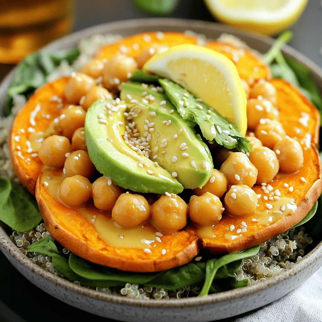 When making a Sweet Potato Chickpea Buddha Bowl, fresh ingredients matter. Here’s what you need: - 2 medium sweet potatoes, peeled and diced into 1-inch cubes - 1 can (15 oz) chickpeas, thoroughly rinsed and drained - 1 cup cooked quinoa (white, red, or a blend for color) - 2 cups baby spinach, washed and dried - 1 ripe avocado, sliced into wedges - 2 tablespoons extra virgin olive oil - 1 teaspoon smoked paprika for a smoky flavor - 1 teaspoon ground cumin to add depth - Sea salt and freshly cracked black pepper to taste - 1 tablespoon tahini, for creaminess - Juice of 1 lemon, freshly squeezed - Sesame seeds for garnish, toasted if desired Each ingredient adds flavor and nutrition. Sweet potatoes bring sweetness and fiber. Chickpeas add protein and creaminess. Quinoa offers a nutty taste and is filling. Baby spinach gives color and vitamins. Avocado rounds it out with healthy fats. The spices enhance the dish, making it vibrant and tasty. For detailed cooking steps, check out the Full Recipe. Each bite will be a delight! First, preheat your oven to 400°F (200°C). This step ensures even cooking for your sweet potatoes and chickpeas. Next, prepare the sweet potatoes by peeling and dicing them into 1-inch cubes. Drain and rinse the chickpeas. On a large baking sheet, combine the diced sweet potatoes and chickpeas. Drizzle with olive oil, then sprinkle with smoked paprika, cumin, salt, and pepper. Toss everything well so each piece is coated. Arrange them in a single layer. Place the baking sheet in the preheated oven. Roast for 25-30 minutes. Stir halfway through the cooking time. This helps achieve even browning. Your sweet potatoes should turn tender and slightly crispy on the edges when done. For the dressing, gather these ingredients: - 1 tablespoon tahini - Juice of 1 lemon - A pinch of sea salt - 2 tablespoons water In a small bowl, whisk together the tahini, lemon juice, salt, and water. Mix until it is smooth and creamy. If needed, add more water, a teaspoon at a time, until you reach the desired consistency. This dressing adds creaminess and flavor to your bowl. Follow these steps, and you'll create a flavorful Sweet Potato Chickpea Buddha Bowl. For the complete recipe, check out the Full Recipe. To achieve crispy edges on sweet potatoes, cut them into uniform 1-inch cubes. This size cooks evenly and gets crispy. Use a high oven temperature, like 400°F (200°C). Toss the cubes with olive oil, smoked paprika, and cumin. Spread them out on your baking sheet. Give them space to breathe, so they roast instead of steam. Stir halfway through roasting to ensure they brown nicely. Even roasting is key for tasty vegetables. If they crowd the pan, they won't cook well. Use one large baking sheet instead of two small ones. This helps them roast evenly and get that golden-brown color we all love. When it comes to presentation, deep bowls work best. They showcase the beautiful layers of your Buddha bowl. Start with a base of quinoa. This adds color and texture. Next, layer the roasted sweet potatoes and chickpeas. Top it off with baby spinach for a fresh crunch. Slice the avocado into wedges and arrange it beautifully on top. Drizzle the tahini dressing generously over everything. For an extra touch, sprinkle sesame seeds on top. This adds flavor and a nice crunch. You can serve it two ways. Either gently toss all the ingredients together for a mixed bowl or keep the layers for a vibrant look. Both ways will taste amazing! Sweet potatoes are packed with vitamins and fiber. They help with digestion and keep you full. Chickpeas add protein and healthy fats. Together, they make a perfect pair for a healthy meal. Quinoa is a complete protein, which means it has all nine essential amino acids. It's also gluten-free, making it a great choice for many diets. Spinach is rich in iron and vitamins. Adding it boosts the nutrition of your Buddha bowl. With all these ingredients, you get a bowl full of health benefits. It's not just tasty; it's good for you too! For more details, check out the Full Recipe. {{image_4}} You can swap out sweet potatoes for other root veggies like carrots or beets. They add sweetness and color. For a crunch, try using roasted cauliflower or Brussels sprouts. When it comes to grains, quinoa is great, but you can also try brown rice, farro, or even barley. Each grain brings a unique taste to your bowl, so mix it up! While tahini dressing is delicious, you can also use hummus for creaminess. A yogurt dressing adds a nice tang. For a spicy kick, try sriracha or a spicy peanut sauce. Don’t forget about spices! Try adding curry powder or chili flakes. These changes can really amp up the flavor of your bowl. To make your Buddha bowl gluten-free, choose grains like quinoa or brown rice. They are tasty and safe for gluten-free diets. For vegan options, the current recipe is already plant-based. Just ensure your tahini is free of any animal products. This bowl is perfect for everyone! For the full recipe, check the details above. To store your Sweet Potato Chickpea Buddha Bowl, let it cool first. Use airtight containers to keep it fresh. You can store it in the fridge for up to three days. This keeps the flavors intact while preventing spoilage. If you want to keep it longer, consider freezing some components. However, avoid freezing the avocado, as it may change texture. When reheating, use a microwave or an oven. For microwave use, place the bowl in for one to two minutes. Stir halfway to ensure even heating. If using an oven, preheat it to 350°F (175°C) and heat the bowl for about 10-15 minutes. This method helps keep the sweet potatoes crispy and the spinach fresh. You can prepare elements of the Buddha bowl in advance. Roast the sweet potatoes and chickpeas a few days prior. Store them in separate containers. Wash and dry the spinach, and keep it in a paper towel-lined bag for freshness. Slice the avocado just before serving to keep it green. This way, you can enjoy a quick, healthy meal any day of the week! For the full recipe, check out the Sweet Potato Chickpea Buddha Bowl. To make this bowl, start by preheating your oven to 400°F (200°C). 1. Prepare the sweet potatoes and chickpeas: Peel and dice 2 medium sweet potatoes into 1-inch cubes. Rinse and drain 1 can of chickpeas thoroughly. 2. Combine and season: On a large baking sheet, mix the sweet potatoes and chickpeas. Drizzle with 2 tablespoons of olive oil. Add 1 teaspoon of smoked paprika, 1 teaspoon of ground cumin, and sea salt and black pepper to taste. Toss everything until well-coated. 3. Roast: Spread the mixture in a single layer and roast for 25-30 minutes. Stir halfway to ensure even browning. The sweet potatoes should be tender and slightly crispy. 4. Make the tahini dressing: In a small bowl, whisk together 1 tablespoon of tahini, the juice of 1 lemon, a pinch of salt, and 2 tablespoons of water. Adjust with more water for the right consistency. 5. Assemble the bowl: In a large serving bowl, layer 1 cup of cooked quinoa, then add the roasted sweet potatoes and chickpeas. Top with 2 cups of washed baby spinach and arrange sliced avocado. 6. Dress and serve: Drizzle the tahini dressing over the bowl and sprinkle sesame seeds on top. You can mix the ingredients or leave them layered for presentation. You can find the full recipe above for detailed instructions and tips. Yes! You can change this recipe to fit your taste. Here are some ideas: - Vegetable swaps: Use roasted broccoli, cauliflower, or bell peppers instead of sweet potatoes. - Grain options: Swap quinoa for brown rice, farro, or even couscous. - Protein boosts: Add grilled chicken, tofu, or a boiled egg for extra protein. - Spice it up: Try adding chili flakes or cayenne for heat, or mix in fresh herbs like cilantro or parsley. This dish is both healthy and satisfying. Here’s a quick look at the nutrition per serving: - Calories: About 450 - Protein: 15 grams (thanks to chickpeas and quinoa) - Fiber: 10 grams (from sweet potatoes and spinach) - Healthy fats: 15 grams (from avocado and olive oil) This bowl is rich in vitamins A and C, iron, and potassium. It provides a balanced meal with wholesome ingredients. In this post, we explored how to create a Sweet Potato Chickpea Buddha Bowl. You learned about the key ingredients and how to prepare each one. We discussed cooking techniques to ensure crispy edges and delicious textures. You now have tips for presentation and substitutions to fit your taste. This dish is not only tasty but also packed with nutrients. Enjoy making it, and don't hesitate to mix things up! You can create your own bowl while bringing health and flavor to your table.