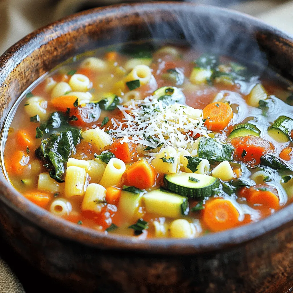 To make Easy Minestrone Soup, gather these fresh ingredients: - 1 tablespoon olive oil - 1 medium onion, finely diced - 2 cloves garlic, minced - 2 medium carrots, peeled and diced - 2 celery stalks, diced - 1 medium zucchini, diced - 1 cup fresh green beans, trimmed and chopped into bite-sized pieces - 1 can (15 oz) diced tomatoes, with juice - 4 cups vegetable broth - 1 cup cannellini beans, drained and rinsed - 1 cup small pasta (such as ditalini or elbow) - 1 teaspoon dried oregano - 1 teaspoon dried basil - Salt and black pepper to taste - 2 cups fresh spinach or kale, roughly chopped - Grated Parmesan cheese for serving (optional) When picking vegetables, look for bright colors and firm textures. Here are my top tips: - Choose firm zucchini with smooth skin. - Look for vibrant green beans that snap easily. - Select carrots that are bright orange and not limp. - Opt for onions with dry, papery skin. - Pick spinach or kale that is crisp and not wilted. Fresh veggies make the soup taste better and add nutrients. If you can't find cannellini beans, don't worry! You can use these alternatives: - Navy beans: They are small, tender, and creamy. - Great Northern beans: A bit larger, but they work well. - Chickpeas: They add a nice texture and flavor. These substitutes still give your soup a hearty feel and taste great. You can find the full recipe above to guide you through the cooking process. Start by heating the olive oil in a large pot over medium heat. Once the oil is warm, add the finely diced onion. Cook the onion for about 3-4 minutes. You want it to turn soft and smell sweet. Next, add the minced garlic. Stir it in for a minute. Garlic cooks fast, so keep an eye on it. Now it's time to add more veggies. Stir in the diced carrots and celery with the onion and garlic. Cook this mix for another 3-4 minutes. The goal is to soften the veggies. After that, toss in the diced zucchini and chopped green beans. Mix everything well and let it cook for about 3 minutes. This lets all those flavors blend together. Once the vegetables are soft, it's time to add liquids. Pour in the can of diced tomatoes, juice and all, and the vegetable broth. Raise the heat until it starts to boil. After that, add the rinsed cannellini beans, small pasta, dried oregano, and dried basil. Season with salt and black pepper. Lower the heat and let the soup simmer for 10-12 minutes. You want the pasta to be al dente. When the pasta is ready, stir in the chopped spinach or kale. Let it wilt for about 2-3 minutes. The soup is now ready to taste! Adjust seasoning if needed. For the complete recipe, check the Full Recipe section. To boost flavor in your minestrone soup, use fresh herbs. Fresh basil and oregano add bright notes. Sautéing garlic and onion first builds a rich base. Adding a splash of lemon juice at the end brightens the dish. Consider using homemade vegetable broth for a deeper taste. You can also add a bit of Parmesan rind while simmering for extra umami. One common mistake is overcooking the pasta. It should be al dente, or it will turn mushy. Another mistake is not seasoning enough. Taste your soup before serving and adjust as needed. Using canned vegetables instead of fresh can dull flavors. Lastly, don’t skip the greens; they add vital nutrients and color. To make this soup ahead, prepare it fully but skip the pasta. Cook the pasta separately and add it when serving. This keeps it from becoming soggy. Store the soup in an airtight container in the fridge for up to three days. When reheating, add a splash of broth to keep it moist. You can also freeze it for up to three months. Just remember to thaw it overnight in the fridge before reheating. For the full recipe, check out the complete guide above. {{image_4}} You can add protein to your minestrone soup easily. Consider using cooked chicken, turkey, or sausage. If you prefer plant-based options, try lentils or chickpeas. These choices will make the soup more filling. Just add them during the last few minutes of cooking. This way, they warm up without overcooking. You can also use canned beans for quick protein boosts. To make this soup gluten-free, swap the pasta for gluten-free options. Look for rice, quinoa, or gluten-free pasta. For a vegetarian version, ensure your broth is vegetable-based. This soup is naturally vegetarian, so you’re already on the right track! You can also enhance flavors by adding more herbs or spices. A dash of smoked paprika adds a nice kick. Seasonal vegetables can change the taste of your soup. In spring, add asparagus or peas. In summer, use fresh corn or bell peppers. Fall is great for squash and sweet potatoes. Winter calls for root veggies like parsnips or turnips. Feel free to mix and match. This keeps your soup fresh and exciting. Just remember to adjust cooking times for harder vegetables. Each season brings new flavors to explore! For the full recipe, check out the detailed instructions. Storing leftover minestrone soup is simple. First, let the soup cool down. Then, pour it into an airtight container. Make sure the lid seals tightly. Label the container with the date. This way, you’ll know how long it’s been stored. In the fridge, your soup can last up to five days. Freezing minestrone soup is a great way to save it for later. Use freezer-safe containers or bags. Leave some space at the top for expansion. This soup freezes well for up to three months. When you’re ready to eat it, just take it out and thaw it in the fridge overnight. Reheating minestrone soup should bring back its full taste. Use a pot on the stove for even heating. Add a splash of water or broth if it seems thick. Heat it over medium-low heat, stirring often. You can also use the microwave. Heat in short intervals, stirring in between. Always check the temperature before serving. Enjoy your warm bowl of goodness! For the full recipe, check out the Hearty Garden Minestrone. Yes, you can use different beans in your soup. Kidney beans, black beans, or pinto beans work well. Each type adds a unique taste and texture. Just remember to drain and rinse canned beans first. If you want a creamier soup, try using white beans like navy or great northern. They blend well with the other flavors. Easy Minestrone Soup pairs great with crusty bread. It makes a perfect dipping option. You can also serve it with a fresh salad for a light meal. A sprinkle of grated Parmesan cheese on top adds a nice touch. If you want, serve it with a side of garlic bread for extra flavor. Minestrone soup lasts about 3 to 4 days in the fridge. Store it in an airtight container for best results. If you want to keep it longer, consider freezing it. It can last up to 3 months in the freezer. Just thaw it overnight in the fridge before reheating. Adjust the seasoning again before serving. For the full recipe, visit the main article. In this post, we explored the easy steps to make minestrone soup. We covered the ingredients needed, from fresh veggies to bean options. You learned how to prepare aromatics and cook the dish. Tips for flavor, common mistakes, and storage were also discussed. Minestrone soup is flexible and tasty. You can make it your own with different vegetables or proteins. This recipe can be a weeknight dinner or a meal prep favorite. Enjoy your cooking!