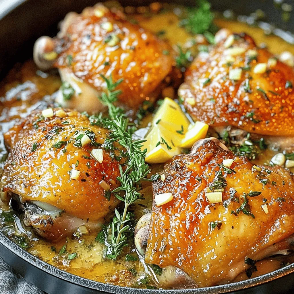 To make garlic herb chicken thighs, gather these simple ingredients: - 4 bone-in, skin-on chicken thighs - 4 cloves of garlic, finely minced - 2 tablespoons fresh rosemary, finely chopped - 2 tablespoons fresh thyme, finely chopped - 1 tablespoon olive oil - 1 teaspoon lemon zest (from about half a lemon) - Salt and freshly ground black pepper to taste - 1 cup low-sodium chicken broth - Fresh parsley, chopped, for garnish When measuring ingredients, precision matters. Here are some tips: - Use dry measuring cups for solid ingredients like herbs. - Use liquid measuring cups for liquids like olive oil and chicken broth. - For garlic, mince it finely to enhance its flavor. - Fresh herbs are best chopped finely to release their oils. - Use a microplane for lemon zest to avoid bitter pith. If you lack some ingredients, don't worry! Here are swap ideas: - Use boneless chicken thighs if you prefer less fat. - Substitute garlic powder for fresh garlic in a pinch. - Try dried rosemary or thyme if fresh isn’t available. - Use vegetable broth instead of chicken broth for a vegetarian twist. - Swap lemon zest with a splash of vinegar for brightness. These ingredients and tips will set you up for a delicious meal. You can find the full recipe for garlic herb chicken thighs in the recipe section. To start, preheat your oven to 400°F (200°C). This step is vital for a great roast. Next, take your chicken thighs and pat them dry with paper towels. This helps the skin get crispy. Season both sides well with salt and freshly ground black pepper. Make sure every inch gets covered. Now, grab a large, oven-safe skillet and heat 1 tablespoon of olive oil over medium-high heat. Wait until the oil shimmers. Place the chicken thighs skin side down in the hot oil. Sear them for about 5 minutes. You want that skin to turn a deep golden brown. Flip the thighs and sear the other side for another 3 minutes. Don’t rush this step; a good sear makes all the difference! After searing, take the chicken out and set it aside. In the same skillet, lower the heat to medium. Add 4 cloves of minced garlic and sauté for about 30 seconds. The garlic should smell fragrant, but be careful not to let it brown. Next, stir in 2 tablespoons of chopped rosemary, 2 tablespoons of thyme, and 1 teaspoon of lemon zest. Cook for another minute until the herbs smell amazing. Then, pour in 1 cup of low-sodium chicken broth. Use a wooden spoon to scrape up the browned bits from the skillet. These bits add great flavor! Place the seared chicken thighs back into the skillet, skin side up. Transfer the skillet to your preheated oven. Bake for 25-30 minutes or until the chicken reaches an internal temperature of 165°F (75°C). When done, take the skillet out and let the chicken rest for 5-10 minutes. This resting time keeps the juices inside the chicken. Finally, sprinkle some chopped parsley over the top for a fresh touch. Enjoy your flavorful Garlic Herb Chicken Thighs! For the complete guide, refer to the Full Recipe. To make your garlic herb chicken thighs shine, start with a great marinade. Mix garlic, rosemary, thyme, olive oil, lemon zest, salt, and pepper in a bowl. The acid in lemon zest brightens the flavors. Let the chicken marinate for at least 30 minutes. If you have more time, marinate it overnight. This gives the herbs time to infuse into the meat. For crispy skin, pat the chicken thighs dry before cooking. This step is key. Heat your skillet until it is hot. Sear the thighs skin-side down for about five minutes. This step creates a nice golden crust. After flipping, cook for three more minutes. This helps keep the meat juicy. Baking the chicken in broth adds moisture while it cooks. For side dishes, think simple and fresh. Roasted vegetables work well. Try carrots, broccoli, or green beans. A side salad with mixed greens adds crunch. You can also serve garlic mashed potatoes. They soak up the flavorful broth. For a light touch, serve with rice or quinoa. Each of these pairs well with the garlic herb chicken thighs. For the full recipe, check out the section above. {{image_4}} You can change the flavor of garlic herb chicken thighs by using different herbs. Instead of rosemary and thyme, try using oregano and basil for a Mediterranean touch. You can also mix in parsley or tarragon for a fresh twist. This way, you can create a dish that suits your taste. You can cook chicken thighs in various ways. The skillet method gives a nice crispy skin. First, sear the chicken in a hot pan. Then, add your garlic herb mixture and finish it in the oven. For the grill, marinate the chicken first. Then, cook it on medium heat until it reaches a safe temperature. Each method brings a unique flavor and texture. You can add some fun by changing the flavors. For a spicy kick, mix in red pepper flakes or a dash of hot sauce with your garlic. If you prefer sweet, add honey or maple syrup to the marinade. For a citrusy taste, include more lemon juice or zest. These options will make your garlic herb chicken thighs even more exciting. For the full recipe, check out the complete instructions above. To store leftover Garlic Herb Chicken Thighs, wait until they cool down. Place the chicken in an airtight container. Make sure to cover it well. You can keep it in the fridge for up to 3 days. If you want to keep it longer, freezing is a good option. For freezing, wrap each chicken thigh tightly in plastic wrap. Then, place them in a freezer-safe bag. Remove as much air as possible to prevent freezer burn. You can store them in the freezer for up to 3 months. Label the bag with the date. When you are ready to cook, thaw the chicken in the fridge overnight. To reheat your chicken thighs, preheat your oven to 350°F (175°C). Place the chicken in an oven-safe dish. Add a splash of chicken broth to keep it moist. Cover the dish with foil to avoid drying out. Heat for about 20 minutes or until the chicken reaches 165°F (75°C). You can also reheat it in the microwave. Just cover it and heat it in short bursts, checking often. Enjoy your tasty meal again with ease! For the full recipe, check out the [Full Recipe]. The best way to check chicken doneness is with a meat thermometer. You should insert the thermometer into the thickest part of the thigh, avoiding the bone. The chicken is safe to eat when it reaches 165°F (75°C). Checking the doneness this way ensures juicy and safe chicken. You can also cut into the chicken; the juices should run clear, not pink. Yes, you can use boneless chicken thighs for this recipe. Boneless thighs will cook faster, so adjust the cooking time. Sear them for about 4 minutes on each side. Then, bake them for 20 minutes instead of 25-30 minutes. They will still be tasty and absorb those lovely garlic herb flavors. For maximum flavor, marinate the chicken thighs for at least 30 minutes. If you can, let them sit for 2 hours. You can also marinate them overnight for deeper flavor. Just remember to keep them in the fridge while marinating. This step is key to infusing the chicken with those delicious garlic and herb notes. You can find the full recipe in the sections above. You learned how to make delicious garlic herb chicken thighs. We covered the ingredients, prep steps, and cooking methods. I also shared tips for perfect texture and seasoning. Don't forget the storage tips for leftovers and variations to try. Cooking can be fun and tasty with simple ideas. Enjoy your meals and don’t hesitate to mix things up! You have the tools to make this dish your own.