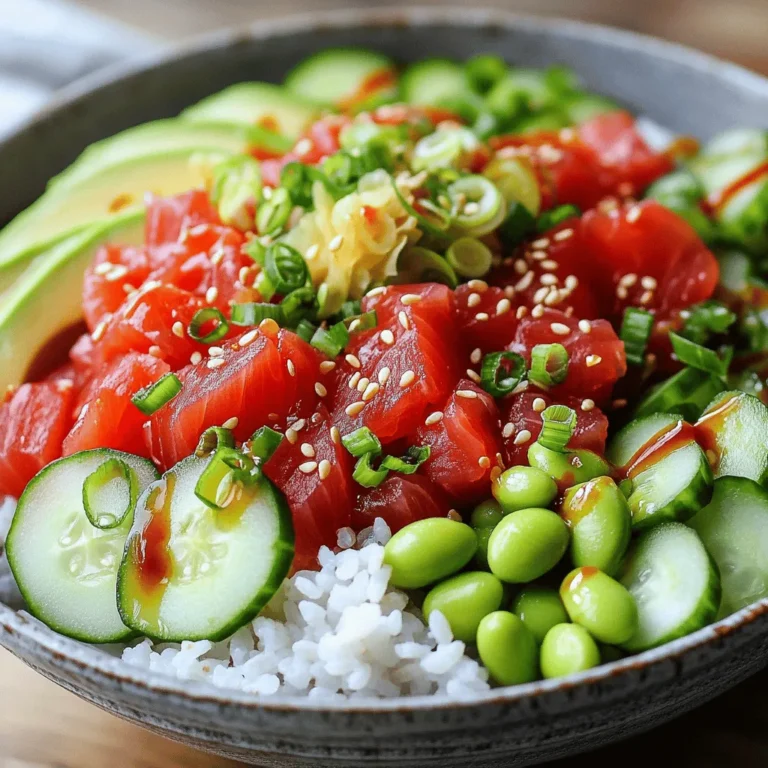 To make a great spicy tuna poke bowl, you need some key ingredients. Here’s what to gather: - 1 cup sushi rice - 1 1/4 cups water - 1/2 pound sushi-grade tuna, diced into bite-sized cubes - 2 tablespoons soy sauce - 1 tablespoon sesame oil - 1 tablespoon Sriracha (adjust to taste for spice level) - 1 teaspoon honey - 1 tablespoon green onions, finely sliced - 1 tablespoon seaweed salad - 1 ripe avocado, sliced into wedges - 1/2 cucumber, thinly sliced into rounds - 1/4 cup edamame, shelled and steamed - Sesame seeds for garnish - Pickled ginger for serving on the side These ingredients form the heart of your dish. The sushi rice gives a chewy base, while the tuna adds richness. You can have fun with fresh toppings. They add color and crunch. Here are some great options: - Radishes for a peppery bite - Mango for sweetness - Scallions for a fresh taste - Carrots for extra crunch - Seaweed for extra umami Mix and match these toppings to suit your taste. Each adds its own charm. To make your poke bowl pop, consider some flavor boosts. A few options are: - Sesame seeds for a nutty twist - Fresh herbs like cilantro or basil - Lime juice for brightness - Chilli flakes for heat - Furikake for umami flavor These enhancements can elevate your poke bowl. Feel free to experiment with flavors. For the complete recipe, check out the [Full Recipe]. Enjoy the process and have fun! To start, rinse 1 cup of sushi rice under cold water. Use a fine-mesh strainer for this task. Rinse until the water runs clear. This step removes excess starch and helps the rice stay fluffy. Next, combine the rinsed rice with 1 1/4 cups of water in a medium saucepan. Bring it to a boil over high heat. Once boiling, reduce the heat to a simmer. Cover and cook for about 20 minutes. This cooks the rice and helps it absorb all the water. After 20 minutes, remove the pot from the heat. Let the rice sit for a few minutes. Fluff it gently with a fork to separate the grains. While the rice cooks, prepare the spicy tuna mix. In a mixing bowl, add 1/2 pound of diced sushi-grade tuna. Pour in 2 tablespoons of soy sauce and 1 tablespoon of sesame oil. Then, add 1 tablespoon of Sriracha. Adjust this based on your spice preference. For a touch of sweetness, mix in 1 teaspoon of honey. Stir everything together until the tuna is well coated. Let it marinate for about 10 minutes. This allows the flavors to blend nicely. Now, it’s time to put everything together! Grab two serving bowls. Start by dividing the sushi rice evenly between them. This rice forms the base of your poke bowl. Next, artfully arrange the marinated tuna on top of the rice. Then, add avocado wedges, thin cucumber slices, steamed edamame, and seaweed salad. Be creative with your layout for a colorful look. For the finishing touch, sprinkle sliced green onions and sesame seeds on top. Don’t forget a spoonful of pickled ginger on the side for extra flair! If you have leftover marinade, drizzle it over the bowls for more flavor. Enjoy your fresh and spicy tuna poke bowl! To make the best sushi rice, rinse it well. Rinse the rice until the water is clear. This step removes excess starch. Then, cook it with the right water ratio. Use 1 cup of rice to 1 1/4 cups of water. Bring it to a boil, then simmer for about 20 minutes. Once done, let it rest and fluff it gently with a fork. This gives you fluffy, sticky rice, ideal for your poke bowl. Marinating the tuna is crucial for flavor. Use sushi-grade tuna for the best taste. Combine diced tuna with soy sauce, sesame oil, Sriracha, and honey. Stir to coat the tuna evenly. Let it sit for about 10 minutes. This allows the flavors to blend well. You can adjust the Sriracha to match your spice level. A good marinade makes your poke bowl shine. Presentation is key for a poke bowl. Use deep, wide bowls to highlight the vibrant colors. Start with a base of sushi rice, then add your toppings. Arrange the marinated tuna, avocado, cucumber, and other toppings artfully. Use circular patterns or layers for visual appeal. A sprinkle of green onions and sesame seeds adds a nice touch. Don’t forget the pickled ginger on the side. A well-presented dish makes every bite more enjoyable. For a full recipe, check out the detailed instructions above. {{image_4}} You can switch up the protein in your poke bowl for a new twist. Here are some tasty options: - Salmon: Use fresh salmon for a rich flavor. - Shrimp: Cooked shrimp adds a nice crunch and sweetness. - Tofu: Firm tofu is great for a plant-based dish. - Octopus: Tender octopus offers a unique texture and taste. Each protein brings its own flavor and texture, allowing you to make the dish your own. If you prefer a meat-free meal, poke bowls can be made vegetarian or vegan. Here are some ideas: - Chickpeas: These add protein and a creamy texture. - Marinated tempeh: Great for a savory flavor and hearty bite. - Avocado: Creamy and delicious, it adds healthy fats. - Mango: Sweet mango adds freshness and color. These options ensure that everyone can enjoy a delicious poke bowl. Toppings can make or break your poke bowl. Here’s a list of customizable toppings to try: - Seaweed salad: Adds a salty and umami flavor. - Pickled radish: Offers a tangy crunch. - Carrots: Shredded carrots give sweetness and color. - Sesame seeds: Toasted seeds add a nutty flavor. - Spicy mayo: Mix mayo with Sriracha for a creamy kick. Feel free to mix and match toppings to create your ideal bowl. Everyone has their own taste, so make it personal! For the full recipe, check out the details above. To keep your poke bowl fresh, store each ingredient separately. Use airtight containers for the sushi rice, tuna, and toppings. This helps retain their unique flavors and textures. Place the sushi rice in the fridge for up to three days. Keep the marinated tuna in a separate container for a maximum of two days. When ready to eat, you can reheat sushi rice. Place it in a microwave-safe bowl. Add a splash of water to help it steam. Cover the bowl with a damp paper towel. Heat it in short bursts, checking often to avoid overcooking. Tuna should not be reheated. Enjoy it cold for the best flavor. To maintain the freshness of your poke bowl, avoid mixing ingredients until serving. Keep avocado wedges in lemon juice to prevent browning. Store green onions and cucumbers in a cool place. For longer freshness, consider using vacuum-sealed bags for tuna and rice. Following these tips will keep your spicy tuna poke bowl delightful and ready to enjoy! A Spicy Tuna Poke Bowl is a fresh dish from Hawaii. It features sushi-grade tuna mixed with spicy sauce. This bowl often has sushi rice at the bottom and colorful toppings on top. You can find flavors like soy sauce, sesame oil, and Sriracha in the mix. Each bite offers a burst of flavor that is both spicy and savory. It’s a perfect meal for warm days or when you crave something light. You can use quinoa or brown rice instead of sushi rice. Both options are healthy and tasty. Cook them as you would sushi rice, but adjust the water based on the grain. Quinoa has a nutty flavor, while brown rice is chewy. Both pair well with spicy tuna and fresh toppings. You can still enjoy that delightful poke experience without traditional sushi rice. Yes, you can prepare some parts of the dish ahead of time. Cook the sushi rice and store it in the fridge. You can also marinate the tuna a few hours before serving. Just keep the toppings separate to keep them fresh. Assemble the poke bowl right before eating for the best taste and texture. If you want less heat, try using mayonnaise or yogurt mixed with a bit of hot sauce. You can also try chili garlic sauce or gochujang for a different flavor. These options can make your poke bowl spicy without being overwhelming. Adjust the amount to suit your taste. A Spicy Tuna Poke Bowl is packed with nutrients. Tuna provides high-quality protein and omega-3 fatty acids. Avocado adds healthy fats and fiber. The vegetables like cucumber and edamame give vitamins and minerals. Overall, this dish is filling, fresh, and supports a balanced diet. Enjoy a meal that is both tasty and good for you. You’ve learned how to make a spicy tuna poke bowl from scratch. We covered key ingredients, step-by-step instructions, and helpful tips. You can even customize the dish with different proteins or toppings that fit your taste. Remember to store leftovers carefully and keep the flavors fresh. Enjoy making this tasty dish for yourself or others. Now you’re ready to impress with your poke bowl skills!
