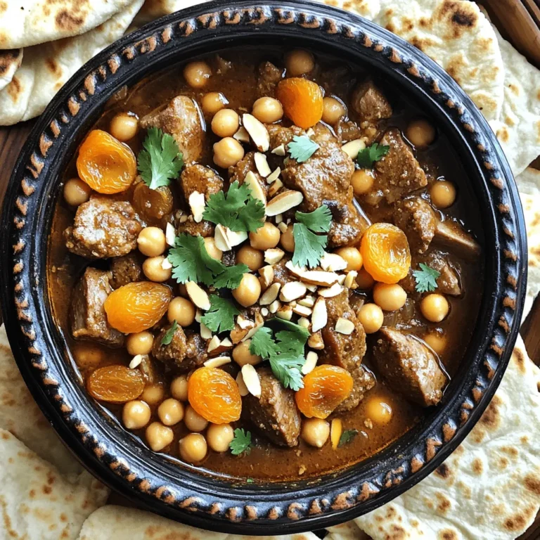 To create a delicious Moroccan Lamb Tagine with Apricots, gather these fresh and flavorful ingredients: - 1.5 lbs lamb shoulder, cut into 1-inch cubes - 1 large onion, finely chopped - 3 cloves garlic, minced - 2 tsp ground cumin - 2 tsp ground cinnamon - 1 tsp ground ginger - 1 tsp turmeric - 1 tsp cayenne pepper (adjust to taste) - 1 cup chicken or vegetable broth - 1 cup dried apricots, chopped - 1 can (14 oz) chickpeas, drained and rinsed - 1/4 cup honey - 1/2 cup slivered almonds, toasted - Salt and pepper, to taste - 2 tablespoons extra virgin olive oil - Fresh cilantro or parsley, finely chopped, for garnish Each ingredient plays a key role in building layers of flavor. The lamb shoulder gives a rich base. The spices add warmth and depth. Dried apricots bring a sweet contrast to the savory lamb. The chickpeas add texture and protein. Honey balances the flavors with a hint of sweetness. Slivered almonds provide a nice crunch. For the best results, use fresh spices and high-quality lamb. This will enhance the overall taste. You can find the full recipe for more detailed steps. 1. Start by heating 2 tablespoons of extra virgin olive oil in a large tagine or pot over medium heat. 2. Add 1 large finely chopped onion and sauté it for about 5 minutes until it turns translucent. Stir to avoid sticking. 3. Next, add 3 cloves of minced garlic to the pot. Sauté for one more minute until fragrant. 4. In a separate bowl, combine 1.5 lbs of cubed lamb shoulder with spices: 2 teaspoons each of ground cumin and ground cinnamon, 1 teaspoon each of ground ginger, turmeric, and cayenne pepper. Mix in salt and pepper to taste. 5. Add the seasoned lamb to the pot. Brown the meat on all sides for about 5-7 minutes. This step builds flavor. 6. Pour in 1 cup of chicken or vegetable broth. Stir in 1 cup of chopped dried apricots and 1/4 cup of honey. Bring to a gentle simmer. 1. Cover your tagine or pot with a lid. Lower the heat and let it cook for 1.5 to 2 hours. 2. Stir occasionally to ensure even cooking. The lamb should be fork-tender when done. 3. During the last 10 minutes, fold in 1 can of drained and rinsed chickpeas. 4. Taste the dish and adjust seasoning with more salt and pepper if needed. 5. When ready, sprinkle 1/2 cup of toasted slivered almonds on top for crunch. 1. Serve the tagine directly in the pot for a rustic look. 2. Pair it with fluffy couscous or warm flatbreads. These soak up the rich sauce well. 3. For an extra flourish, add more toasted almonds and a sprinkle of fresh herbs like cilantro or parsley on top. For the full recipe, visit the link above. To enhance your Moroccan lamb tagine, focus on seasoning. You can adjust the spices to suit your taste. If you like it spicy, add more cayenne pepper. For a sweeter dish, increase the honey. This recipe uses classic spices like cumin and cinnamon for authentic flavor. For fork-tender lamb, slow cooking is key. Cook the lamb on low heat for 1.5 to 2 hours. This allows the meat to break down and absorb all the spices. Stir occasionally to keep it from sticking. If you have time, letting it rest before serving can help too. Using the right cookware makes a difference. A tagine is best for this dish, as it helps retain moisture and flavor. If you don’t have one, a heavy-bottomed pot works well too. Just ensure it has a tight lid to trap steam. Garnishing your dish adds visual appeal. I recommend using toasted slivered almonds for crunch and fresh cilantro or parsley for color. These small touches elevate the dish. Serve the tagine right in the pot for a rustic look. Pair it with fluffy couscous or warm flatbreads. They are great for soaking up the sauce. For the full recipe, check out the complete details. Enjoy cooking! {{image_4}} You can swap lamb for other meats. Beef or chicken works well. For a vegetarian option, try chickpeas or lentils. Both options give a hearty feel. Dried apricots add sweetness, but you can use other fruits. Raisins or dried figs can enhance the dish. For a nutty crunch, try walnuts or pistachios. These changes keep the flavors exciting. You can cook this tagine in many ways. A slow cooker is great for easy, hands-off cooking. Just set it and forget it! If you use a traditional tagine, the flavors deepen beautifully over time. For a faster meal, use an Instant Pot. It cuts the cooking time in half. This method keeps the meat tender and juicy, too. Adding vegetables boosts nutrition and flavor. Carrots, bell peppers, or zucchini work well. They add color and texture to your dish. Feel free to experiment with spices. Cumin and cinnamon are classic, but you might try coriander or smoked paprika. They can add new layers of taste. A little fresh mint or lemon zest can brighten up the dish, too. For the full recipe, check out the Moroccan Lamb Tagine with Apricots. To keep your Moroccan lamb tagine fresh, place leftovers in an airtight container. It’s best to chill the tagine in the fridge within two hours. This helps prevent bacteria growth. Label your container with the date. This way, you will know how long it’s been stored. Ideally, use it within three to four days. Glass containers work well for storage. They seal tightly and help keep the flavors intact. If you use plastic, ensure it is BPA-free. Avoid metal containers, as they can react with the sauce and alter the taste. When reheating, do it slowly on the stove. This method helps maintain moisture and flavor. You can also use the microwave, but cover the dish with a microwave-safe lid. Heat in intervals of 30 seconds, stirring between each. To keep the lamb tender, avoid high heat. If needed, add a splash of broth or water. This will prevent it from drying out. Taste and adjust the seasoning after reheating. You may need a pinch of salt or a dash of pepper to refresh the flavors. To freeze Moroccan lamb tagine, first let it cool completely. Portion it into freezer-safe bags or containers. Remove as much air as possible to avoid freezer burn. Label each bag with the date for easy tracking. It’s best used within three months for optimal flavor. For thawing, place the frozen tagine in the fridge overnight. If short on time, you can use the microwave's defrost setting. Rewarm it on the stove, stirring gently. Add a little broth if it seems too thick. Enjoy your delightful meal just as fresh as the first time! What can I substitute for lamb in this recipe? If you want a different meat, try beef or chicken. Both meats soak up the flavors well. You can also use eggplant for a vegetarian option. It adds a nice texture and taste. How do I know if the lamb is tender enough? You can check if the lamb is fork-tender. It should pull apart easily with a fork. If it feels tough, let it cook a bit longer. This ensures all the flavors have melded well. Can I make this dish ahead of time? Yes, you can! Making it a day ahead enhances the flavors. Just store it in the fridge. Reheat it gently before serving to enjoy its full taste. How long should I cook the tagine for optimal flavor? Cook the tagine for 1.5 to 2 hours. This slow cooking allows the flavors to blend. It also makes the lamb tender and juicy, which is key for this dish. What sides go well with Moroccan Lamb Tagine? Serve it with fluffy couscous or warm flatbreads. These sides soak up the rich sauce nicely. You can also add a fresh salad for a bright contrast. What is the history of lamb tagine in Moroccan cuisine? Lamb tagine has roots in Berber culture. It reflects the mix of spices and local ingredients. Traditionally, families gather around the pot to enjoy this communal dish. Are there traditional serving customs associated with this dish? Yes, tagine is often served directly from the pot. Diners eat with their hands or use bread. This style encourages sharing and enhances the meal's warmth and connection. In this article, we explored how to make a great Moroccan Lamb Tagine. We covered the key ingredients, step-by-step instructions, useful tips, and potential variations. You can adjust the recipe to your taste, whether using a slow cooker or making it the traditional way. Remember, cooking is about experimenting and having fun. Use this guide to impress friends or family with your delicious dish. Enjoy every bite, and don't be afraid to try new things!