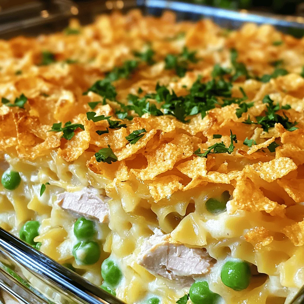 To make a classic tuna noodle casserole, you need these key ingredients: - 12 oz egg noodles - 2 cans (5 oz each) tuna in water, well-drained and gently flaked - 1 can (10.5 oz) cream of mushroom soup - 1 cup frozen peas, thawed - 1 cup shredded sharp cheddar cheese - 1 cup milk, preferably whole - 1 small onion, finely diced - 1 teaspoon garlic powder - 1 teaspoon freshly ground black pepper - 1 teaspoon salt - 1 cup crushed potato chips or seasoned breadcrumbs for a crunchy topping - 2 tablespoons olive oil or melted butter for greasing You can make your casserole even better with some extras. Try adding: - Additional vegetables like bell peppers or carrots - Fresh herbs such as parsley or dill - Spices like paprika or cayenne for a kick If you have dietary needs, here are some swaps: - Use gluten-free noodles to keep it gluten-free - Try a dairy-free cream soup for a lactose-free option - Substitute almond milk for a lighter, dairy-free choice Feel free to explore these options to make the dish your own. For the full recipe, check out [Full Recipe]. First, preheat your oven to 350°F (175°C). This makes sure it's hot and ready. Next, boil some salted water in a large pot. Add the egg noodles and cook them until they are just right, or al dente. This usually takes about 7 to 9 minutes. Once done, drain the noodles well and set them aside. In a large mixing bowl, combine the flaked tuna, cream of mushroom soup, thawed peas, shredded cheddar cheese, milk, and diced onion. Add garlic powder, black pepper, and salt to this mix. Use a strong spoon to stir everything together. You want all the ingredients to blend well, creating a creamy and tasty mixture. Now, gently fold the cooked egg noodles into the tuna mix. Make sure each noodle gets coated, but be careful not to break them. Next, take a 9x13 inch baking dish and grease it with olive oil or melted butter. Pour the tuna noodle mixture into the dish and spread it out evenly. For a crunchy topping, sprinkle crushed potato chips or seasoned breadcrumbs all over the top. Place the dish in the oven and bake for about 25 to 30 minutes. Look for bubbling around the edges and a nice golden brown on top. When it's done, take it out and let it cool for a few minutes before serving. Feel free to check the Full Recipe for more details! To get a creamy texture in your tuna noodle casserole, use whole milk. This helps make the dish rich and smooth. Mix the cream of mushroom soup well with the milk. It should blend easy. If your casserole is too dry, add a little more milk before baking. This keeps the noodles soft and moist. Prep your ingredients ahead of time. Chop the onion and thaw the peas the night before. Use canned tuna to cut down on cooking time. You can also use pre-cooked egg noodles. This makes dinner quick on busy nights. Simply mix and bake, and you’re set! Serve the casserole straight from the dish for a cozy feel. To make it look nice, sprinkle fresh herbs on top. Chopped parsley or chives works well. Pair it with a crisp side salad for a fresh taste. This balances the richness of the casserole. For the full recipe, refer to the section above. {{image_4}} You can make this dish lighter by swapping out some ingredients. Use low-fat cream of mushroom soup instead of the regular kind. You can also choose whole wheat egg noodles for more fiber. Adding more veggies is a great way to boost nutrition. Try mixing in broccoli, bell peppers, or carrots. These will add color and taste. A veggie-packed version is not just healthy; it’s fun and vibrant! Take your casserole on a world tour by adding unique flavors. For a Mexican twist, mix in some salsa and black beans. Top it with jalapeños and a sprinkle of cilantro. If you prefer an Italian vibe, add Italian herbs and a bit of marinara sauce. You can even use Parmesan cheese instead of cheddar. These international twists will surprise your family and friends! Kids love fun shapes and colors. You can use fun pasta shapes instead of egg noodles. Another idea is to include their favorite veggies, like sweet corn or spinach. Adding cheese in the shape of stars or hearts will make them smile. This way, you create a meal that’s not only tasty but also playful and engaging! To keep your tuna noodle casserole fresh, store it properly. First, let the casserole cool down after baking. You can place it in an airtight container. If you want to store it in the baking dish, cover it tightly with plastic wrap or foil. If you want to freeze it, make sure to use a freezer-safe container. The casserole can last up to three months in the freezer. When it’s time to enjoy leftovers, reheat your casserole carefully. The best method is to use your oven. Preheat it to 350°F (175°C). Place the casserole in an oven-safe dish and cover it with foil. Heat for about 20 minutes. This method helps keep the texture and taste. You can also use a microwave for quicker reheating. Just place a single portion on a microwave-safe plate and heat for one to two minutes. Stir halfway to ensure even warming. Leftovers will last in the fridge for about three to four days. If you freeze the casserole, it will hold its quality for up to three months. After thawing, eat it within three days for the best taste. Always check for any off smells or changes in texture before eating. For the full recipe, refer to the earlier sections of this article. Yes, you can use fresh tuna. Just cook it first. Grill or sear the tuna until it's flaky. Then, chop it into bite-sized pieces. Fresh tuna adds a great taste. It also gives a nice texture to the casserole. Just remember, fresh tuna may need seasoning. Yes, you can prepare this casserole ahead. Assemble it, but do not bake it yet. Cover it tightly and store it in the fridge for up to 24 hours. When you are ready to eat, bake it as directed. You can also freeze it for longer storage. Just wrap it well and freeze before baking. When you want it, thaw overnight in the fridge and bake. This casserole pairs well with many sides. A fresh green salad adds crunch and color. You can also serve steamed veggies like broccoli or carrots. If you want something lighter, try a simple coleslaw. For a heartier meal, add garlic bread or dinner rolls. These sides balance the creamy casserole nicely. For more ideas, check out the Full Recipe. This blog post covers everything you need for a great tuna noodle casserole. We looked at key ingredients like egg noodles and cheese, plus options for add-ins. I shared tips to ensure a creamy dish and save time during busy nights. You can even explore healthy versions and fun variations for kids. Proper storage and reheating tips help you enjoy leftovers too. With these insights, you can make a delicious meal that fits your needs and tastes.