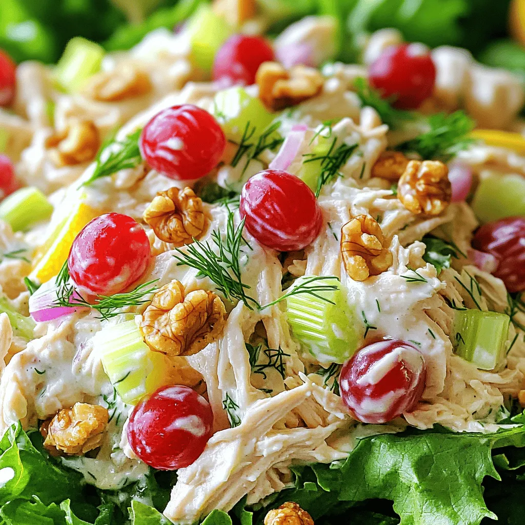 - 2 cups cooked chicken breast, shredded - 1 cup plain Greek yogurt - 1/4 cup mayonnaise (optional) - 1/2 cup celery, finely chopped - 1/2 cup red grapes, halved - 1/4 cup walnuts, chopped - 1/4 cup red onion, finely chopped - 2 tablespoons fresh dill, chopped - 1 tablespoon lemon juice - Salt and pepper to taste Greek yogurt is a great choice for this salad. It has fewer calories than mayonnaise. One cup of Greek yogurt has about 100 calories and lots of protein. This makes it a healthy option. Greek yogurt also provides probiotics, which help your gut. In contrast, traditional mayonnaise is high in fat and calories. A single tablespoon of mayonnaise can have around 90 calories. By choosing Greek yogurt, you enjoy a creamy texture with less guilt. You can feel good about this meal while enjoying its taste. This Greek yogurt chicken salad is not just tasty; it’s also good for you. It balances protein from chicken and healthy fats from walnuts. Plus, the fruits and veggies add vitamins and crunch. For the full recipe, check the earlier section. Gather all your ingredients and tools first. You will need a large mixing bowl, a spatula, and measuring cups. For this recipe, use: - 2 cups cooked chicken breast, shredded - 1 cup plain Greek yogurt - 1/4 cup mayonnaise (optional) - 1/2 cup celery, finely chopped - 1/2 cup red grapes, halved - 1/4 cup walnuts, chopped - 1/4 cup red onion, finely chopped - 2 tablespoons fresh dill, chopped - 1 tablespoon lemon juice - Salt and pepper to taste In your mixing bowl, add the shredded chicken. Pour the Greek yogurt over the chicken. If you want it creamier, add the mayonnaise. Mix until all chicken pieces are coated well with the yogurt. Now, add the chopped celery, halved red grapes, chopped walnuts, red onion, and dill to the bowl. Use a spatula to gently fold these ingredients into the mixture. It’s important to fold, not stir hard, to keep the grapes and walnuts intact. For mixing, a large glass or ceramic bowl works best. These materials do not react with the ingredients and help maintain temperature. You can serve the Greek yogurt chicken salad in various ways. Try it on a bed of mixed greens for a fresh touch. It also works great as a filling for sandwiches or wrapped in lettuce leaves for a low-carb option. For presentation, add a sprig of fresh dill on top. A sprinkle of additional walnuts can give it an attractive crunch. These small touches make your dish look as good as it tastes. For a tasty twist, try different yogurt flavors. Use honey or vanilla yogurt for a hint of sweetness. You can also swap in Greek yogurt with herbs for a new taste. Adding spices like paprika or garlic powder brightens the salad. Fresh herbs, like parsley or cilantro, lend a fresh touch, too. To keep your chicken salad creamy, avoid too much moisture. If you find it too wet, add more Greek yogurt to balance it out. For crunch, toss in some chopped nuts or seeds. Almonds or sunflower seeds work great. You can even add crispy veggies like bell peppers or cucumbers to enhance the texture. Prep your ingredients ahead of time. Chop celery and grapes a day before. Store them in airtight containers. This makes assembly quick and easy. You can also use leftover chicken from dinner. It cuts down your cooking time significantly. Just shred it and mix it in. For the full recipe, check the detailed steps above. {{image_4}} You can make Greek yogurt chicken salad lighter and healthier. Here’s how: - Lower calorie adaptations: Swap the mayonnaise for extra Greek yogurt. This keeps it creamy with fewer calories. - Gluten-free and dairy-free variations: Use lactose-free yogurt and gluten-free bread or lettuce wraps. This way, everyone can enjoy the meal. Get creative with your chicken salad by adding different flavors: - Adding fruits and veggies: Toss in diced apples or shredded carrots for a sweet crunch. You can also add chopped spinach for extra nutrients. - International twists: Try adding olives, feta cheese, and a drizzle of olive oil for a Mediterranean vibe. It gives the dish a unique taste. Meal prepping makes life easier! Here are some tips: - Storing in the refrigerator: Keep your Greek yogurt chicken salad in an airtight container. It stays fresh for up to four days. - Suggestions for freezing portions: Freeze individual servings in plastic containers. This way, you can grab a portion anytime for a quick meal. For the full recipe, check out the detailed steps above. Enjoy experimenting with these variations! Store your Greek yogurt chicken salad in an airtight container. This keeps it fresh longer. If you cover it well, it can last about 3 to 4 days in the refrigerator. Always check for any signs of spoilage before eating. If you see any changes in color or smell, it’s best to throw it away. You can freeze Greek yogurt chicken salad, but it may change in texture. To freeze it, use a freezer-safe container and leave some space at the top. When you are ready to use it, thaw it in the fridge overnight. Once thawed, mix it well to restore some creaminess before serving. Look for signs that your chicken salad is no longer fresh. If it smells off, has a strange color, or shows mold, don’t eat it. Always handle meat-based salads with clean hands and utensils to prevent germs. Following safe food handling tips helps keep your meals safe and tasty. Can I use rotisserie chicken for this recipe? Yes, rotisserie chicken works great! It saves time and adds flavor. Just shred it before mixing with the yogurt. How long can I store Greek yogurt chicken salad? You can store it in the fridge for about 3 to 5 days. Make sure it’s in an airtight container. Is Greek yogurt healthier than mayonnaise? Yes, Greek yogurt is often healthier. It has less fat and more protein than mayonnaise. Plus, it offers probiotics for gut health. Can I use a dairy-free yogurt alternative? Absolutely! You can use almond, coconut, or soy yogurt. Just choose a plain variety for the best taste. What can I serve with Greek yogurt chicken salad? This salad pairs well with mixed greens, whole grain bread, or lettuce wraps. You can also enjoy it with crackers or fresh veggies. Is this recipe suitable for meal prep? Yes, it’s perfect for meal prep! You can make it ahead and pack it in individual containers for easy lunches. This blog post covered how to make a healthy and tasty Greek yogurt chicken salad. You learned about the main and additional ingredients, along with step-by-step instructions to mix them well. We explored ways to enhance flavors, improve textures, and save time. Finally, we discussed various storage methods and answered common questions. Try this recipe for a quick meal and enjoy its light, fresh taste. Stay creative by adding your own twists!