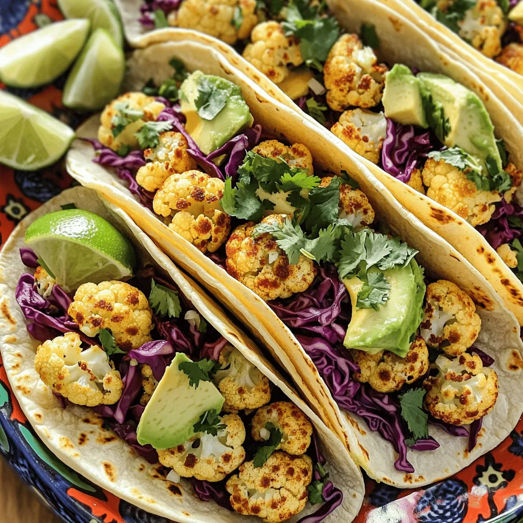 To make roasted cauliflower tacos, you need a few simple items. Here’s what you need: - 1 medium head of cauliflower, cut into bite-sized florets - 2 tablespoons extra virgin olive oil - 8 small corn tortillas - 1 cup red cabbage, finely shredded - 1 ripe avocado, sliced into thin pieces - 1/4 cup fresh cilantro, roughly chopped - Lime wedges, for garnishing These ingredients make the tacos tasty and healthy. The cauliflower gives a nice texture. The tortillas wrap it all together. The spices are crucial for flavor. You will need: - 1 teaspoon smoked paprika - 1 teaspoon ground cumin - 1 teaspoon garlic powder - 1 teaspoon chili powder - Sea salt and freshly cracked black pepper, to taste These spices add warmth and depth. The smoked paprika gives a nice smoky flavor. The cumin enhances the taste, making it rich and savory. Toppings can make your tacos special. You can use: - Shredded red cabbage for crunch - Sliced avocado for creaminess - Fresh cilantro for brightness - Optional: your favorite hot sauce for an extra kick These toppings add color and flavor. The cabbage adds crunch, while the avocado brings creaminess. A squeeze of lime juice brightens everything up. For more details, check out the Full Recipe. Start by preheating your oven to 425°F (220°C). This high heat will make the cauliflower crispy. Line a baking sheet with parchment paper. This helps with easy cleanup later. Now, let’s get the cauliflower ready. Cut one medium head of cauliflower into bite-sized florets. Make sure they are all similar in size for even cooking. In a large bowl, mix the cauliflower florets with two tablespoons of extra virgin olive oil. Add one teaspoon each of smoked paprika, ground cumin, garlic powder, and chili powder. Toss in some sea salt and black pepper to taste. Mix well until all the florets are coated. Spread the cauliflower evenly on the baking sheet. Roast for 25-30 minutes. Stir halfway to get that golden-brown color. While the cauliflower roasts, heat a dry skillet over medium heat. Place your corn tortillas in the skillet, warming them for about 30 seconds on each side. This step makes them soft and easy to fold. Once your cauliflower is roasted and your tortillas are warm, it’s time to assemble your tacos. Just follow the [Full Recipe] for the complete process! To get the best flavor from your cauliflower, follow these simple steps. First, ensure you cut the cauliflower into even florets. This helps them cook at the same rate. Next, always use enough olive oil and spices. This makes each bite tasty. Roast the cauliflower at 425°F (220°C) for 25-30 minutes. Halfway through, stir the florets for even browning. Look for a golden brown color and tender texture. These signs show that your cauliflower is perfectly roasted. When serving your roasted cauliflower tacos, think about balance. Start with a warm tortilla. Add a generous scoop of roasted cauliflower. Then, layer on your favorite toppings. Shredded red cabbage adds crunch. Slices of ripe avocado bring creaminess. Fresh cilantro gives a burst of flavor. For those who like it spicy, drizzle hot sauce on top. Serve with lime wedges for a zesty kick. This combination creates a satisfying meal for everyone. An appealing presentation makes any dish more exciting. Arrange the tacos on a bright platter. This highlights the colorful ingredients. You can garnish with extra cilantro and lime wedges. This adds a fresh touch. For a personal flair, consider adding small bowls of toppings. This way, guests can customize their tacos. A beautiful display not only excites the eyes but also the taste buds! Enjoy your tasty, vibrant meal. For the complete recipe, check the Full Recipe section. {{image_4}} You can change the toppings for your roasted cauliflower tacos. This makes each taco unique. Try adding sliced jalapeños for heat. Fresh salsa can give your tacos a bright flavor. You might want to add crumbled feta cheese for a salty bite. If you love creamy textures, try a drizzle of tahini or ranch dressing. The options are endless, so get creative! While cauliflower shines in these tacos, you can use other veggies too. Roasted sweet potatoes add sweetness and depth. Zucchini or bell peppers can bring a fresh crunch. If you want a meatier option, try mushrooms. They absorb flavors well and add a nice texture. Each veggie swap can change the taco's vibe and taste. These tacos are already vegan and gluten-free with small tweaks. Use gluten-free tortillas to keep them safe for everyone. If you want a creamier texture, try cashew cream instead of sour cream. This keeps it plant-based and yummy. With these options, everyone can enjoy these tasty tacos. For the full recipe, check out the details above! Store your leftover tacos in an airtight container. Place them in the fridge. They stay fresh for up to three days. If you want to keep them longer, consider separating the toppings. This helps maintain their crunch and flavor. To reheat your tacos, use an oven or a skillet. If using an oven, preheat to 350°F (175°C). Wrap the tacos in aluminum foil. Heat for about 10 minutes. If you prefer a skillet, warm it over medium heat. Add the tacos and heat for 3-4 minutes on each side. This keeps them crispy. You can freeze roasted cauliflower for later use. Let it cool completely first. Then, store it in a freezer-safe bag. Remove as much air as possible. Frozen cauliflower can last up to three months. When you’re ready to use it, thaw in the fridge overnight. Reheat as desired, and your meal is ready! For the full recipe, check out Roasted Cauliflower Tacos. You can easily make tacos with leftover roasted cauliflower. Start by warming the tortillas in a skillet. Then, fill each tortilla with the leftover cauliflower. Add your choice of toppings like shredded cabbage, avocado, and cilantro. Squeeze fresh lime juice on top for extra flavor. This method makes for a quick and tasty meal. Yes, you can prepare roasted cauliflower ahead of time. Roast the cauliflower, then let it cool completely. Store it in an airtight container in the fridge. It will stay fresh for about three days. When you’re ready to eat, just reheat the cauliflower in the oven or microwave. This saves you time on busy days. Roasted cauliflower tacos pair well with various side dishes. Here are some ideas: - Black beans seasoned with lime and cilantro - Corn salad with tomatoes and avocado - Simple green salad with a light vinaigrette - Mexican rice flavored with garlic and herbs These sides add color and flavor, making your meal even more satisfying. For the full recipe, check out the detailed instructions above. Roasted cauliflower tacos are tasty and easy to make. We discussed key ingredients, spices, and toppings that enhance flavor. I shared step-by-step instructions to help you roast cauliflower perfectly. We also explored tips for serving and presenting your tacos. You can customize these tacos with many toppings or swap out vegetables. Lastly, I covered how to store leftovers and answered common questions. Enjoy making your tacos and have fun experimenting with your favorite flavors!