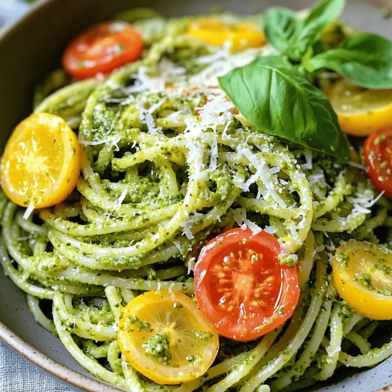 - 2 cups fresh basil leaves - 1/4 cup pine nuts, toasted for enhanced flavor - 1/2 cup grated Parmesan cheese - 2 garlic cloves, finely minced - 1/2 cup extra virgin olive oil - Juice and zest of 1 lemon - Salt and freshly cracked black pepper to taste - 12 oz pasta (spaghetti or your choice) - Cherry tomatoes, halved, for garnish - Fresh basil leaves, for garnish - Basil: This herb fights inflammation and supports digestion. It's rich in vitamins A and K. - Pine Nuts: Packed with healthy fats, they promote heart health and provide energy. - Parmesan Cheese: This cheese offers protein and calcium, helping to build strong bones. - Garlic: Known for its immune-boosting properties, garlic also aids heart health. - Olive Oil: A good source of healthy fats, it can lower bad cholesterol levels. - Lemon: High in vitamin C, lemon boosts immunity and enhances skin health. - Pasta: A great source of energy, pasta provides carbohydrates for fuel. - Cherry Tomatoes: These add vitamins A and C, plus antioxidants, to your meal. - Basil: Use spinach or arugula if fresh basil is not available. - Pine Nuts: Walnuts or sunflower seeds can work in place of pine nuts. - Parmesan Cheese: Nutritional yeast is a good dairy-free alternative. - Olive Oil: Avocado oil can be used as a substitute for olive oil. - Lemon: Lime juice can replace lemon juice for a different flavor. - Pasta: Zucchini noodles or gluten-free pasta can be used for a lighter option. Looking for the full recipe? Check the section above for all the details! To start, gather your ingredients. You will need fresh basil, toasted pine nuts, Parmesan cheese, and garlic. In a food processor, add the basil leaves, pine nuts, cheese, and garlic. Pulse this mix until it is finely chopped. Scrape the sides as needed for even blending. Next, add the juice and zest of one lemon. This adds a bright flavor. While blending, slowly drizzle in the olive oil. Keep blending until the pesto is creamy and smooth. Taste it and add salt and black pepper to your liking. Now, fill a large pot with water. Add a generous amount of salt. This helps the pasta taste great. Bring the water to a boil. Add your pasta and cook it according to the package instructions. Aim for an al dente texture. Before draining, reserve half a cup of pasta water in a bowl. Drain the pasta in a colander, but be careful not to rinse it. Rinsing removes the starch that helps the pesto stick. Return the drained pasta to the pot over low heat. Add your prepared pesto and mix well. Make sure every strand of pasta is coated. If it feels too thick, add a little of the reserved pasta water until you reach your desired consistency. Now, plate your beautiful pesto pasta. For a finishing touch, garnish with halved cherry tomatoes and fresh basil leaves. This not only looks good but also adds fresh flavor. Enjoy your Lemon Basil Pesto Pasta! For more details, check the Full Recipe. To make your lemon basil pesto pasta creamy, use the right amount of olive oil. Start with half a cup. Blend it slowly into the pesto mix. This helps create a silky texture. If it's too thick, add a bit of pasta water to loosen it. Remember, the water should be starchy from the cooked pasta. That starch helps bind the sauce to the noodles. Not all pasta works well with pesto. I recommend long pasta types. Spaghetti or fettuccine are great choices. They hold the pesto sauce nicely. You can also try whole wheat or gluten-free options if you prefer. The key is to pick pasta that can trap the sauce well. This will give you a burst of flavor in every bite. You can add extra flavor to your lemon basil pesto pasta. Try adding some sun-dried tomatoes for a sweet touch. A pinch of red pepper flakes can add heat if you like spice. You might also consider mixing in some chopped olives for briny goodness. Fresh lemon juice brightens the dish, so don't skip it! These enhancements make your meal even more exciting. For the full recipe, check the complete guide and enjoy your cooking adventure! {{image_4}} If you need a gluten-free meal, choose gluten-free pasta. Many brands offer great options like chickpea or brown rice pasta. These choices work well with lemon basil pesto. They give a nice taste and texture. Cook them just like regular pasta. This keeps your dish light and friendly for everyone. For a vegan twist, skip the Parmesan cheese. You can use nutritional yeast instead. It gives a cheesy flavor without dairy. You can also try blending in a handful of cashews. This adds a creamy touch to your pesto. Your vegan lemon basil pesto will still taste amazing. You can make this dish even better by adding seasonal ingredients. In spring, toss in some fresh peas or asparagus. Both add great color and crunch. In summer, try adding ripe cherry tomatoes. They bring sweetness and juicy bites. In fall, roasted butternut squash pairs well with the pesto. It adds warmth and a hint of sweetness. Mixing in these seasonal treats keeps your meals exciting and fresh. For the complete recipe, check the Full Recipe section above. To store leftover pesto pasta, let it cool to room temperature. Place it in an airtight container. Seal it tightly to keep out air. Store the container in the fridge for up to three days. This helps keep the flavors fresh. When ready to eat, you can add a little olive oil to restore moisture. If you want to freeze pesto, first prepare it as normal. Pour the pesto into ice cube trays. This way, you can use small amounts later. Once frozen, transfer the cubes to a freezer bag. Seal the bag and label it with the date. You can store it for up to six months. This method preserves the bright flavor of basil. To reheat your pesto pasta, start by adding a splash of water or olive oil in a pan. Heat it over low heat. Stir gently to warm it up without cooking it further. You can also use the microwave. Place the pasta in a microwave-safe bowl. Add a bit of water, cover it, and heat in short bursts. Check often to avoid overheating. For best results, serve it right after reheating. Enjoy the fresh flavors of your Lemon Basil Pesto Pasta! You can serve Lemon Basil Pesto Pasta with many tasty sides. A green salad adds freshness. Garlic bread pairs well and enhances the meal. You could also serve grilled chicken or shrimp for protein. For a light touch, add roasted vegetables. Each of these options complements the bright flavors of the pesto. Homemade pesto lasts about 5 to 7 days in the fridge. Store it in an airtight container to keep it fresh. You can also drizzle a thin layer of olive oil on top to help preserve its color and flavor. If you want it to last longer, freeze it in ice cube trays. This way, you can use small amounts as needed. You can use dried basil, but the flavor will change. Fresh basil has a bright, vibrant taste that dried basil lacks. If you use dried basil, use less than you would fresh. A good rule is to use one-third the amount. This way, you still get a nice flavor without it being overpowering. This guide covers everything you need for making delicious Lemon Basil Pesto Pasta. We explored the best ingredients and their health benefits. You also learned how to cook, combine, and enhance flavors. I shared options for gluten-free and vegan diets, plus tips for storage and reheating. In the end, enjoy this tasty dish however you like. Experimenting with variations keeps the meal fresh and exciting.