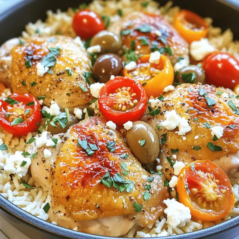 - 4 boneless, skinless chicken thighs - 1 cup jasmine rice - 2 cups chicken broth - 1 medium onion, diced - 3 cloves garlic, minced - 1 teaspoon dried oregano - 1 teaspoon dried thyme - 1 teaspoon paprika - Salt and pepper to taste - 1 cup cherry tomatoes, halved - 1/2 cup Kalamata olives, pitted and sliced - 1/2 cup feta cheese, crumbled - 2 tablespoons olive oil One Pot Greek Chicken and Rice is a joy to make. Each ingredient shines in this dish. Chicken thighs give rich flavor and stay juicy. Jasmine rice adds a lovely texture. The chicken broth ties everything together, making it comforting. For aromatics, onion and garlic are key. They build a strong base. Use fresh onion and garlic for the best taste. The dried herbs add depth. Oregano brings warmth, while thyme adds a hint of earthiness. Paprika gives a subtle smokiness. Don't forget salt and pepper; they enhance all the flavors. The cherry tomatoes burst with freshness. They balance the dish with a sweet note. Kalamata olives offer a briny contrast. Feta cheese brings creaminess and tang. Olive oil adds richness. Each bite is a celebration of Greek flavors. You can find the full recipe above to guide you in creating this tasty meal. Enjoy the process and the delightful tastes! Start by browning the chicken thighs. Heat olive oil in a large pot over medium heat. Season both sides of the chicken with salt, pepper, and paprika. When the oil is hot, add the chicken thighs. Cook for about 5 minutes on each side until they turn golden brown. Once done, remove the chicken and cover it to keep warm. Next, cook the aromatics. In the same pot, add the diced onion. Sauté it for about 3 to 4 minutes. You want the onion to become soft and translucent. After that, add the minced garlic. Cook for an additional minute, stirring often. The garlic should become fragrant. Now it’s time to make the rice mixture. Stir in the jasmine rice. Toast the rice for 1 to 2 minutes. This step brings out a lovely flavor. Then, pour in the chicken broth. Return the browned chicken thighs to the pot. Sprinkle dried oregano and thyme evenly over everything. Finally, simmer the dish. Increase the heat to bring the pot to a gentle boil. Once boiling, reduce the heat to low. Cover the pot and let it simmer for 20 to 25 minutes. This timing helps the rice become tender and absorb all the liquid. For a full recipe, check the details above. To make your One Pot Greek Chicken and Rice shine, seasoning is key. Enhance the flavor by adding a squeeze of lemon juice. This brightens the dish and adds a nice zing. You can also try using fresh herbs instead of dried ones. Fresh oregano and thyme give a vivid taste. Resting time is important. After cooking, let the dish sit for about five minutes. This allows the flavors to blend together nicely. It makes a big difference in taste. Not everyone likes browning chicken. You can skip this step if you want. Just add the chicken directly to the rice mixture. It will still cook through and stay juicy. Controlling the cooking temperature is vital. Keep the heat on low once you cover the pot. This helps the rice cook evenly. If the heat is too high, you risk burning the bottom. Garnishing with fresh parsley makes the dish pop. Sprinkle some on top just before serving. This adds color and freshness to your meal. For serving, consider warm pita bread on the side. It’s great for scooping up the chicken and rice. You can also drizzle a bit of olive oil on top. This adds richness and flavor to every bite. For the full recipe, check out the included details. {{image_4}} You can switch up the protein in One Pot Greek Chicken and Rice to suit your taste. Chicken thighs offer great flavor, but chicken breasts work too. They are leaner and still tasty. If you want something different, try shrimp. They cook fast and add a nice touch. Tofu is a great choice for a vegan option. Just make sure to press it well to remove extra moisture. You can use different grains for this dish. Brown rice is a healthy choice. It takes longer to cook, about 40-45 minutes, so adjust your time. Couscous is another quick option. You only need to add it to the broth and let it sit for about 5 minutes. This gives you a fluffy texture that pairs well with the chicken and veggies. Adding vegetables makes this dish even better. Bell peppers add sweetness and color. You can toss them in with the onions. Spinach is another great option. Add it at the end so it wilts nicely. Feel free to get creative with seasonal veggies like zucchini or asparagus. They all enhance the flavor and nutrition of your meal. For the full recipe, check the link above. After you finish your meal, let the dish cool down. Place the chicken and rice in an airtight container. Store it in the fridge for up to four days. This keeps the dish fresh and tasty. To reheat, use a microwave or a stovetop. If using the microwave, heat for two to three minutes. Stir halfway to warm it evenly. On the stovetop, add a splash of broth and heat over low. This method helps keep the rice moist and the flavor intact. You can freeze One Pot Greek Chicken and Rice too. Place the cooled dish in a freezer-safe container. It will last for about three months in the freezer. When you want to eat it, take it out and thaw it overnight in the fridge. To reheat, follow the same stovetop method as before. Enjoy your meal later! One Pot Greek Chicken and Rice takes about 40 minutes in total. You spend around 10 minutes getting everything ready. Cooking the dish takes about 30 minutes. This includes browning the chicken and simmering the rice. Yes, you can make this dish ahead of time. Cook it fully and let it cool. Store it in an airtight container. It can last in the fridge for about 3 days. To reheat, just warm it in a pot or microwave. You can serve this dish with a few tasty sides. Try warm pita bread to soak up the flavors. A simple Greek salad pairs well too. Pair it with a glass of crisp white wine or iced tea for a refreshing drink. To make this dish healthier, you can swap out some ingredients. Use brown rice instead of jasmine rice for more fiber. You can also use skinless chicken breasts instead of thighs. Add more veggies like bell peppers or spinach for extra nutrients. This blog post covered how to make One Pot Greek Chicken and Rice. We explored the key ingredients like chicken thighs, jasmine rice, and flavorful herbs. You learned step-by-step instructions, including how to brown the chicken and cook the rice perfectly. To enhance your meal, I shared tips for flavor and presentation. You can also try protein and vegetable variations for a twist. Remember to store leftovers properly for later enjoyment. With these insights, you can create a delicious, hearty dish any time. Enjoy cooking!