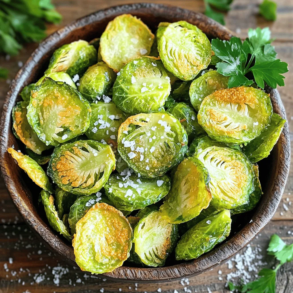 To make crispy Brussel sprout chips, you need just a few key items: - 1 lb Brussels sprouts - 2 tablespoons olive oil - 1 teaspoon garlic powder - 1 teaspoon smoked paprika - 1/2 teaspoon sea salt - 1/4 teaspoon black pepper - 1/4 teaspoon cayenne pepper (optional) - 1 tablespoon nutritional yeast These ingredients create a tasty and crunchy snack. The Brussels sprouts are the main star. Olive oil helps them crisp up, while spices add flavor. You can customize your chips with extra seasonings. Here are some ideas: - Parmesan cheese for a nutty taste - Lemon zest for brightness - Chili powder for extra heat - Herbs like thyme or rosemary for earthiness Feel free to experiment with flavors. This is your chance to make them unique. Brussels sprouts are a superfood. They are low in calories and high in vitamins. Here are some benefits: - Rich in fiber for easy digestion - High in vitamins C and K - Contains antioxidants that help fight disease By making crispy Brussel sprout chips, you enjoy a tasty snack that is also good for you. Plus, they are simple to make. Check out the Full Recipe for details! To make perfect crispy Brussels sprout chips, start with fresh sprouts. Wash them well under cold water. This step removes any dirt or grit. After washing, dry them gently using a clean towel. Next, trim the hard ends off and remove any yellow leaves. This keeps your chips tasty and fresh. Now, slice each Brussels sprout in half lengthwise. Cutting them this way helps them crisp up nicely in the oven. Preheat your oven to 375°F (190°C). A hot oven helps create that crunchy texture we all love. After slicing the sprouts, place them in a large bowl. Add olive oil, garlic powder, smoked paprika, sea salt, black pepper, and optional cayenne pepper. Toss to coat them evenly. Next, line a baking sheet with parchment paper. This makes cleanup easy. Lay the seasoned Brussels sprouts cut side down in a single layer. Bake them for 20-25 minutes. Remember to flip them halfway through. This ensures even cooking and crispy edges. Once your chips are golden and crispy, take them out of the oven. While they are still hot, sprinkle nutritional yeast on top. This gives a cheesy flavor without dairy. For added fun, try different spices or herbs. You can also add a squeeze of lemon juice for a fresh burst. Serve your crispy Brussels sprout chips in a vibrant bowl. They make a delightful snack or a crunchy side. Enjoy your tasty creation! For the full recipe, check out the full recipe section. Seasoning is key for tasty Brussels sprout chips. Use fresh herbs and spices to make them pop. I love using garlic powder and smoked paprika for depth. Don't forget to coat all the sprouts evenly. This helps every chip burst with flavor. You can also adjust seasonings to fit your taste. Add more cayenne for heat or nutritional yeast for a cheesy flavor. To get your chips crispy, start with dry Brussels sprouts. Wash them well and pat them dry. The oil needs to coat each sprout to help with crispiness. Bake them cut side down to maximize air flow. This allows them to crisp up evenly. Flip them halfway during baking for perfect texture. One common mistake is overcrowding the baking sheet. Give the sprouts space to breathe. If they are too close, they will steam instead of crisp. Another mistake is not preheating the oven. A hot oven ensures the chips bake evenly. Lastly, skip the salt until after baking. Salt draws out moisture, which can lead to soggy chips. For the full recipe, check out the Crispy Brussels Sprout Chips recipe. {{image_4}} You can mix up the flavors of your Brussels sprout chips easily. Try adding different spices for a unique taste. Here are some fun ideas: - Lemon Zest: Add a bright touch with fresh lemon zest. - Curry Powder: Give your chips an exotic twist with curry powder. - Cheese Powder: Sprinkle cheese powder for a cheesy kick. - Herbs: Use dried herbs like thyme or rosemary for a fresh aroma. - Sesame Oil: Swap olive oil for sesame oil for a nutty flavor. Each variation can bring new life to this simple snack. Crispy Brussels sprout chips are great on their own, but pairing them boosts the fun. Here are some ideas: - Dips: Serve with hummus or a spicy yogurt dip. - Salads: Toss them into salads for a crunchy topping. - Cheese Platter: Add them to a cheese platter for extra texture. - Burgers: Use them as a side with burgers or sandwiches. - Movie Night: Enjoy them as a healthy snack during movie night. These options make your chips more versatile and exciting. If you don’t have certain ingredients, don’t worry! You can use these substitutions: - Olive Oil: Swap with avocado oil or melted coconut oil. - Garlic Powder: Use fresh minced garlic if you prefer. - Sea Salt: Regular table salt works well if you don’t have sea salt. - Nutritional Yeast: Try grated Parmesan cheese for a different flavor. - Cayenne Pepper: Omit it if you want a milder taste. These substitutions keep your crispy Brussels sprout chips tasty and fun! For the complete guide, check the Full Recipe. To keep your leftover chips fresh, place them in an airtight container. This helps prevent moisture from making them soggy. Store them at room temperature, away from direct sunlight. They should stay crispy for about 2 days. If you put them in the fridge, they may lose their crunch. When you want to enjoy your leftover chips again, reheating is key. Preheat your oven to 350°F (175°C). Spread the chips on a baking sheet in a single layer. Bake for about 5-10 minutes until they are hot and crispy again. This method helps restore their crunch and flavor. Avoid the microwave, as it can make them chewy. If you want to save your chips for longer, freezing is a great option. First, let the chips cool completely. Then, place them in a freezer-safe bag or container. Remove as much air as possible to avoid freezer burn. They can last up to 3 months in the freezer. When you're ready to eat them, simply reheat from frozen using the oven method. This way, you’ll enjoy crispy chips even after a long time! To make the best crispy Brussel sprout chips, start by preheating your oven to 375°F. Clean and dry the sprouts well. Trim the ends and slice each sprout in half. Toss them with olive oil and seasonings. Spread them in a single layer on a baking sheet. Bake for 20-25 minutes, flipping halfway. Keep an eye on them to avoid burning. For an extra flavor boost, sprinkle on nutritional yeast right after baking. Using frozen Brussels sprouts is possible, but fresh ones work best. Frozen sprouts contain more moisture. This moisture can make it hard to get them crispy. If you use frozen, thaw and dry them well before baking. Always remember to slice them in half for even cooking. Brussel sprouts are not only tasty; they are also very healthy. They are low in calories and high in fiber. They contain vitamins C and K, which help your body. These sprouts also have antioxidants that support your immune system. Eating them can improve digestion and lower blood sugar levels too. Crispy Brussel sprout chips are best enjoyed fresh. However, if you have leftovers, store them in an airtight container. They can last for about 2-3 days. To keep them crispy, avoid sealing them while they are still warm. You can reheat them in the oven for a few minutes to regain their crunch. For the full recipe, check out the Crispy Brussels Sprout Chips section. Crispy Brussels sprout chips are delicious and easy to make. You learned about the main ingredients, steps, and tips for perfect chips. We explored tasty variations and how to store your leftovers. These chips offer great health benefits, making them a smart snack. Now you can enjoy a tasty treat that's fun to make and healthy. Happy cooking!