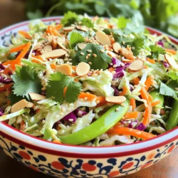 - 4 cups green cabbage, finely shredded - 2 cups red cabbage, finely shredded - 1 large carrot, grated - 1 red bell pepper, thinly julienned - 1 cup snap peas, trimmed and halved - 1/4 cup green onions, finely chopped - 1/4 cup fresh cilantro, chopped - 1/4 cup almonds, toasted and roughly chopped - 1/4 cup sesame seeds, toasted - 1/4 cup rice vinegar - 2 tablespoons soy sauce - 2 tablespoons sesame oil - 1 tablespoon maple syrup - 1 teaspoon fresh ginger, grated - 1 clove garlic, minced - Salt and pepper to taste This Crunchy Asian Slaw is all about fresh flavors and crisp textures. The mix of green and red cabbage creates a lovely color contrast. The grated carrot adds sweetness, while the red bell pepper brings a nice crunch. Snap peas give a pop of freshness, and green onions and cilantro add a bright zing. For toppings, toasted almonds and sesame seeds boost the crunch factor. These ingredients are not just tasty; they also provide healthy fats and protein. Now, let’s talk dressing. The combo of rice vinegar, soy sauce, and sesame oil makes a rich and tangy flavor. Maple syrup adds a hint of sweetness that ties everything together. Fresh ginger and minced garlic add warmth and depth. Just a bit of salt and pepper rounds it out perfectly. You can find the full recipe [here](#). This salad is a great side dish or light meal. Enjoy the vibrant colors and flavors! - First, gather all your fresh vegetables. Use 4 cups of finely shredded green cabbage, 2 cups of finely shredded red cabbage, 1 large grated carrot, and 1 thinly julienned red bell pepper. - Next, add 1 cup of trimmed and halved snap peas, 1/4 cup of finely chopped green onions, and 1/4 cup of chopped fresh cilantro into a large mixing bowl. - Use your hands or salad tongs to gently toss the vegetables together until they are well mixed. This step is key for even flavor in your salad. - In a separate bowl, whisk together the dressing ingredients. Combine 1/4 cup of rice vinegar, 2 tablespoons of soy sauce, and 2 tablespoons of sesame oil. - Add 1 tablespoon of maple syrup, 1 teaspoon of grated fresh ginger, and 1 clove of minced garlic. Season the mixture with salt and pepper to taste. - Whisk until everything blends well. The aroma should be fresh and enticing. - Drizzle the dressing over the slaw mixture. Toss thoroughly to ensure every vegetable gets coated. This will boost the flavor of your slaw. - Let the slaw rest for at least 15 minutes at room temperature. This wait helps the flavors meld together and lets the vegetables soften slightly. - Just before serving, add 1/4 cup of toasted almonds and 1/4 cup of toasted sesame seeds. These toppings give the slaw its signature crunch. - For a stunning look, serve your colorful slaw in a large bowl or platter. Finish with an extra sprinkle of sesame seeds and a few fresh cilantro sprigs. This makes it inviting for everyone to enjoy! - Allowing Resting Time: Let the slaw sit for at least 15 minutes. This helps the flavors blend. The veggies soften a bit, making each bite tastier. - Using Fresh Ingredients: Always choose fresh vegetables. Crisp, bright produce makes the slaw pop with flavor. - Great Pairings with Meals: This slaw is perfect with grilled meats or fish. It adds crunch and freshness. Serve it with tacos or as a side to Asian dishes. - Ideal Occasions for Serving: This salad shines at picnics or barbecues. It is also great for potlucks and family gatherings. - Low-Sodium Soy Sauce: Swap regular soy sauce for low-sodium. This keeps the flavor while cutting back on salt. - Alternative Sweeteners: Use honey or agave syrup instead of maple syrup. This can lower calories and add unique flavors. For the full recipe, check out the Crunchy Asian Slaw. {{image_4}} You can change up your Crunchy Asian Slaw by adding more veggies. Try daikon or jicama for a nice crunch. They add a sweet and crisp flavor that pairs well with the slaw. You can also use fresh herbs like mint or basil for a fun twist. If you want a different nutty flavor, swap almonds for cashews. They bring a creamier taste and add richness. While the original dressing is tasty, you can explore other options. A peanut dressing gives a rich and creamy texture. Simply mix peanut butter with soy sauce, lime juice, and a bit of honey. For a nut-free choice, tahini works great too. It creates a smooth and tangy dressing. If you need vegan or gluten-free options, use tamari instead of soy sauce. You can also switch maple syrup for agave nectar to keep it vegan. Get creative with how you serve your slaw! You can use it as a filling for wraps. Just spoon the slaw onto a rice paper wrap and roll it up. It makes for a fun and fresh snack. You can also add it to grain bowls. It pairs beautifully with quinoa or brown rice. For sides, serve it with grilled chicken or fish to add protein. The slaw's crunch and zest balance the meal perfectly. You can find the full recipe for Crunchy Asian Slaw to try all of these variations! After you make your Crunchy Asian Slaw, refrigerate any leftovers. Keep it in an airtight container. This helps keep the slaw fresh and crisp. You can store it for up to three days. Freezing this slaw is not ideal. The veggies lose their crunch when thawed. If you must freeze it, use a freezer-safe bag. It will stay fresh for about one month. Watch for signs of spoilage. If the slaw smells sour or looks slimy, it's time to toss it. To keep the flavors and textures, eat it within a few days. Always check for freshness before enjoying your slaw. You can store Crunchy Asian Slaw in the fridge for about 3 days. To keep it fresh, use an airtight container. Make sure to keep the dressing separate until you are ready to serve. This way, the veggies stay crisp and tasty. Yes, you can make this slaw ahead of time! Just prepare the veggies and dressing separately. Mix them together a few hours before serving. This lets the flavors blend nicely. You can customize your slaw in many ways. Try adding: - Shredded carrots for extra crunch - Sliced radishes for a spicy kick - Avocado for creaminess - Grated daikon for a fresh taste Feel free to get creative with your favorite ingredients! Absolutely! This Crunchy Asian Slaw works great for meal prep. Portion it into containers for easy lunches. Just remember to keep the dressing separate until you are ready to eat. This keeps everything fresh and crisp. Yes, you can swap out some dressing ingredients. If you want a different flavor, use lime juice instead of rice vinegar. You can also try honey instead of maple syrup. Adjust the seasoning to your taste for the best results. For the full recipe, check out the Crunchy Asian Slaw section above! In summary, I covered how to make a tasty Crunchy Asian Slaw. We discussed the key ingredients, from fresh veggies to crunchy toppings. You learned how to prepare everything and create a flavorful dressing. I shared tips to enhance the taste and ideas for making it your own. Enjoy experimenting with different ingredients and serving styles. Following the storage tips ensures freshness for future meals. Keep this slaw in your recipe box for quick, healthy sides. Your next meal will be even better with this vibrant dish.