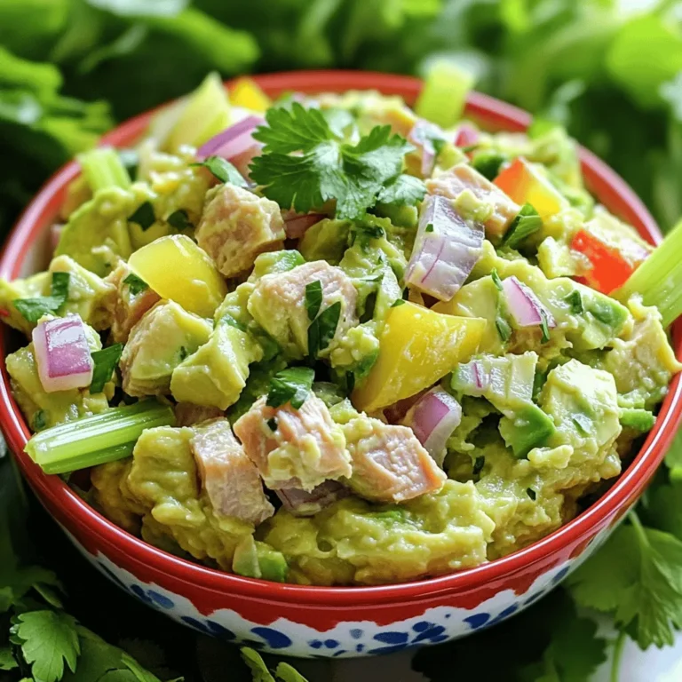 - 1 can (5 oz) tuna in water, drained - 1 ripe avocado, thoroughly mashed - 1/4 cup plain Greek yogurt - 1 tablespoon Dijon mustard - 1 tablespoon freshly squeezed lemon juice - 1/2 cup celery, finely chopped - 1/4 cup red onion, finely chopped - 1/4 cup bell pepper (any color), finely chopped - Salt and freshly cracked black pepper, to taste - Fresh parsley or cilantro, finely chopped, for garnish This healthy tuna salad is a great meal. It’s easy to make and packed with nutrients. Each ingredient plays a role in flavor and texture. The tuna gives protein and healthy fats. The avocado adds creaminess and more healthy fats. Greek yogurt replaces heavy mayo, making it lighter. I love adding fresh veggies like celery, onion, and bell pepper. They give crunch and flavor. You can adjust the veggies based on what you like. The lemon juice gives it a nice tang. Salt and pepper enhance all these tastes. When you prepare this salad, use the freshest ingredients. They make a big difference. For a delicious touch, garnish with parsley or cilantro. It adds color and freshness. You can find the full recipe [here](#). Enjoy making this tasty and nutritious meal! - Step 1: Combine tuna and avocado Start by opening your can of tuna. Drain it well and place it in a mixing bowl. Next, take your ripe avocado and mash it until smooth. Add the mashed avocado to the tuna. Use a fork to mix them together until they form a creamy blend. - Step 2: Add yogurt, mustard, and lemon juice Now it's time to add some flavor. Pour in 1/4 cup of plain Greek yogurt. Then add 1 tablespoon of Dijon mustard and 1 tablespoon of freshly squeezed lemon juice. Stir everything until the mixture is smooth and all ingredients are well mixed. - Step 3: Fold in vegetables Take your finely chopped celery, red onion, and bell pepper. Gently fold these into the tuna mixture. Be careful not to over-mix, as you want to keep the crunch from the veggies. This adds a great texture to your salad. - Step 4: Season to taste Next, it’s time to add a little bit of flavor. Sprinkle in some salt and freshly cracked black pepper. Taste the salad and adjust the seasoning if needed. If you like more tang, add a bit more lemon juice. - Step 5: Garnish and serve For the final touch, garnish your salad. Use freshly chopped parsley or cilantro to add color and flavor. Serve your tuna salad in multiple ways: on a bed of mixed greens, in crisp lettuce wraps, or as a filling for whole-grain sandwiches. For the full recipe, check out Zesty Avocado Tuna Salad 🥑. Enjoy your healthy and tasty creation! Achieving the perfect creaminess To get creamy tuna salad, you need to mix well. Start with the avocado since it has a smooth texture. When you blend it with the tuna, it creates a rich base. Greek yogurt adds extra creaminess without too many calories. Make sure to mash the avocado well for a smooth finish. Balancing flavors with herbs and spices Herbs and spices bring life to your tuna salad. Fresh parsley or cilantro adds a bright taste. Lemon juice gives it a tangy kick. Don't forget salt and pepper; they help enhance all the flavors. Experiment with other herbs like dill or chives for more depth. Keeping the salad crunchy Crunch is key to a great tuna salad! Chop the celery, bell pepper, and onion finely but not too small. This keeps them crisp. Add them last when mixing, so they stay crunchy. If you want more crunch, try adding chopped pickles or radishes. Check out the Full Recipe for step-by-step guidance! {{image_4}} You can make your healthy tuna salad even better with fun twists. Here are some ideas: - Adding extra vegetables: Try adding diced cucumbers, shredded carrots, or even sweet corn. These veggies add crunch and flavor. They also boost the nutrients in your salad. - Alternative proteins: Want to switch things up? Consider adding chickpeas or black beans. They are great for protein and add a different taste. Mixing in these legumes can make your salad heartier and more filling. - Dressing alternatives: Instead of Greek yogurt, you can use hummus or tahini. These options keep the salad creamy while adding extra flavor. You can also try a splash of vinegar or a squeeze of lime for a zesty kick. These simple changes can keep your healthy tuna salad exciting and new. For more ideas, check out the full recipe for Zesty Avocado Tuna Salad. To keep your tuna salad fresh, use an airtight container. Glass or plastic containers work well. These containers prevent air from getting in, which keeps your salad tasty. When refrigerating, place the salad in the fridge right after making it. This helps stop bacteria from growing. Never leave it out for more than two hours. Your tuna salad will stay fresh for about 3 days in the fridge. After that, it may spoil. Always check for any bad smells or changes in color before eating. If you want to save it longer, you can freeze it. However, freezing can change the texture. Thaw it in the fridge before serving. For the best taste, I recommend making it fresh or eating leftovers within a few days. For the full recipe, check out the Zesty Avocado Tuna Salad. It’s a great way to enjoy a healthy meal! Is tuna salad healthy? Yes, tuna salad is healthy! It offers lean protein from tuna. Avocado adds healthy fats, while Greek yogurt provides probiotics and creaminess. The veggies boost fiber and vitamins. Can I substitute avocado for mayonnaise? Absolutely! Avocado is a great swap for mayonnaise. It gives a creamy texture and adds nutrients. Plus, it has fewer calories and is heart-healthy. How many calories are in this tuna salad? This tuna salad has about 250 calories per serving. It varies based on portion size and ingredients. You can check the Full Recipe for exact details. What are the best side dishes to serve with tuna salad? Serve tuna salad with whole-grain crackers, mixed greens, or veggie sticks. You can also add fruits like apple slices or grapes for a sweet touch. Can I make this salad ahead of time? Yes, you can make this salad ahead of time! Store it in an airtight container in the fridge. It stays fresh for up to two days. Just give it a good stir before serving. This blog post shared a simple recipe for healthy tuna salad. You learned the key ingredients, step-by-step preparation, and useful tips. I offered creative ideas for variations and storage methods, too. Remember, this salad is not just tasty; it's also good for you. Trust these tips to make a great dish every time. Enjoy your cooking and feel proud of this healthy meal!