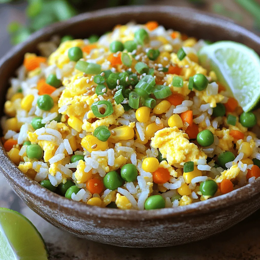 - 2 cups of cooked jasmine rice - 3 large eggs - 1 cup mixed vegetables (peas, carrots, corn) - 1 small onion, finely chopped - 2 cloves garlic, minced Egg fried rice is simple yet full of flavor. The base is jasmine rice, which gives a nice texture. Using day-old rice works best. It helps the dish stay fluffy. You will need three large eggs for richness. They add protein and a lovely color to the dish. Mixed vegetables like peas, carrots, and corn bring sweetness and crunch. Chop one small onion finely. The onion adds depth and a sweet flavor. Minced garlic enhances the taste, giving a warm aroma. - Freshly grated ginger - Additional garnishes (green onions, sesame seeds) - Lime wedges for serving You can add freshly grated ginger for a spicy kick. It brightens the dish with a fresh note. Green onions make a great garnish. They add color and taste. Sesame seeds give a nice crunch on top. Lime wedges on the side bring a zesty flavor. Squeezing lime over the rice just before eating is a game changer. For the full recipe, check out the entire guide. It walks you through each step to create this tasty meal. Heat 1 tablespoon of vegetable oil in a large skillet or wok over medium heat. You want the oil hot, but not smoking. Add 1 small, finely chopped onion and 2 cloves of minced garlic to the pan. Sauté for about 2-3 minutes until the onion looks translucent and smells great. Once the onion and garlic are ready, push the mixture to one side of the skillet. Crack 3 large eggs into the cleared space. Scramble the eggs gently with a spatula until they are fully cooked, which takes about 1-2 minutes. Mix the cooked eggs back with the onion and garlic. Now, add 1 cup of mixed vegetables, like peas, diced carrots, and corn, to the skillet. Stir everything together and let it cook for another 3-4 minutes until the vegetables are warm and tender. Next, add 2 cups of cooked jasmine rice to the mix. Break apart any clumps as you stir. Pour in 3 tablespoons of soy sauce and 1 tablespoon of sesame oil. Toss everything well to coat the rice with flavor. Season your fried rice with salt and pepper to taste. Stir-fry for an extra 2-3 minutes to let the flavors blend. Finally, mix in 3 chopped green onions just before serving. This keeps them fresh and vibrant. For more details, check the Full Recipe. Serve your egg fried rice in bowls, garnishing with extra green onion and sesame seeds for a touch of class. Enjoy your meal! Using day-old jasmine rice makes a big difference in your egg fried rice. This rice is drier and less sticky, which helps each grain stay separate. This way, you avoid clumps and get the perfect texture. To store cooked rice, let it cool first, then place it in an airtight container. Refrigerate it right away to keep it fresh. It’s best to use it within three days. To boost flavor, consider adding sauces like oyster sauce or chili sauce. These can add depth and a hint of heat. You can also sprinkle in spices like garlic powder or five-spice powder for an extra kick. For the perfect texture, ensure you stir-fry quickly over high heat. This keeps the rice from getting soggy and helps to lock in those great flavors. High heat is key when stir-frying your ingredients. This method gives your dish that coveted wok hei, or “breath of the wok,” flavor. When using high heat, make sure to keep everything moving in the pan. To avoid mushy rice, don’t overcrowd the skillet. If you add too much at once, the temperature drops, and the rice can steam instead of fry. Stick to small batches for the best results. {{image_4}} For a heartier dish, you can add chicken, shrimp, or tofu to your egg fried rice. - Chicken: Use cooked chicken breast, cut into small pieces. Add it after the onion and garlic step. Cook until heated through. - Shrimp: Use peeled, raw shrimp. Stir-fry them for a few minutes before adding the rice. They cook fast and add great flavor. - Tofu: Use firm tofu, cubed. Sauté until golden brown before mixing it with the rice. This adds protein and makes it filling. You can make this dish fit many diets easily. - Vegetarian: Skip the meat and add more vegetables. Peas, carrots, and bell peppers work well. - Vegan: Use tofu instead of eggs. You can also add chickpeas for extra protein. - Gluten-Free: Choose gluten-free soy sauce. There are many brands available that taste great. Get creative with flavors by adding different vegetables and spices. - Vegetables: Bell peppers, broccoli, and snap peas add color and crunch. Just chop them small and add them with the mixed veggies. - Spices: Try adding curry powder or chili flakes for a kick. Start with a little and adjust to your taste. These variations make egg fried rice versatile and fun to prepare. You can play with flavors and ingredients based on what you like. Check the full recipe for more details on cooking this tasty meal! To keep egg fried rice fresh, follow these best practices: - Cool it down: Let the rice cool to room temperature before storing. - Use airtight containers: Place the rice in a clean, airtight container. - Label and date: Write the storage date on the container to track freshness. Egg fried rice lasts about 3 to 5 days in the fridge. Make sure to check for any signs of spoilage before you eat it. You can reheat egg fried rice using two methods: - Microwave: Place the rice in a microwave-safe bowl. Add a splash of water to keep it moist. Cover the bowl and heat in 30-second bursts, stirring in between. This helps avoid dry rice. - Stovetop: Heat a non-stick skillet over medium heat. Add a little oil or water to the pan. Stir the rice until it's heated through. This keeps the rice fluffy and tasty. These methods ensure your leftovers taste almost as good as fresh! For the full recipe, check out the detailed instructions. Egg fried rice can last in the fridge for about 3 to 4 days. Store it in an airtight container. This keeps it fresh and tasty. Make sure to let it cool before you put it away. Avoid leaving it out for more than two hours. Bacteria can grow if it stays too long at room temperature. Yes, you can use frozen vegetables. They save time and are easy to use. Just add them straight to the pan. Cook them a bit longer than fresh ones. This ensures they heat through and get tender. Frozen veggies can sometimes have a softer texture, but they are still great in fried rice. Egg fried rice pairs well with many dishes. You can try it with grilled chicken or shrimp. Stir-fried vegetables make a nice side too. You might also enjoy it with spring rolls or dumplings. Each of these adds different flavors and textures to your meal. Egg fried rice can be a healthy meal choice. It has protein from the eggs and can include many veggies. Jasmine rice provides energy, while soy sauce adds flavor. If you watch the amount of oil and soy sauce you use, it stays balanced. You can also use brown rice for more fiber. This makes it a great choice for a tasty, nutritious meal. For the full recipe, check out the details above. Egg fried rice is easy to make and fun to customize. We covered essential ingredients, step-by-step cooking methods, and storage tips. You can switch up the flavors and proteins to suit your taste. This dish fits many diets and uses leftovers well. With a few tips, you can make it perfect every time. Enjoy creating your egg fried rice, and share it with family and friends!