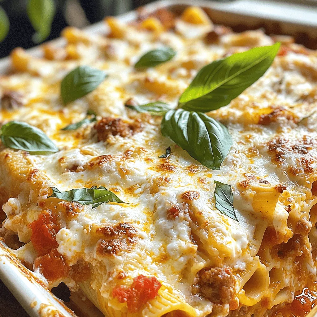 - 12 oz ziti pasta - 1 lb Italian sausage (mild or spicy, casings removed) - 3 cups ricotta cheese - 2 cups shredded mozzarella cheese (divided) For this dish, ziti pasta gives a nice bite that holds the sauce well. The Italian sausage brings rich flavor. I love using ricotta and mozzarella cheeses for their creamy texture and melt-in-your-mouth goodness. - 1 can (28 oz) crushed tomatoes - 1 can (15 oz) tomato sauce - 2 teaspoons dried oregano - 1 teaspoon dried basil Crushed tomatoes and tomato sauce create a smooth base. Oregano and basil add that classic Italian taste. These staples are easy to keep on hand for quick meals. - 1/2 teaspoon red pepper flakes - Fresh basil for garnish - Olive oil for sautéing Red pepper flakes give a kick, while fresh basil adds a burst of color and taste. A drizzle of olive oil makes everything richer and more delicious. If you want to explore more, check out the Full Recipe for detailed steps! 1. Preheating the oven: First, preheat your oven to 375°F (190°C). This will get it ready for baking the ziti. 2. Cooking ziti pasta: In a large pot, bring salted water to a boil. Add 12 oz of ziti pasta and cook it until it is al dente. This usually takes around 8 to 10 minutes. After cooking, drain the pasta and set it aside. Make sure to leave some moisture so it does not stick. 1. Sautéing onions and garlic: In a large skillet, heat a drizzle of olive oil over medium heat. Add one finely diced onion. Sauté it until it becomes soft, about 5 minutes. Then add 3 minced garlic cloves and cook for an additional minute. 2. Browning the sausage: Next, add 1 lb of Italian sausage (you can choose mild or spicy) to the skillet. Break it apart with a spoon. Cook until it's browned and fully cooked, which takes about 6 to 8 minutes. 3. Simmering the tomato sauce: Once the sausage is browned, stir in one 28 oz can of crushed tomatoes, one 15 oz can of tomato sauce, 2 teaspoons of dried oregano, 1 teaspoon of dried basil, and optional red pepper flakes for heat. Let this mixture simmer for about 10 minutes. Season with salt and freshly cracked black pepper to taste. 1. Mixing pasta and sauce: In a large mixing bowl, combine the cooked ziti with the sausage sauce. Add 2 cups of ricotta cheese and mix everything until the pasta is well-coated. 2. Layering with cheese: Grease a 9x13 inch baking dish. Spread half of the pasta mixture evenly at the bottom. Sprinkle 1 cup of shredded mozzarella cheese over this layer. 3. Baking instructions: Add the remaining pasta mixture on top of the cheese layer. Top it off with the rest of the mozzarella and 1/2 cup of grated Parmesan cheese. Cover with aluminum foil and bake for 25 minutes. Remove the foil and bake for an additional 15 minutes, or until the cheese is bubbly and golden brown. In just over an hour, you will have a delicious Baked Ziti with Sausage. For the full recipe, check out the recipe section above! To get the best texture, focus on cooking your pasta just right. Cook the ziti until it's al dente, which means it should still have a slight bite. This prevents the pasta from getting mushy when baked. For flavor enhancements, use fresh herbs. Fresh basil adds a lovely taste. You can also try adding a dash of red pepper flakes if you like heat. Mix well with your sauce before combining it with the ziti. For this dish, you’ll need a few key tools. First, a large pot for boiling the pasta. A solid skillet is great for browning the sausage and sautéing the onions. Choose a sturdy baking dish, like a 9x13 inch glass or ceramic dish. This allows for even cooking and easy serving of your baked ziti. Serve your baked ziti with garlic bread on the side. This bread pairs perfectly with the rich flavors of the dish. You may also want to add a fresh salad for a crunchy element. For gatherings, plan on serving about 1 to 1.5 cups per person. This ensures everyone gets enough to enjoy. Don't forget to garnish each plate with fresh basil for a nice touch. {{image_4}} You can change the sausage type to fit your taste. Try sweet Italian sausage for a milder dish. For a spicy kick, use hot Italian sausage. You can also use turkey sausage for a lighter option. If you want a vegetarian dish, swap the sausage for sautéed mushrooms or lentils. These swaps keep the dish tasty and satisfying. Add more flavor by mixing in vegetables. Spinach, zucchini, or bell peppers work well. They add color and nutrients. You can also use mushrooms for a hearty texture. For cheese, try blending in different types. Goat cheese or feta can add a unique taste. You can also use a mix of mozzarella and provolone for extra creaminess. You can serve baked ziti in different ways. Baking it gives a crispy top and warm, gooey cheese. If you prefer, make it on the stove for a quicker meal. This method is just as tasty. For gatherings, consider individual portions. Use small ramekins or baking dishes. This makes serving easy and fun for your guests. Explore the [Full Recipe] for all the details and tips. To keep leftovers fresh, place them in an airtight container. Make sure the dish is cool before sealing it up. Refrigerate the baked ziti. It can stay good for up to four days. If you want to store it longer, try freezing it. For freezing, use a freezer-safe container. You can also wrap the dish tightly in plastic wrap or aluminum foil. Label it with the date. Baked ziti can last up to three months in the freezer. To reheat baked ziti, you have a few options. The best way is in the oven. Preheat your oven to 350°F (175°C). Place the ziti in a baking dish. Cover it with foil to keep it moist. Heat for about 20 minutes or until it's hot throughout. You can also use the microwave. Place a serving on a microwave-safe plate. Heat for about 2-3 minutes, stirring halfway through. Make sure it gets hot all the way to the center. In the fridge, baked ziti lasts about four days. If you freeze it, you can enjoy it for up to three months. Always check for signs of spoilage before eating. If it smells off or looks strange, it's best to throw it away. Making Baked Ziti with Sausage takes about 1 hour and 10 minutes. This includes: - Prep Time: 20 minutes - Cook Time: 50 minutes You need to prepare the ingredients, cook the pasta, and make the sauce. Then, you will layer the dish and bake it. Yes, you can use different types of pasta. If you don't have ziti, try: - Penne - Rigatoni - Fusilli These shapes hold the sauce well and mix nicely with the cheese. For a meatless version, you can skip the sausage and use: - Sautéed vegetables like spinach, mushrooms, or zucchini. - Add extra cheese for flavor. This keeps the dish hearty and satisfying without meat. Baked Ziti and Lasagna are similar but not the same. Here are key points: - Layering: Lasagna uses flat noodles, while ziti uses tubular pasta. - Structure: Lasagna is typically layered with sauce and cheese. Baked ziti is mixed together. Both are cheesy and delicious, but they offer different textures. Baked ziti with sausage is a delicious meal packed with flavor. We discussed key ingredients like ziti pasta, Italian sausage, and cheeses. You learned how to prepare the dish step-by-step, from cooking the sauce to baking it perfectly. I shared tips to enhance flavor and suggested variations for your taste. Remember to store any leftovers correctly for future meals. Whether you want meat or prefer a vegetarian version, baked ziti is versatile. Now, it's your turn to create this comforting dish and enjoy it with loved ones.