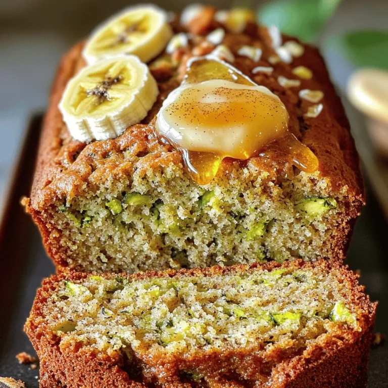 To make a tasty Zucchini Banana Bread, gather these ingredients: - 1 cup finely grated zucchini (squeeze out excess moisture) - 2 ripe bananas, mashed until smooth - 1/3 cup melted coconut oil (let cool slightly) - 1/2 cup packed brown sugar (light or dark) - 1/4 cup honey or maple syrup - 2 large eggs (room temperature) - 1 teaspoon vanilla extract (pure) - 1 teaspoon baking soda (fresh) - 1/2 teaspoon baking powder - 1/2 teaspoon salt - 1 teaspoon ground cinnamon - 1 1/2 cups all-purpose flour (spooned and leveled) - 1/2 cup chopped walnuts or pecans (optional) The quality of your ingredients matters. Use fresh zucchini for the best texture. Choose ripe bananas, as they add natural sweetness. Opt for pure vanilla extract, not imitation. Fresh baking soda is key for rising; old baking soda won't work well. For the flour, make sure it is not expired. If using nuts, choose ones that are fresh and crunchy for added flavor. You can swap ingredients if needed. For zucchini, you can use grated carrot for a different taste. Applesauce can replace coconut oil for a lower-fat option. If you're out of brown sugar, granulated sugar works too, but it will be less rich. For a vegan option, use flax eggs instead of regular eggs. Just mix 1 tablespoon of ground flaxseed with 2.5 tablespoons of water for each egg. First, preheat your oven to 350°F (175°C). This step is key for even cooking. While the oven heats, grease a 9x5 inch loaf pan with coconut oil. You can also use parchment paper. This makes it easy to remove the bread later. In a large bowl, combine 1/3 cup melted coconut oil with 1/2 cup brown sugar. Whisk them together until smooth. Then, add 2 ripe bananas, mashed until smooth. Follow this by adding 2 large eggs, 1/4 cup honey or maple syrup, and 1 teaspoon vanilla extract. Mix until everything is well blended and smooth. In another bowl, mix 1 1/2 cups of all-purpose flour, 1 teaspoon baking soda, 1/2 teaspoon baking powder, 1/2 teaspoon salt, and 1 teaspoon ground cinnamon. Use a whisk to blend these dry ingredients well. Next, gently add this dry mix to the wet ingredients. Fold it in carefully with a spatula. Do not overmix; a few lumps are okay. If you want, stir in 1/2 cup of chopped nuts. Pour the batter into your prepared pan. It’s now ready for baking! Check the [Full Recipe] for more details. To keep your batter thick, squeeze out excess moisture from the zucchini. Use a clean kitchen towel to press the grated zucchini. This step helps prevent a soggy loaf. Also, make sure you measure your ingredients correctly. Too much liquid can lead to a runny batter. When you mix your batter, be gentle. Overmixing can make your bread tough. Use a spatula to fold the dry ingredients into the wet ones. Stop mixing as soon as you see no dry flour. A few lumps are okay; they will help keep your bread light and tender. To bake your bread evenly, preheat your oven well. A hot oven helps it rise properly. When you pour your batter into the loaf pan, smooth the top with a spatula. This helps it bake uniformly. Keep an eye on it towards the end of baking. If the top gets too dark, cover it with foil. This way, your Zucchini Banana Bread will come out perfectly golden and delicious. For the full recipe, check out the details above. {{image_4}} You can swap sweeteners easily in this recipe. Try using maple syrup instead of honey. For a lower-calorie option, use a sugar substitute like stevia. Coconut oil adds a nice flavor, but you can also use canola oil or vegetable oil. Each choice will enhance the taste in a unique way. For a fun twist, mix in chocolate chips or nuts. Dark chocolate pairs well with banana and zucchini. You can also add spices like nutmeg or ginger for extra warmth. These small changes can make your bread feel new each time you bake. To make gluten-free zucchini banana bread, simply use a gluten-free flour blend. Check labels to ensure it is certified gluten-free. You may also want to add a bit of xanthan gum for better texture. This way, everyone can enjoy this delicious treat! For a full recipe, check out the Zucchini Banana Bread section. To keep your zucchini banana bread fresh, wrap it tightly in plastic wrap or foil. You can also place it in an airtight container. Store it at room temperature for up to three days. For longer storage, keep it in the fridge, where it will last about a week. This bread stays moist, so it’s great for snacking! If you want to save some for later, freezing is a smart choice. First, slice the bread into pieces. Then, wrap each slice in plastic wrap, followed by aluminum foil. This will prevent freezer burn. You can also store the whole loaf. Place it in a freezer-safe bag or container. The bread will stay good for up to three months in the freezer. Just remember to label it with the date! When you’re ready to enjoy your frozen zucchini banana bread, remove it from the freezer. Let it thaw in the fridge overnight. For a quick reheat, pop it in the microwave for 15-20 seconds. You can also toast slices in a toaster oven for a warm, crispy edge. If you want to enjoy it warm, preheat your oven to 350°F (175°C) and heat the loaf for 10 minutes. This makes it taste just baked! Yes, you can use frozen zucchini. Just remember to thaw it first. Squeeze out any extra water. This step is key to avoid a soggy bread. Frozen zucchini works well and keeps the flavor intact. To check if the bread is done, use a toothpick. Insert it into the center of the loaf. If it comes out clean, your bread is ready. If it has batter on it, bake a bit longer. Keep an eye on it to prevent overbaking. Absolutely! You can turn this recipe into muffins. Just adjust the baking time. Bake muffins for about 20-25 minutes. Check with a toothpick like you would for bread. Muffins are a fun twist on this tasty recipe. For the full recipe, follow the steps outlined above. You learned about key ingredients and how to choose the best ones. I shared tips to avoid a watery batter and ensure even baking. You saw variations, from sweeteners to flavors, making this recipe your own. Storing leftovers helps keep your creation fresh. In short, make this recipe yours and enjoy the process. Happy baking!