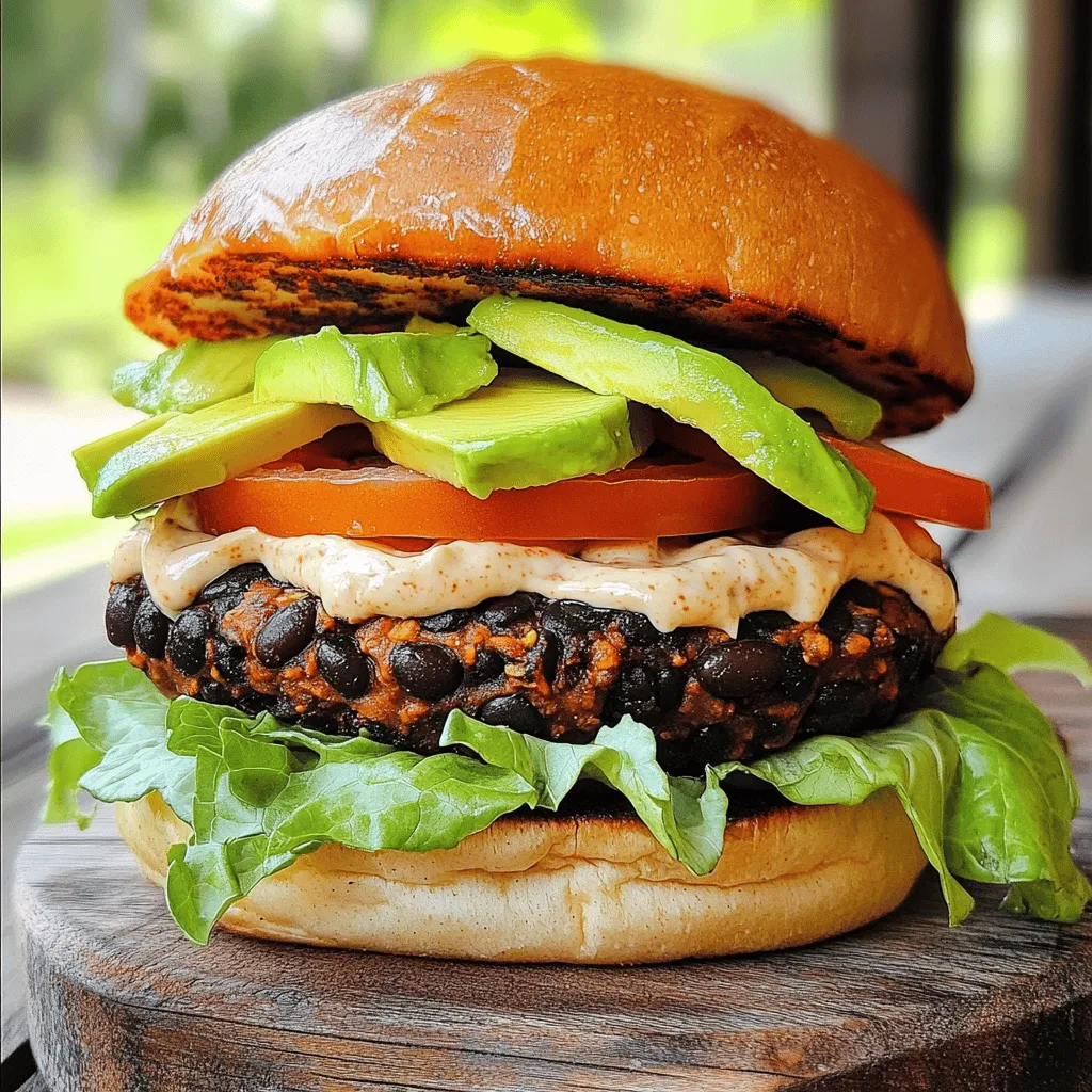 To make Smoky Chipotle Black Bean Burgers, gather these ingredients: - 2 cans (15 oz each) black beans, drained and rinsed - 1 cup cooked quinoa - 1/2 cup breadcrumbs (or a gluten-free alternative) - 1/4 cup red onion, finely chopped - 2 cloves garlic, minced - 1-2 chipotle peppers in adobo sauce, minced (adjust according to spice preference) - 1 tablespoon adobo sauce (from the chipotle can) - 1 teaspoon ground cumin - 1/2 teaspoon smoked paprika - 1/2 teaspoon salt - Freshly ground black pepper, to taste - 2 tablespoons olive oil (for cooking) - Optional toppings: sliced avocado, fresh lettuce, sliced tomato, and your choice of sauce (e.g., mayo, vegan mayo, or chipotle mayo) Each burger contains about 200 calories. It provides protein from black beans and quinoa. You also get fiber, which is great for digestion. The chipotle peppers add a kick of spice and antioxidants. This meal is plant-based and full of flavor, making it a smart choice for health. You can dress your burgers to make them even better. Try adding: - Sliced avocado for creaminess - Fresh lettuce for crunch - Sliced tomato for freshness - Your favorite sauce like mayonnaise or a spicy chipotle mayo These toppings not only enhance the taste but also add color and texture. Enjoy customizing your burger to suit your taste! For the full recipe, check out the details above. To start, gather all your ingredients. This makes the process easy and quick. You will need two cans of black beans, cooked quinoa, breadcrumbs, red onion, garlic, chipotle peppers, adobo sauce, cumin, smoked paprika, salt, pepper, and olive oil. 1. In a large mixing bowl, mash the black beans with a fork or potato masher. Aim for a mostly smooth texture but keep some chunks for texture. 2. Add cooked quinoa, breadcrumbs, red onion, garlic, chipotle peppers, adobo sauce, cumin, smoked paprika, salt, and black pepper to the bowl. Mix everything together well. 3. If the mixture is too wet, sprinkle in more breadcrumbs gradually. You want a mixture that holds together but isn’t dry. 4. Shape the mixture into about six patties. Make each patty about half an inch thick to help them cook evenly. Now it's time to cook your burgers. Heat olive oil in a large non-stick skillet over medium heat. Once the oil is hot and shimmering, gently add the patties to the skillet. 1. Cook the patties for about four to five minutes on each side. You want them to be golden brown and heated through. 2. Once cooked, serve the burgers on toasted buns. Add your favorite toppings like avocado, lettuce, and tomato. Drizzle some sauce on top for extra flavor. To make sure your burgers cook evenly, follow these tips: - Don’t overcrowd the skillet. Cook in batches if needed. - Use medium heat. High heat can burn the outsides before the insides are done. - Press gently. When flipping, use a spatula to press down lightly. This helps them cook through without falling apart. By following these steps, you will create a delicious smoky chipotle black bean burger that everyone will enjoy. For the full recipe, check the earlier section. To get that smoky flavor, use smoked paprika and chipotle peppers. The smoked paprika gives depth, while chipotle adds heat. Adjust the chipotle to match your spice level. You can also grill the patties for an extra smoky taste. Grilling gives a nice char that intensifies the flavor. One common mistake is mashing the beans too much. Keep some chunks for texture. If the mixture is too wet, add more breadcrumbs. This helps form better patties. Don’t skip letting the patties rest before cooking. Resting helps them hold together while cooking. Lastly, don’t overcrowd the skillet. This can lead to steaming instead of browning. Serve your burgers on toasted buns for great flavor and texture. Add fresh toppings like avocado, lettuce, and tomato. These add crunch and freshness. You can also try different sauces like chipotle mayo or classic ketchup. For a fun twist, serve the burgers with sweet potato fries or a side salad. {{image_4}} If you want a gluten-free option, you can swap the breadcrumbs. Use ground oats or gluten-free breadcrumbs instead. Both options hold the mixture well and add a nice texture. You can also try crushed rice cakes. They work great in this recipe. Feel free to boost the flavor with more spices. Adding a pinch of cayenne pepper can give your burgers a nice kick. You might also try a dash of onion powder or a sprinkle of chili powder. Experimenting with spices lets you customize the taste to your liking. Toppings can make or break your burger. For a fresh twist, add sliced avocado and crisp lettuce. You can also include juicy tomato or pickled jalapeños for extra zest. Sauces like chipotle mayo or a creamy avocado sauce work wonders too. Feel free to mix and match to find your favorite combo. For the full recipe, check out the complete details. After cooking, let your burgers cool to room temperature. Place them in an airtight container. You can store them in the fridge for up to 4 days. If you want to keep them longer, freezing is a great option. To freeze the burgers, wrap each one in plastic wrap. Then, place them in a freezer bag or container. This prevents freezer burn. They can last in the freezer for up to 3 months. When you're ready to cook, just thaw them in the fridge overnight. To reheat, you have a few options. You can use the oven, stovetop, or microwave. For the oven, preheat to 350°F (175°C) and bake for about 15 minutes. If you use the stovetop, heat a non-stick skillet over medium heat. Cook each side for about 4-5 minutes. If you're in a hurry, the microwave works too. Heat on high for 1-2 minutes, checking to ensure they are hot all the way through. Enjoy your Smoky Chipotle Black Bean Burgers just like fresh! Yes, you can make these burgers ahead of time. Form the patties and store them in the fridge for up to two days. You can also freeze them for later use. Just wrap each patty in plastic wrap and place them in a freezer bag. When ready to cook, thaw them in the fridge overnight. This saves time and keeps your meal prep easy. If you need a substitute for quinoa, you can use brown rice or rolled oats. Both options work well and will keep the burgers healthy. Just make sure to cook the rice before mixing it into the beans. Rolled oats can be added directly into the mixture. They help bind the ingredients while adding some fiber. To spice things up, add more chipotle peppers to the mix. You can also include cayenne pepper or hot sauce. Remember to start with a little and taste as you go. This way, you can control the heat level. Adding extra smoked paprika can also enhance the smoky flavor and kick up the spice. Enjoy experimenting to find your perfect heat! In this post, we covered essential ingredients, cooking steps, and great tips for making burgers. You learned about topping options and how to store leftovers. Remember, the right spices and careful cooking make a big difference. Avoid common mistakes, and feel free to customize your burgers to fit your taste. Keep experimenting to find your favorite version. With practice, you’ll master these delicious burgers in no time. Enjoy the process and share your tasty creations!