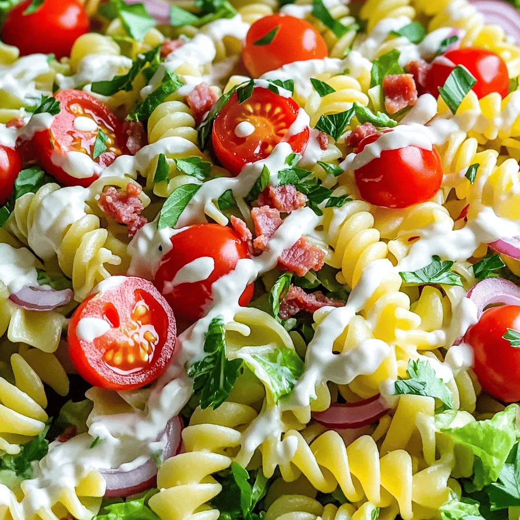 To make the Classic BLT Pasta Salad, you need a few tasty ingredients. Here’s what to gather: - Pasta options: rotini or fusilli - Protein: crispy turkey bacon - Fresh produce: cherry tomatoes, romaine lettuce, red onion - Dressing components: mayonnaise, apple cider vinegar, Dijon mustard - Seasoning: salt, pepper, fresh herbs for garnish These ingredients give your pasta salad a classic BLT taste. The rotini or fusilli hold the dressing well and make each bite fun. Crispy turkey bacon adds a salty crunch, while fresh cherry tomatoes and romaine lettuce offer bright flavors. Red onion gives a nice bite, balancing everything perfectly. The dressing is simple yet flavorful. Mayonnaise makes it creamy, while apple cider vinegar and Dijon mustard add a tangy zing. Don’t forget to season with salt and pepper to taste. Fresh herbs like parsley or basil not only look good but also boost the flavor. For the full recipe, check out the Classic BLT Pasta Salad 🥓. It’s easy and sure to impress your friends and family! To start, bring a large pot of salted water to a boil. Make sure the water is really bubbling. Then, add 8 ounces of rotini or fusilli pasta. Cook it until it's al dente, which means it's firm but not hard. This usually takes about 8 to 10 minutes. Once the pasta is ready, drain it in a colander. Rinse it under cold running water. This helps cool it down and stops the cooking. While the pasta cooks, you can make the dressing. Grab a small bowl and add 1/2 cup of mayonnaise, 2 tablespoons of apple cider vinegar, and 1 tablespoon of Dijon mustard. Add a pinch of salt and a little pepper. Whisk it all together until it’s smooth and creamy. This dressing adds great flavor to the salad. Now, it’s time to mix everything. In a large bowl, combine the cooled pasta, 4 strips of crispy chopped turkey bacon, 1 cup of halved cherry tomatoes, 1 cup of chopped romaine lettuce, and 1/2 cup of finely diced red onion. Drizzle the dressing over the top and gently toss everything together. Make sure all the bits get coated in that tasty dressing. After mixing, taste the salad. If it needs more flavor, adjust the seasoning as needed. You can add a bit more vinegar or salt for a zing. If you want to take this dish to the next level, check out the Full Recipe for more details! To achieve the best flavor balance in your Classic BLT Pasta Salad, think about the mix of ingredients. Start with your base: the pasta. I prefer rotini or fusilli because they hold the dressing well. Add crispy turkey bacon for a savory touch. Fresh cherry tomatoes add sweetness, while romaine lettuce brings a nice crunch. Use red onion for a bit of sharpness. To avoid soggy pasta, cook it until it's just al dente. This means it should be firm to the bite. After cooking, drain the pasta and rinse it with cold water. This stops the cooking and helps keep the pasta firm. If you plan to serve the salad later, toss the pasta with a little olive oil to prevent sticking. For a creative presentation, serve the pasta salad in a large, colorful bowl. You can also use individual plates for a fun touch. Sprinkle some extra crispy bacon on top for added texture. Fresh herbs like parsley or basil not only look great but also boost flavor. Pair your pasta salad with grilled chicken or fish for a complete meal. A light vinaigrette dressing can enhance the flavors of the salad. You can also serve it alongside crusty bread or a fresh green salad. Don't forget to check out the Full Recipe for more tips on making this dish shine! {{image_4}} You can easily switch up the proteins in this dish. If you want a different flavor, try chicken or tofu instead of turkey bacon. Both options work well and keep the salad hearty. For greens, you don’t have to stick with romaine. Spinach or kale can add a fresh twist. They’re both healthy and tasty. Just chop them up and mix them in. Want to kick up the flavor? You can add spices like garlic powder, paprika, or even black pepper. These spices give a nice kick to each bite. If you’re a cheese lover, consider adding feta or Parmesan. They add creaminess and richness. You might also want to include optional ingredients like avocados or olives. Avocados add creaminess, while olives bring a nice briny flavor. Both can make your salad even more exciting. For the full recipe, check out the Classic BLT Pasta Salad 🥓 section above. Chilling your pasta salad is key. It lets the flavors mix well. I recommend chilling it for at least 30 minutes. This time allows the dressing to soak into the pasta and veggies. When storing, use a tight-sealing container. A glass bowl with a lid works well. This keeps the salad fresh and prevents any strong smells in your fridge. Your classic BLT pasta salad lasts about 3 to 5 days in the fridge. Always check for signs of spoilage. Look for any off smells or changes in color. If the salad looks slimy or the veggies seem wilted, toss it out. Trust your senses! Keeping it in the right container helps it last longer. Enjoy the salad while it’s fresh for the best taste. For the full recipe, check the earlier sections. Yes, you can make this salad ahead of time. I often prepare it a few hours before serving. This allows the flavors to blend well. Just remember to store it in the fridge until you’re ready to serve. To keep the salad fresh, store it in an airtight container. This limits exposure to air. Also, consider adding the dressing just before serving. This helps keep the pasta and veggies crisp. You can serve this salad with grilled chicken or shrimp for protein. It pairs well with crusty bread or garlic bread. You could also offer a light soup as a side, like tomato soup. Absolutely! You can use any pasta shape you like. Penne or bowtie pasta work great, too. Just make sure to cook it to al dente for the best texture. Yes, you can make a gluten-free version. Use gluten-free pasta made from rice or quinoa. The flavors will still shine through, making it a delicious option for everyone. For the full recipe, check out the link. This post shared how to make a tasty Classic BLT Pasta Salad. We covered key ingredients like pasta, turkey bacon, fresh veggies, and a creamy dressing. You learned effective steps to cook pasta, mix ingredients, and enhance flavor. Tips for serving, storage, and variations were also shared. In the end, this pasta salad brings great flavors and can fit many meals. Enjoy making it your own!