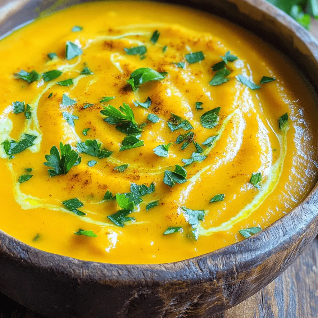- 1 medium pumpkin (3-4 pounds), peeled and cubed - 1 medium onion, finely chopped - 2 cloves garlic, minced - 1 medium carrot, diced small - 1 stalk celery, diced - 4 cups vegetable broth - 1 cup full-fat coconut milk - 1 teaspoon ground cumin - 1 teaspoon ground ginger - 1/2 teaspoon ground cinnamon - 1/2 teaspoon ground nutmeg - Salt and freshly ground black pepper - Fresh parsley or cilantro for garnish - 2 tablespoons extra virgin olive oil Making savory pumpkin soup starts with fresh ingredients. First, choose a medium pumpkin, about 3-4 pounds. This size is just right for a warm bowl of goodness. Peel and cube the pumpkin before cooking. A good onion adds great flavor, so chop one finely. Garlic enhances the taste, so don't skip the two cloves. Next, you'll need a medium carrot and a stalk of celery. Dice them small to help them cook evenly. For the base, use four cups of vegetable broth. This is key for a rich flavor. Finally, to give the soup its creamy texture, use one cup of full-fat coconut milk. As for spices, ground cumin and ginger create a warm flavor. Adding half a teaspoon of ground cinnamon and nutmeg gives depth. Season with salt and freshly ground black pepper to your taste. Lastly, fresh herbs like parsley or cilantro make a great garnish. Drizzle with two tablespoons of extra virgin olive oil for a touch of richness. For the full recipe, visit the [Full Recipe]. - Heat olive oil in a large pot over medium heat. - Sauté onions, garlic, carrots, and celery until soft. Start by heating the olive oil in your pot. This step helps to build flavor. Add the chopped onion and let it cook for about 2-3 minutes. It should turn translucent. Next, add the minced garlic, diced carrot, and diced celery. Cook these for about 5-7 minutes until they are soft and smell great. - Add pumpkin cubes and sauté. - Pour in vegetable broth and add spices. Now, stir in the pumpkin cubes. Cook them for about 5 minutes. This helps the pumpkin mix well with the other veggies. After that, pour in the vegetable broth. Add the ground cumin, ginger, cinnamon, nutmeg, salt, and pepper. Stir everything together. Let this mixture come to a gentle boil, then reduce the heat and cover the pot. Let it simmer for about 25-30 minutes or until the pumpkin is fork-tender. - Simmer until pumpkin is fork-tender. - Blend the soup until smooth. Once the pumpkin is tender, it’s time to blend the soup. Use an immersion blender to puree it until smooth. If you don’t have one, carefully transfer the soup in batches to a regular blender. Blend until silky and return it to the pot. - Stir in coconut milk. - Adjust seasoning to taste. Place the soup back on low heat. Stir in the full-fat coconut milk and let it warm up for about 5-10 minutes. Taste the soup at this point. Adjust the seasoning with more salt and pepper if needed. Try this full recipe for delicious savory pumpkin soup. To boost the flavor of your savory pumpkin soup, consider adding these seasonings: - A pinch of cayenne for heat - A squeeze of fresh lemon juice for brightness - A dash of smoked paprika for depth For better texture, roast the pumpkin before adding it to the pot. This step caramelizes the natural sugars, adding a rich flavor. Also, avoid over-blending to keep some texture in your soup. Pair this soup with warm, crusty bread or a fresh salad for a complete meal. Serve it in deep bowls to keep it warm. You can also drizzle extra coconut milk on top for a lovely swirl. A sprig of fresh parsley or cilantro adds color and freshness. You can make this soup in a slow cooker. Just add all ingredients and cook on low for 6-8 hours. This method deepens the flavors beautifully. If you use a traditional blender, a high-speed model works best for pureeing. It gives you that smooth, creamy finish. {{image_4}} You can easily change up the vegetables in this soup. Try using sweet potatoes or butternut squash instead of pumpkin. Both add a nice sweetness. For a lighter soup, replace coconut milk with almond milk or cashew cream. These options keep your dish creamy without the dairy. You can enhance the flavor by adding spices. Try a pinch of cayenne for heat or smoked paprika for depth. Fresh herbs like thyme or rosemary can also add a nice touch. If you want a regional twist, consider adding curry powder for an Indian flair or chili powder for a Mexican vibe. Experimenting with spices can give your soup a whole new taste! Garnishing your soup can make it even better. Top with roasted pumpkin seeds or a drizzle of olive oil for extra crunch. You can serve it with crusty bread or a green salad for a complete meal. For protein, add grilled chicken or chickpeas. These additions will make your soup filling and hearty. To store leftovers, let the soup cool to room temperature. Then, transfer it to an airtight container. This helps keep it fresh. You can store Savory Pumpkin Soup in the fridge for about 3 to 5 days. Just make sure to seal it well to prevent any odors from other foods. If you want to save it longer, freezing is a great option. Use freezer-safe containers or bags. Leave space at the top, as the soup will expand when frozen. You can freeze the soup for up to 3 months. To thaw, move it to the fridge overnight or use the microwave. When reheating, do it slowly on the stove or in the microwave. Stir often to keep it even. You can also add a splash of water or broth if it seems thick. For the best flavor, reheat the soup on low heat. This will help keep all those tasty spices intact. Avoid high heat, as it can overcook and change the texture. Stir it well as it heats up. Taste and adjust the seasoning if needed. Enjoy your warm, comforting soup again! If you need a substitute for coconut milk, try these options: - Almond milk - Soy milk - Cashew cream - Oat milk These choices work well in savory pumpkin soup. Almond milk is thin, so it may not give the same creaminess. Soy milk adds a nice creaminess. Cashew cream provides a rich texture. Oat milk can add a slight sweetness. Savory pumpkin soup lasts about 3 to 5 days in the fridge. To keep the flavor fresh, store it in an airtight container. Always let it cool before sealing. This helps avoid condensation and keeps it tasty. If you want to save it longer, freeze the soup. In the freezer, it can last up to 3 months. Just make sure to use a freezer-safe container. When you're ready to eat, thaw it overnight in the fridge. Yes, you can add meat to savory pumpkin soup! Chicken, turkey, or sausage work great. Just cook the meat first before adding it to the soup. This way, you ensure it’s safe to eat. When adding meat, think about the flavors. Spice up the meat with similar herbs and spices as the soup. This makes the dish taste balanced and delicious. You can also top the soup with crispy bacon for extra flavor! Making a tasty pumpkin soup is easy with fresh, simple ingredients. We’ve covered how to prepare the soup, blend it for a smooth texture, and adjust flavors to your liking. Plus, you can explore fun variations and storage tips. Enjoy experimenting with different flavors and sharing your soup with friends. This recipe not only warms you up but also brings joy to your kitchen. Dive in and let your cooking skills shine!