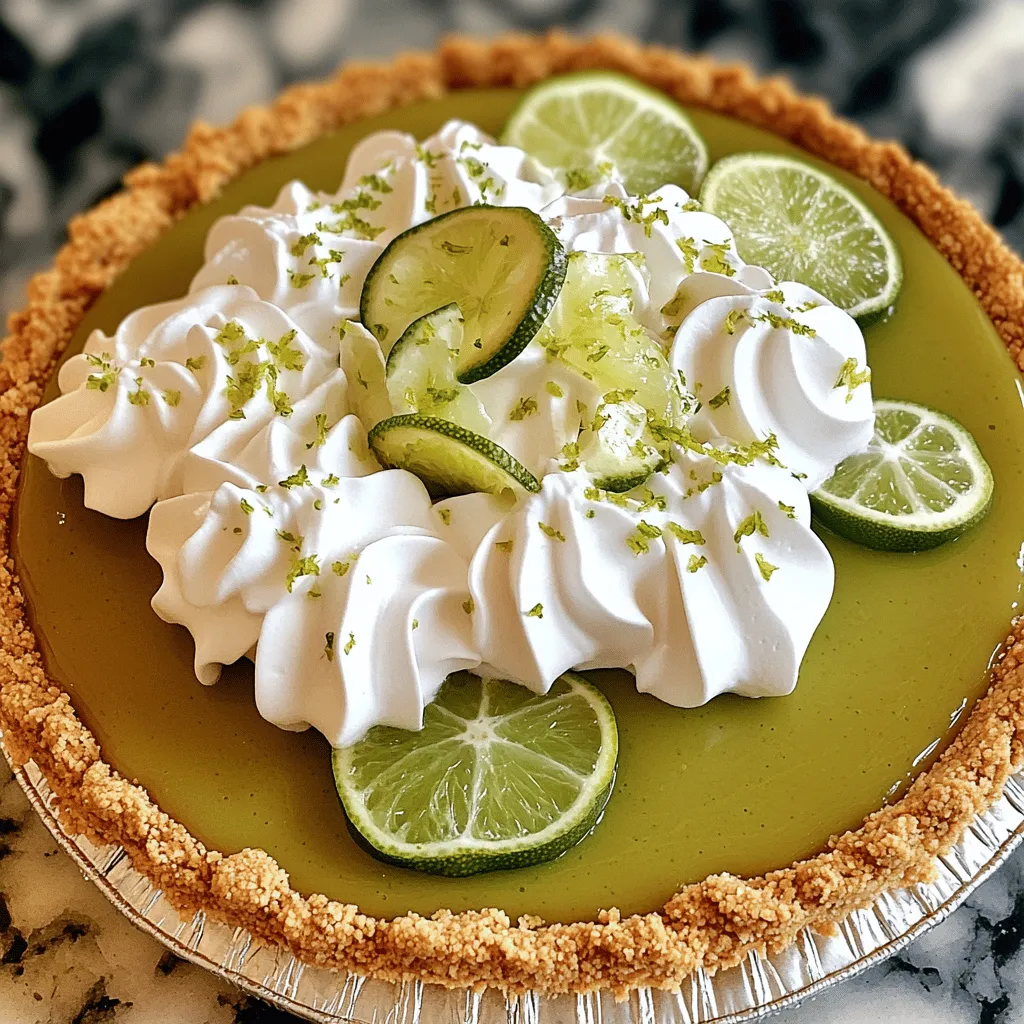 - 1 ½ cups graham cracker crumbs - ⅓ cup granulated sugar - ½ cup unsalted butter, melted - 1 cup sweetened condensed milk - ½ cup sour cream - ½ cup fresh key lime juice (or regular lime juice) - 1 tablespoon lime zest - Whipped cream (for topping) - Lime slices (for garnish) When you want to make a No-Bake Key Lime Pie, you need these basic ingredients. The graham cracker crumbs give the crust its sweet, crunchy base, while granulated sugar adds a nice touch of sweetness. The melted unsalted butter helps bind the crumbs together. Sweetened condensed milk and sour cream create a creamy filling. Fresh key lime juice and lime zest pack a zesty punch, bringing that bright flavor. Finally, whipped cream crowns the pie, making it even more delightful. - Alternative crust options: If you want a different crust, use crushed nuts or cookies. Almond flour or Oreo crumbs work well too. - Sweetened condensed milk substitutes: You can use coconut cream for a dairy-free option. It keeps the pie creamy and adds a coconut hint. - Lime juice alternatives: If you can't find key limes, regular limes are great. You can also use bottled lime juice, but fresh is best for flavor. You can easily adapt this recipe to fit your needs. Just remember to keep the balance of flavors for the best results. For the complete recipe, check the Full Recipe section. To start, gather your crust ingredients. You need graham cracker crumbs, sugar, and melted butter. In a medium bowl, combine 1 ½ cups of graham cracker crumbs with ⅓ cup of granulated sugar. Mix in ½ cup of melted unsalted butter. Stir until it looks like wet sand. This mixture should hold together when pressed. Next, take a 9-inch pie dish. Press the crumb mixture firmly into the bottom and sides. Make sure it is even all around. This step is key for a good crust. After pressing, chill the crust in the fridge for about 15 minutes. Chilling helps it set and hold its shape. Now, let’s make the creamy filling. In another bowl, whisk together 1 cup of sweetened condensed milk, ½ cup of sour cream, ½ cup of fresh key lime juice, and 1 tablespoon of lime zest. Whisk until the mixture is smooth and blended well. Good texture is important here. You want a creamy and thick filling that will spoon easily. If the filling is too runny, it may not set right in the crust. After the crust has chilled, it’s time to add the filling. Carefully pour the lime filling into the crust. Use a spatula to spread the filling evenly. This helps create a smooth top, making it look nice when served. Once the filling is smooth, place the pie in the refrigerator. Let it chill for at least 4 hours, or even overnight. This waiting time allows the flavors to blend and the pie to firm up. To make the best crust, you need the right texture. Combine graham cracker crumbs, sugar, and melted butter well. The mix should feel like wet sand. Press it firmly in the pie dish to form a solid base. If you want to add flavor, try a pinch of cinnamon or nutmeg. These spices can give your crust a nice twist. Chilling time is key for the pie to set. After you pour in the filling, let it chill for at least four hours. For the best flavor, chill it overnight. When you slice the pie, use a sharp knife. Wipe the knife with a damp cloth after each cut. This keeps the slices neat and tidy. Topping your pie is fun! You can use whipped cream for a rich finish. Add lime slices and zest for color and zest. If you want, sprinkle some crushed graham crackers on top. This adds a nice crunch. Serve the pie on chilled plates for a cool treat. A mint leaf can make it look even better! For more ideas, check out the Full Recipe for extra inspiration. {{image_4}} You can make your No-Bake Key Lime Pie even more fun! For a tropical twist, try adding coconut. Mix in shredded coconut to the filling for a delightful texture and flavor. You can also top it with toasted coconut for an extra crunch. Berries are another great option. Adding fresh raspberries or blueberries can brighten the pie. They add a sweet-tart flavor that pairs well with lime. Just fold them into the filling before pouring it into the crust. Herbs can give your pie a unique taste. Infusing mint into your filling adds a refreshing kick. Simply muddle some fresh mint leaves with the lime juice before mixing. This brings a cool flavor that’s perfect for summer. If you want a vegan version, it’s easy to modify this recipe. Swap the sweetened condensed milk for coconut cream. Use a dairy-free cream cheese in place of sour cream. This keeps the pie creamy and delicious without any animal products. For those who need a gluten-free option, skip the graham crackers. You can use almond flour mixed with a bit of coconut oil for the crust. Another option is gluten-free cookies, crushed and mixed with butter. Both alternatives will hold together well and taste great. You can find the full recipe above to help guide you in creating these variations! To store leftovers, simply cover the pie with plastic wrap. Place it in the fridge. This keeps the pie fresh for you to enjoy later. If you want to freeze it, slice the pie first. Wrap each slice in plastic wrap and place them in a freezer bag. This way, you can grab a slice whenever you want a treat. No-Bake Key Lime Pie lasts about 3 to 4 days in the fridge. You’ll know it’s time to toss it if you see mold or smell something sour. If the filling looks watery or the crust feels soft, it's best to throw it out. Always check before you dig in! Can I make it ahead of time? Yes, you can make this pie a day or two ahead. It tastes better when chilled and set. Just cover it well and keep it in the fridge. This way, you save time on the day you plan to serve it. Is it safe to use regular limes instead of key limes? Yes, you can use regular limes. Key limes have a unique flavor, but regular limes work too. Just keep in mind that the taste might change a bit. It will still be zesty and refreshing. Can I use whipped topping instead of whipped cream? Absolutely! Whipped topping is a good substitute for whipped cream. It can make the pie lighter and easier to spread. Just keep it chilled until you are ready to serve. What to do if the filling is too runny? If your filling is runny, add more lime zest or a little more sour cream. Mix until smooth. Refrigerate it for a longer time. This helps it firm up well. How to fix a crust that won’t hold together? If your crust falls apart, add a bit more melted butter. Mix it well until it sticks. Press it harder into the dish to form a solid base. Let it chill longer to set properly. For the full recipe, check the section above. In this post, we explored how to make No-Bake Key Lime Pie. We covered ingredients, steps, tips, variations, and storage tips. This pie is easy and fun to make. You can customize it with different flavors or dietary needs. Remember to chill it well for the best taste. With these tips, you’ll impress anyone who tries it. Enjoy your delicious dessert!
