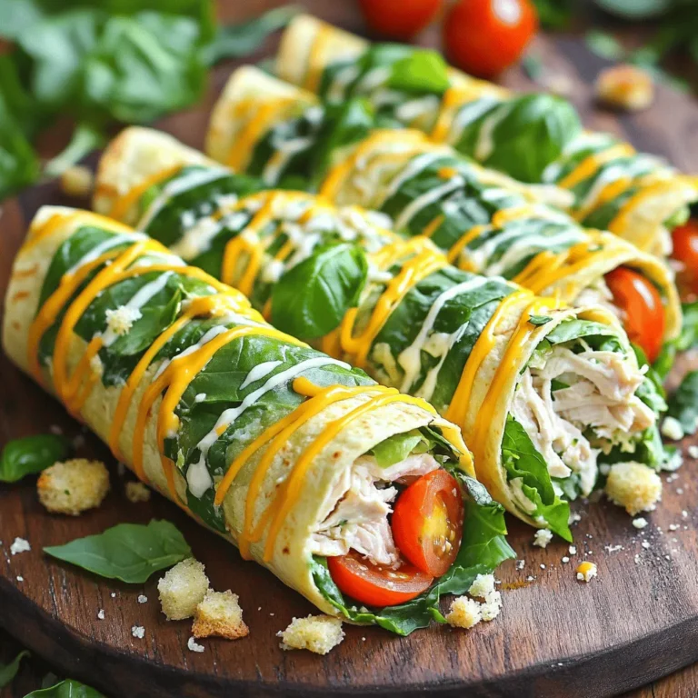 - 2 cups cooked chicken, shredded - 4 large tortillas or wrap bread - 1 cup fresh romaine lettuce, chopped - 1/2 cup cherry tomatoes, halved - Salt and freshly cracked pepper, to taste - 1/4 cup Parmesan cheese, freshly grated - 1/2 cup Caesar dressing (homemade or your favorite store-bought brand) - 1/4 cup croutons, lightly crushed - Fresh basil leaves, for garnish In this recipe, you will use simple yet fresh ingredients. The cooked chicken is your main protein. You can use leftover chicken or rotisserie chicken. Shredding the chicken makes it easy to mix. You need large tortillas to wrap all the tasty fillings. The romaine lettuce gives your wraps a nice crunch. Cherry tomatoes add sweetness and color. Season with salt and pepper to let the flavors shine. For the dressing, you can choose homemade Caesar or a jarred version. The Parmesan cheese adds a salty, nutty flavor. Croutons give a delightful crunch in each bite. Adding fresh basil at the end makes the wraps look beautiful. Follow the [Full Recipe] for easy steps to make these wraps! Start by gathering your ingredients. In a large bowl, combine these items: - 2 cups cooked chicken, shredded - 1 cup fresh romaine lettuce, chopped - 1/2 cup cherry tomatoes, halved - 1/4 cup Parmesan cheese, freshly grated Mix them gently with a spoon. This helps the flavors blend well together. You want a nice, colorful salad. Now, it’s time for the dressing! Drizzle about 1/2 cup of Caesar dressing over your chicken salad mixture. Toss everything until each piece is coated. Taste the mix. If it needs more flavor, add salt and freshly cracked pepper. Grab your tortillas and lay one flat on a clean surface. Spoon a generous amount of the chicken Caesar salad mixture onto the center. Don’t forget to sprinkle 1/4 cup of crushed croutons on top for that perfect crunch. Fold the sides of the tortilla inward. Then, roll it tightly from the bottom to the top. Repeat this for the other tortillas. Once you have all your wraps ready, slice each one diagonally. This makes them look nice and easy to eat. For a pretty finish, add fresh basil leaves on top. These add both color and a delightful aroma. Now, you have a tasty and fresh Chicken Caesar Salad Wrap! For more details, check out the Full Recipe. When making Chicken Caesar Salad Wraps, start with fresh romaine lettuce. Look for crisp, vibrant leaves. Avoid any that are wilted or brown. For Caesar dressing, choose a high-quality brand or make your own. A good dressing adds a creamy texture and rich flavor. To roll your wraps tightly, lay the tortilla flat. Place your salad mix in the center. Fold in the sides first, then roll from the bottom. This keeps your filling secure and stops spills. Practice makes perfect, so don’t worry if you don’t get it right away. You can add more flavor with spices or herbs. A pinch of garlic powder can boost the taste. Fresh herbs like parsley or dill can add a nice touch. You could even sprinkle some crushed red pepper for a spicy kick. Experimenting with seasonings can make your wraps even better! {{image_4}} You can switch up the protein in your wraps. Try grilled shrimp or turkey for a new taste. Both options work well with the Caesar salad flavors. Shrimp adds a sweet, ocean taste, while turkey offers a hearty bite. Just cook your protein until it’s ready, then shred or slice it, and mix it into your salad. Want a plant-based twist? You can easily make a vegan version of Chicken Caesar Salad Wraps. Start by using chickpeas or grilled tofu instead of chicken. Both options provide great texture and protein. For the dressing, swap Caesar for a vegan ranch or tahini dressing. This keeps the creamy feel while staying meat-free. Add fresh veggies like cucumbers and avocados for extra crunch! Don’t feel stuck with Caesar dressing! You can try other dressings, too. Ranch dressing adds a tangy flavor that pairs well with the veggies. Italian dressing brings a zesty touch, making your wraps more vibrant. Experiment with these dressings to see what you like best. You might find a new favorite! For the full recipe, check out the Chicken Caesar Salad Wraps section. To keep your Chicken Caesar Salad Wraps fresh, store them in the fridge. Wrap each one in plastic wrap or foil. Place them in an airtight container. This helps to keep them from getting soggy. Consume leftovers within three days for the best taste. To reheat your wraps, do it gently. Unwrap them from the plastic or foil. Place them on a microwave-safe plate. Heat on low power for about 30 seconds. Check if they are warm enough. If not, heat in 10-second bursts. This method keeps the wrap from getting too soft. You can prep these wraps ahead of time. Cook the chicken in advance and shred it. Store it in the fridge until you are ready to use it. Chop the lettuce and tomatoes too, and keep them in separate containers. Assemble the wraps when you are ready to eat. This makes busy days much easier! You can find the Full Recipe for more details. Yes, leftover roast chicken works great in these wraps. It saves time and adds flavor. Shred the chicken and mix it with the other ingredients. This way, you reduce waste and create a quick meal. You can use any kind of cooked chicken you have on hand. Homemade Caesar dressing is simple and tasty. Here’s a quick recipe: - 1/2 cup mayonnaise - 2 tablespoons lemon juice - 1 teaspoon Dijon mustard - 1 garlic clove, minced - 1/4 cup Parmesan cheese, grated - Salt and pepper, to taste Mix all these ingredients in a bowl. Adjust the flavors as you prefer. This dressing is creamy and perfect for your wraps. These wraps pair well with many sides. Here are some ideas: - Fresh fruit salad - Sweet potato fries - A light soup, like tomato or minestrone - Sparkling water or lemonade These options add balance and make your meal more exciting. When stored properly, these wraps can last up to three days in the fridge. Wrap them tightly in plastic wrap or aluminum foil. This helps keep them fresh. Always check for any signs of spoilage before eating. Enjoy your meal safely! Chicken Caesar Salad Wraps are easy to make and taste great. We shared key ingredients, like chicken, romaine, and dressing. You learned how to combine, roll, and serve them. Tips on storage and flavor add more value to your meal prep. Overall, these wraps are flexible and fun for everyone. Try different proteins or dressings to fit your taste. Enjoy experimenting and savoring your delicious wraps!