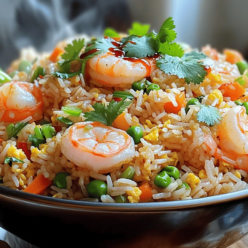 - 1 cup jasmine rice (uncooked) - 1 lb shrimp, peeled and deveined - 4 garlic cloves, minced - 3 tablespoons vegetable oil (divided) - 2 eggs, lightly beaten - 1 cup mixed vegetables (peas, carrots, and corn) - 3 tablespoons soy sauce - 1 tablespoon sriracha (or to taste) - Salt and pepper to taste - Fresh cilantro, chopped (for garnish) In this spicy garlic shrimp fried rice, the main ingredients shine. Start with jasmine rice; it's fragrant and soft. The shrimp adds a nice touch of protein and flavor, while garlic brings that bold punch we crave. Next, we layer in some colorful mixed veggies for crunch and nutrition. The eggs give a rich texture that ties everything together. Don't forget the soy sauce and sriracha. They add depth and heat, making each bite exciting. Season with salt and pepper to taste. Finally, a sprinkle of fresh cilantro brightens the dish. For the full recipe, you can easily follow the steps outlined above. To start, I cook the jasmine rice. I follow the package instructions closely. Once the rice is ready, I spread it out on a baking sheet. This helps it cool quickly. For the best fried rice, I refrigerate the rice. A few hours or overnight works wonders. Cold rice is firmer and fries better. Next, I heat two tablespoons of vegetable oil in a large skillet. I use medium-high heat for this. When the oil shimmers, I add four minced garlic cloves. I sauté the garlic for about 30 seconds. It should smell great but not turn brown. Now, I carefully add the shrimp to the skillet. I stir-fry the shrimp for about 3 to 4 minutes. They will turn pink and opaque when cooked. Once ready, I remove the shrimp and set them aside on a plate. It’s important not to overcook the shrimp. They should be tender and juicy. In the same skillet, I check if I need more oil. If it looks dry, I add one tablespoon of oil. Then, I pour in the lightly beaten eggs. I stir and scramble the eggs until they are fully cooked. Once done, I add the cooked shrimp back into the skillet. Now, it’s time to add the cooled jasmine rice. I also toss in the mixed vegetables, soy sauce, and sriracha. I mix all the ingredients well. I want everything heated through and evenly combined. For a nice texture, I let it fry for a few minutes without stirring too much. After mixing, I taste the dish. I season with salt and pepper as needed. Finally, I fold in the chopped green onion. The rice is now ready to serve hot. For a nice touch, I garnish with fresh cilantro. For the complete process, check the Full Recipe. To get that perfect fried rice texture, start with cooled rice. Freshly cooked rice is too sticky. Spread it on a baking sheet to cool. Refrigerate for a few hours or overnight. This helps the grains firm up. When you fry it, you want a slight crisp. In the skillet, heat your oil until it shimmers. Add the cooled rice and let it fry. Stir less often at first. This gives the rice a chance to get crispy. Flip it gently to keep the texture intact. Want more spice? You can add sriracha to taste. Start with a tablespoon, then adjust. If you like bold flavors, try adding red pepper flakes or chili paste. Fresh herbs like cilantro or basil also brighten the dish. They add a fresh note, balancing the heat. Consider soy sauce alternatives too. Coconut aminos or tamari can work well. They add depth without too much salt. A splash of lime juice can also enhance the dish's flavor. Pair your fried rice with fresh sides. A crisp salad works well. You can also serve it with spring rolls or dumplings. These add variety and texture to your meal. For a great presentation, use a vibrant bowl. You can also plate it individually. Top each portion with cilantro and a drizzle of sriracha. This makes the dish pop. It’s not just delicious, but looks great too. For the full recipe, check the full recipe section. {{image_4}} If shrimp isn't your thing, you have many choices. Chicken works great in this dish. Just cut it into small pieces and cook it the same way as the shrimp. Tofu is also an excellent option for a vegetarian meal. Use firm tofu, and make sure to press it well to remove excess water. This way, it will crisp nicely in the pan. You can easily make this dish vegetarian or vegan by switching the protein and using plant-based eggs. Fried rice is flexible, so feel free to mix up the veggies. You can use bell peppers, broccoli, or snap peas. These add great texture and color. Seasonal vegetables are also a fantastic choice. For example, in summer, zucchini and corn would shine. In the fall, try adding butternut squash or kale for a hearty twist. The key is to choose vegetables you enjoy and that cook quickly. To make your fried rice pop, consider soy sauce alternatives. Coconut aminos offer a sweeter taste and less sodium. You can also add a splash of fish sauce for depth. Explore different cuisines by adding spices or sauces. For a Thai twist, try using a bit of lime juice and fresh basil. If you want an Asian influence, consider sesame oil or even kimchi. Each of these twists gives your fried rice a new and exciting flavor. For the complete recipe, check out the [Full Recipe]. To keep your spicy garlic shrimp fried rice fresh, follow these guidelines: - Refrigerating: Place any leftover rice in an airtight container. It will last up to 3 days in the fridge. - Freezing: For longer storage, freeze the rice in a freezer-safe bag. It can last up to 2 months. Make sure to cool the rice to room temperature before storing. This helps prevent moisture buildup, which can lead to sogginess. When it comes to reheating, you want to keep that delicious taste intact. Here are my best methods: - Microwave: Place the rice in a microwave-safe dish. Add a splash of water. Cover with a lid or plastic wrap. Heat for 1-2 minutes, stirring halfway. - Stovetop: Heat a skillet over medium heat. Add a small amount of oil or water. Stir in the rice and cover. Cook for about 5-7 minutes until heated through. Aim for a temperature of at least 165°F (74°C) when reheating. This ensures your meal is safe to enjoy! For more details, check the full recipe. You can make this dish in advance. Start by cooking the jasmine rice. Once cooked, let it cool and then refrigerate it. Chilling the rice helps it firm up. This way, it won’t clump when you fry it. You can also prep the shrimp and veggies the day before. Store them in separate containers. When you're ready to cook, just stir-fry everything together. It saves time and makes meal prep easy! If you don’t have jasmine rice, you can use several other types. Long-grain rice works well because it has a similar texture. You can also try basmati rice for a fragrant option. Brown rice is a healthy choice, too. Just remember, cooking times may vary. Adjust water and cooking time as needed. Yes, you can easily make this dish without shrimp. If you want a vegetarian option, use tofu instead. Just cut it into small cubes and sauté it until golden. You can also add more vegetables like bell peppers or mushrooms. For a protein boost, try chickpeas or edamame. Adjust the cooking time to ensure everything is cooked well. One common mistake is using hot, freshly cooked rice. Always use cooled rice for the best texture. Another mistake is overcrowding the pan. If the pan is too full, the rice won’t fry properly. Keep each grain separate. Finally, don’t skip the seasoning. Taste and adjust with soy sauce and sriracha. This will enhance the flavor and avoid blandness. Spicy Garlic Shrimp Fried Rice is an easy and tasty dish. We discussed key ingredients, cooking steps, and tips to enhance flavor and texture. I shared options for proteins and vegetables, as well as storage and reheating methods. Now, you have all the tools to make this dish your own. Experiment with flavors and ingredients. Enjoy each bite of your creation!