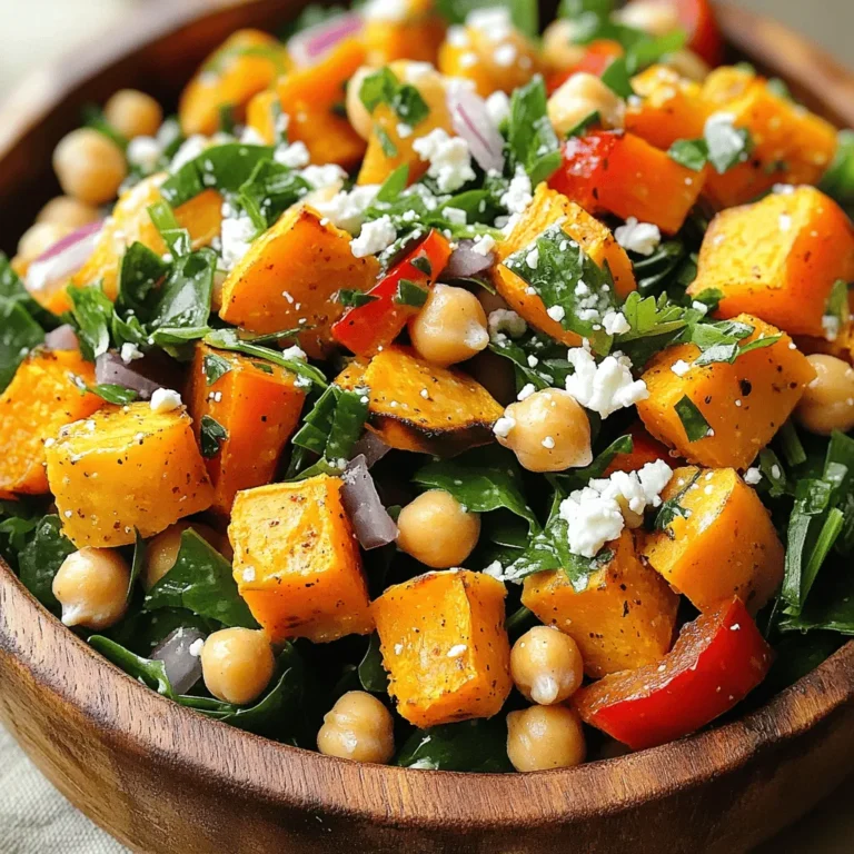 - 2 medium sweet potatoes, peeled and cut into 1-inch cubes - 1 can (15 oz) chickpeas, drained and rinsed thoroughly - 1 red bell pepper, diced into small pieces - 1 cup baby spinach, roughly chopped - 1/4 red onion, finely diced - 1/4 cup feta cheese, crumbled (optional but recommended) - 3 tablespoons extra virgin olive oil - 2 tablespoons balsamic vinegar - 1 tablespoon pure maple syrup - 1 teaspoon smoked paprika - Salt and freshly cracked black pepper, to taste - Fresh parsley, chopped, for garnish If you need to swap ingredients, you can use black beans instead of chickpeas. For the feta cheese, try avocado for creaminess. If you don't have balsamic vinegar, apple cider vinegar works too. This salad serves four and has about 250 calories per serving. Each serving has around 10 grams of protein. The fats come mainly from olive oil and feta, about 10 grams. Sweet potatoes are rich in vitamins A and C. They also provide fiber, which is great for digestion. Chickpeas are full of protein and iron, boosting energy and keeping you full longer. Together, these ingredients make a great meal for your health. To start, gather your ingredients. You will need: - 2 medium sweet potatoes, peeled and cut into 1-inch cubes - 1 can (15 oz) chickpeas, drained and rinsed - 1 red bell pepper, diced - 1 cup baby spinach, roughly chopped - 1/4 red onion, finely diced - 1/4 cup feta cheese, crumbled (optional) - 3 tablespoons extra virgin olive oil - 2 tablespoons balsamic vinegar - 1 tablespoon pure maple syrup - 1 teaspoon smoked paprika - Salt and black pepper, to taste - Fresh parsley, chopped, for garnish Next, peel and cube the sweet potatoes. Make sure the cubes are even for even cooking. Rinse the chickpeas well to remove any canning liquid. Dice the red bell pepper and onion finely. Chop the spinach roughly. This helps it mix well in the salad. For the dressing, whisk together olive oil, balsamic vinegar, maple syrup, salt, and pepper in a small bowl. The dressing adds a nice sweetness to balance the flavors. Preheat your oven to 400°F (200°C). This is the key to crispy sweet potatoes. Spread the cubed sweet potatoes on a baking sheet. Drizzle them with 2 tablespoons of olive oil and sprinkle with smoked paprika, salt, and pepper. Toss them well to coat. Roast the sweet potatoes for 25-30 minutes. Halfway through, stir them gently for even cooking. They are done when they turn golden brown and are tender. Caramelization gives them a sweet flavor and a nice texture. In a large bowl, combine the warm roasted sweet potatoes, chickpeas, diced bell pepper, chopped spinach, and red onion. Pour the dressing over the ingredients. Toss gently to coat everything evenly. Let the salad sit for a few minutes. This allows the flavors to blend. If you want to add feta cheese, sprinkle it on top. Garnish with parsley for a fresh touch. Serve right away or let it chill for a bit to enhance the taste. Enjoy this sweet potato and chickpea salad! For the full recipe, check out the details above. To make your sweet potato and chickpea salad pop, try adding spices like cumin and coriander. These spices give a warm taste. Fresh herbs like cilantro or mint also add great flavor. If you want a kick, add a pinch of cayenne pepper. Pair this salad with grilled chicken or fish for a full meal. It also goes well with other salads, like a simple green salad or a quinoa salad. This adds variety and makes your plate colorful. For a beautiful presentation, serve the salad in a large bowl. Drizzle extra dressing on top for a glossy look. Add whole chickpeas and a few parsley leaves to make it more appealing. This salad tastes great with a light drink. Try pairing it with sparkling water or a fruity iced tea. These drinks complement the salad without overpowering its flavors. You can find the full recipe for this delicious dish to explore more ideas. {{image_4}} You can swap ingredients to match your needs. For a vegan version, skip the feta cheese. You can replace it with avocado for creaminess. If you need gluten-free options, this recipe is already gluten-free. Make sure to use gluten-free balsamic vinegar. Seasonal produce can also change your dish. In fall, add roasted squash or apples for sweetness. In summer, try adding fresh corn for crunch. You can use whatever vegetables are fresh and tasty. Want your salad to be more filling? Add cooked quinoa or brown rice. These grains boost protein and fiber. You can also toss in nuts or seeds for crunch. For different flavors, try adding spices like cumin or curry powder. Fresh herbs like mint or cilantro also change the taste. You could even throw in some diced avocado for a creamy texture. To store your sweet potato and chickpea salad, place it in an airtight container. This helps keep it fresh. You can keep it in the fridge for about three to five days. Make sure to keep the dressing separate if possible. This keeps the salad from getting soggy. If you have leftovers, always check for any signs of spoilage before eating. When reheating roasted sweet potatoes, it’s best to use an oven. Preheat the oven to 350°F (175°C). Spread the sweet potatoes on a baking sheet. Heat them for about 10 minutes until warm. This method helps keep them crispy. Avoid using a microwave, as it can make them soggy. If you want the sweet potatoes to stay crunchy, reheat them gently. This way, you enjoy the salad's texture as you did when first made. Each step ensures your meal stays tasty and appealing, just like the first time you served it! For the full recipe, check the details earlier in the article. If you want a dairy-free or vegan salad, use these options: - Tofu: Crumbled, it mimics feta. - Nutritional yeast: Adds a cheesy flavor. - Avocado: Creamy and rich in healthy fats. - Olives: Adds saltiness and depth. These substitutes keep the salad tasty and fulfilling. You can use canned sweet potatoes, but fresh is best. Canned sweet potatoes are soft and may lack flavor. If you use them, drain and rinse well. Adjust seasoning in the salad, as canned versions may be sweeter. Fresh sweet potatoes add texture and a richer taste. To make this salad ahead, follow these tips: - Roast sweet potatoes: Do this a day before and store them in the fridge. - Prep veggies: Chop bell pepper, spinach, and onion. Store them in airtight containers. - Make dressing: Combine olive oil, balsamic vinegar, and maple syrup. Keep it in a jar. When ready to serve, mix everything and add dressing. This keeps the salad fresh and flavorful. For the complete recipe, check the Full Recipe. This blog covered how to make a healthy roasted sweet potato and chickpea salad. We detailed the ingredients and provided substitutes. I shared nutritional facts and the benefits of both sweet potatoes and chickpeas. You learned step-by-step cooking tips and methods for roasting and mixing. Remember to experiment with flavors and variations. You can store leftovers easily for later meals. By trying these tips, you can enjoy a tasty, healthy salad anytime. Enjoy creating and sharing your own version!